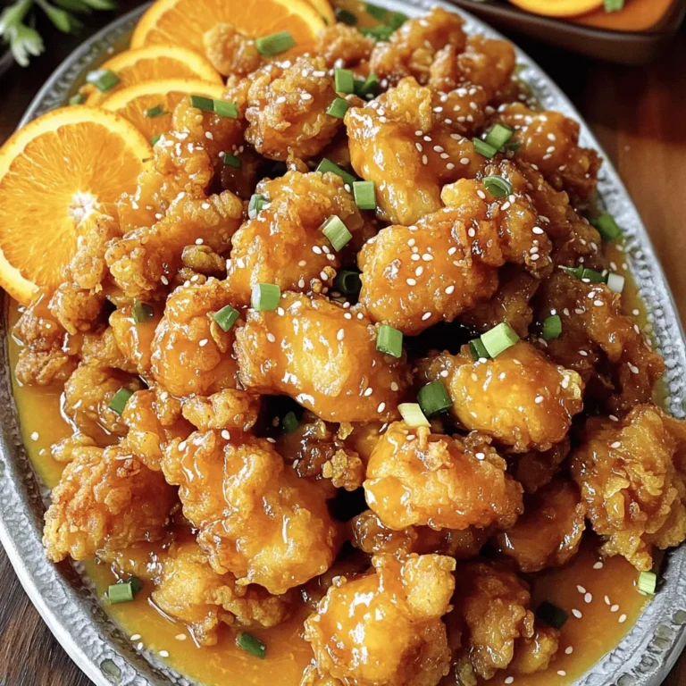 - 1 lb boneless chicken thighs - 1 cup all-purpose flour - 2 eggs, beaten - 1 cup panko breadcrumbs - 1 tablespoon cornstarch - Salt and pepper to taste - Oil for frying - 1 cup fresh orange juice - Zest of 1 orange - 1/4 cup honey - 2 tablespoons soy sauce - 1 tablespoon rice vinegar - 1 teaspoon ginger, minced - 1 teaspoon garlic, minced - Cornstarch slurry (1 tablespoon cornstarch mixed with 2 tablespoons water) For this recipe, I love using boneless chicken thighs. They stay juicy and tender. The panko breadcrumbs give the chicken a great crunch. The orange sauce adds a sweet and tangy flavor that makes every bite pop. To make the sauce, fresh orange juice is key. The zest of the orange will boost the flavor even more. Honey adds sweetness, while soy sauce and rice vinegar add depth. Ginger and garlic give it a nice kick. Using cornstarch in both the chicken coating and the sauce thickens everything nicely. You can find all the details in the Full Recipe. Enjoy! - Season chicken pieces with salt and pepper. - Set up a breading station with three bowls. First, take your chicken thighs and cut them into bite-sized pieces. This helps them cook evenly and makes them easy to eat. Next, sprinkle salt and pepper on the chicken. This simple step adds a basic yet essential flavor base. Now, let’s create your breading station. You need three bowls: one for flour, one for beaten eggs, and one for panko breadcrumbs mixed with cornstarch. This setup keeps the process neat and helps the chicken get a crispy coating. - Dredge in flour, dip in eggs, coat with panko. - Set aside to rest on a wire rack. Take each piece of chicken and dredge it in flour. Make sure to shake off any extra flour. This step ensures that the egg will stick better. Next, dip the chicken into the beaten eggs. The egg acts as a glue for the panko. Finally, coat the chicken with the panko breadcrumbs. Press gently to make sure the crumbs stick well. After breading, set the chicken pieces aside on a wire rack. This resting time helps the coating set. - Combine sauce ingredients in a saucepan over medium heat. - Stir in cornstarch slurry and thicken. In a saucepan over medium heat, combine your sauce ingredients. You will need fresh orange juice, orange zest, honey, soy sauce, rice vinegar, ginger, and garlic. Stir everything together and bring to a simmer. Once the sauce is simmering, it’s time to thicken it. Stir in the cornstarch slurry. This is a mixture of cornstarch and water. Keep stirring for about 2-3 minutes until the sauce thickens. Then, remove it from the heat. - Heat oil in a skillet or pot. - Fry chicken pieces until golden brown. In a deep skillet or pot, heat oil over medium-high heat. You want enough oil to submerge the chicken pieces. To test if the oil is hot enough, drop in a breadcrumb. It should sizzle right away. Fry the chicken pieces in batches. Cook them for about 4-5 minutes, or until they are golden brown and crispy. After frying, place the chicken on paper towels to drain any excess oil. - Toss fried chicken with the orange sauce. In a large mixing bowl, toss the crispy fried chicken with the orange sauce. Make sure all the pieces are well coated. This combination is where the magic happens, bringing all the flavors together. - Garnish and plate the dish attractively. When serving, plate the chicken on a large platter. Drizzle extra sauce on top for a glossy finish. Garnish with sesame seeds and chopped green onions for a pop of color and flavor. This adds not just taste but also makes the dish look inviting. For a full recipe, remember to check the detailed instructions and tips in the [Full Recipe]. To make your crispy orange chicken truly stand out, I recommend using panko breadcrumbs. They give a crunchier texture than regular breadcrumbs. First, prepare your chicken by cutting it into bite-sized pieces. Then, set up your breading station with flour, beaten eggs, and panko. Make sure the oil is hot enough before frying. You can test this by dropping in a small piece of breading; if it sizzles, you’re ready to go. Want to spice things up? Add red pepper flakes to your orange sauce for a nice kick. Just a pinch can elevate the dish! You can also try adding citrus zests, like lemon or lime. This will add new layers of flavor to your sauce. Feel free to mix and match to find your favorite combination. When frying, avoid overcrowding the pan. This helps the chicken cook evenly and stay crispy. If you add too many pieces at once, the temperature drops. Use a thermometer to keep an eye on the oil temperature. Aim for around 350°F for the best results. This ensures a golden brown finish on your chicken. For more details on making this dish, check the Full Recipe. {{image_2}} You can switch chicken with shrimp or tofu. Shrimp cooks fast and tastes great with orange sauce. Tofu gives a nice texture and absorbs flavors well. If you want a leaner dish, use chicken breast instead of thighs. This will make your meal lighter without losing flavor. If you want to change things up, try a sweet chili sauce. This sauce adds a lovely kick and sweetness. You can also explore a sesame ginger sauce for a unique twist. The sesame oil and ginger give a deep flavor that contrasts nicely with the orange. Crispy orange chicken is great over rice or noodles. These base foods soak up the sauce well. For a balanced meal, pair it with steamed vegetables. Broccoli or snap peas work well and add color to your plate. The combination makes for a tasty, complete meal. For the full recipe, check out the detailed steps provided earlier. To keep your crispy orange chicken fresh, store it in an airtight container. The refrigerator is best for this. You should eat it within 2-3 days for the best taste and texture. When you want to reheat your chicken, use an oven for the best results. The oven helps keep the chicken crispy. If you need a quick option, the microwave works too. Just know that it may lose some crunch in the process. You can freeze uncooked breaded chicken if you want to save some for later. This way, you can fry it fresh when you’re ready. If you freeze it, make sure to thaw it thoroughly before frying. This helps ensure it cooks evenly and gets that crispy finish. To make crispy orange chicken at home, follow these simple steps: 1. Prepare the Chicken: Cut the chicken thighs into bite-sized pieces. Season with salt and pepper. 2. Set Up a Breading Station: Use three bowls. Put flour in one, beaten eggs in another, and panko breadcrumbs mixed with cornstarch in the last. 3. Bread the Chicken: Dredge each chicken piece in flour, then dip in eggs, and coat with panko. Place them on a wire rack to rest. 4. Make the Orange Sauce: Mix orange juice, zest, honey, soy sauce, rice vinegar, ginger, and garlic in a saucepan over medium heat. 5. Thicken the Sauce: Add the cornstarch slurry and stir until thickened. 6. Fry the Chicken: Heat oil in a deep skillet, fry the chicken until golden brown. 7. Combine Chicken and Sauce: Toss the fried chicken in the orange sauce. Yes, you can use chicken breasts instead of thighs. Chicken breasts are leaner. They cook faster and have less fat. However, they may not be as juicy as thighs. Thighs provide more flavor and tenderness. Choose based on your taste preference. If you don’t have panko breadcrumbs, try these options: - Regular breadcrumbs - Crushed cornflakes - Crushed crackers - Ground nuts These alternatives can provide a nice crunch, but panko gives the best texture. Crispy orange chicken is not very spicy. It has a sweet and tangy flavor. If you want more heat, add red pepper flakes or sriracha to the sauce. Adjust the spice to your liking. Yes, you can prepare the orange sauce ahead of time. Make it a day before and store it in the fridge. Just reheat it before tossing it with the chicken. This saves time when you cook. Crispy orange chicken is not gluten-free because of the panko breadcrumbs and soy sauce. To make it gluten-free, use gluten-free breadcrumbs and tamari instead of soy sauce. Check labels to ensure all ingredients fit your diet. This guide covers how to make crispy orange chicken step by step. We explored the key ingredients, which include chicken, flour, and panko breadcrumbs. I shared tips for frying and enhancing flavors. You can also try variations with other proteins or sauces. Proper storage and reheating methods keep leftovers fresh. With these insights, you can create a dish that's both tasty and satisfying. Enjoy your cooking adventure, and don’t forget to share your results!