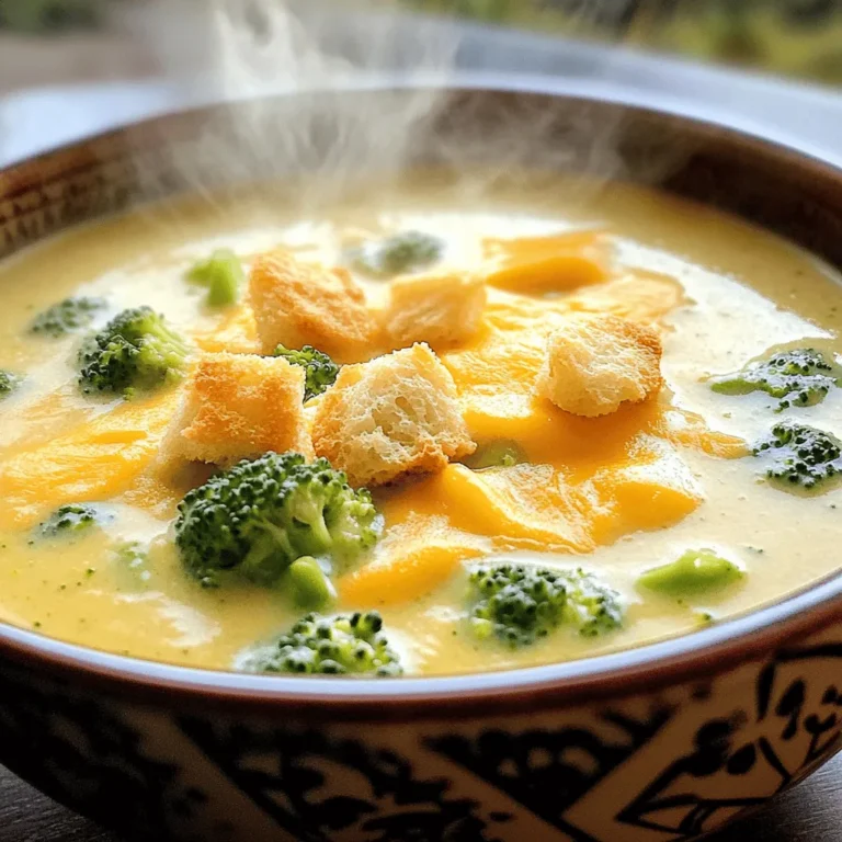 To make this soup, we start with fresh broccoli. You will need 4 cups of broccoli florets. Chop them into bite-sized pieces for even cooking. Next, we add aromatics to build flavor. One medium onion, diced, gives a sweet touch. Two cloves of minced garlic add depth. A medium carrot, grated, brings sweetness and color. These ingredients create a strong base for your soup. For creaminess, we use 1 cup of heavy cream. This makes the soup rich and smooth. The star, however, is the cheese. You will need 2 cups of shredded sharp cheddar cheese. This cheese melts well and adds a bold flavor. We also need 4 cups of vegetable broth. This broth helps to cook the broccoli and adds savoriness. Seasoning is key to great taste. Use 1 teaspoon of mustard powder for a hint of tang. Don’t forget salt and pepper to taste. Optional garnishes can elevate your soup. Croutons add a fun crunch. They create a nice contrast to the creamy texture. You can find the full recipe for all these ingredients in the section above. Start by gathering all your ingredients. You need fresh broccoli florets, diced onion, and minced garlic. Don’t forget the grated carrot too! Measure out your vegetable broth and heavy cream. Lastly, get the sharp cheddar cheese ready for melting. This preparation keeps your cooking smooth and easy. In a large pot, add three tablespoons of butter. Heat this over medium heat until it melts. Toss in the diced onion and sauté it until it turns clear, about three to four minutes. Next, add the minced garlic and grated carrot. Cook these for two minutes to bring out their flavors. Now, throw in the broccoli florets and pour in the vegetable broth. Bring this mixture to a boil, and then lower the heat. Let it simmer for about ten to twelve minutes until the broccoli is tender. Now it’s time to blend! Use an immersion blender to puree the soup until it’s smooth. If you like some chunks, blend only half of it. Pour in the heavy cream, mustard powder, and shredded cheddar cheese. Stir this over low heat until the cheese melts and the soup is warm. Season with salt and pepper to taste. Enjoy a warm bowl of creamy goodness, topped with croutons if you like! For the full recipe, check out the details above. To boost flavor in your creamy broccoli cheddar soup, try adding fresh herbs. A splash of lemon juice brightens the taste. If you like a kick, sprinkle in some red pepper flakes. You can also sauté the onion and garlic longer for a deeper flavor base. Sharp cheddar cheese is best for this soup. It gives a rich flavor that pairs well with broccoli. You can mix in some Gruyère for a nutty twist. Avoid pre-shredded cheese as it contains anti-caking agents, which can affect melting. For a smooth and creamy soup, use an immersion blender. If you want some texture, blend only half of the soup. This way, you keep some broccoli chunks. Blend until smooth, but don’t overdo it. You want a nice balance between creamy and chunky. For more detailed steps, check the Full Recipe. {{image_2}} To boost nutrition, consider adding some cooked chicken or beans. They add protein and make the soup heartier. You can also toss in some spinach or kale. These greens add vitamins and minerals. Just add them when you add the broccoli. They will cook down nicely. If you want a lighter version, use low-fat milk instead of heavy cream. You can also try almond or oat milk for a dairy-free option. These alternatives may change the taste slightly, but they work well. Just make sure to choose unsweetened versions for best results. To change the flavor, add spices like paprika or cayenne pepper. They add warmth and a bit of heat. Fresh herbs like thyme or basil can also brighten the soup. Add them just before serving for the best flavor. Remember, small changes can create a whole new dish. For the full recipe, check out the Creamy Broccoli Cheddar Bliss. You can store leftover creamy broccoli cheddar soup in the fridge. Pour the soup into a sealed container. It stays fresh for up to three days. Before serving, check for any changes in smell or texture. To freeze the soup, let it cool completely. Then, use a freezer-safe container. Leave some space at the top for expansion. It keeps well for up to three months. When you’re ready to use it, thaw it overnight in the fridge. Reheat your soup on the stove for best results. Use low heat and stir often. If it seems too thick, add a splash of broth or cream. You can also use a microwave, but stir halfway for even heating. Enjoy your warm bowl of soup! For the full recipe, check out the Creamy Broccoli Cheddar Bliss section. Yes, you can use frozen broccoli in this soup. Frozen broccoli is just as healthy. It cooks quickly and saves prep time. Just add it straight to the pot. Cook it until it warms through. This method works well and keeps the soup tasty. To make this soup vegan, swap out a few ingredients. Use plant-based butter instead of regular butter. Choose coconut cream or almond milk in place of heavy cream. Use vegan cheese for the cheddar. These swaps keep the flavor rich and creamy, just like the original. This soup pairs well with many sides. A nice crusty bread or soft rolls is a great choice. You could also serve it with a fresh salad. For a heartier meal, try grilled cheese sandwiches. Each option adds a lovely touch to your meal. We've explored how to make creamy broccoli cheddar soup, from ingredients to storage. You learned about fresh broccoli, aromatics, and dairy components that boost flavor. We broke down each step, ensuring a smooth blend and rich texture. Tips on enhancing flavor and unique variations add fun twists. Lastly, proper storage keeps your soup fresh. Remember, with this recipe, you can enjoy a warm bowl full of comfort. Each step helps you create a dish that’s tasty and packed with nutrition. Enjoy every spoonful!