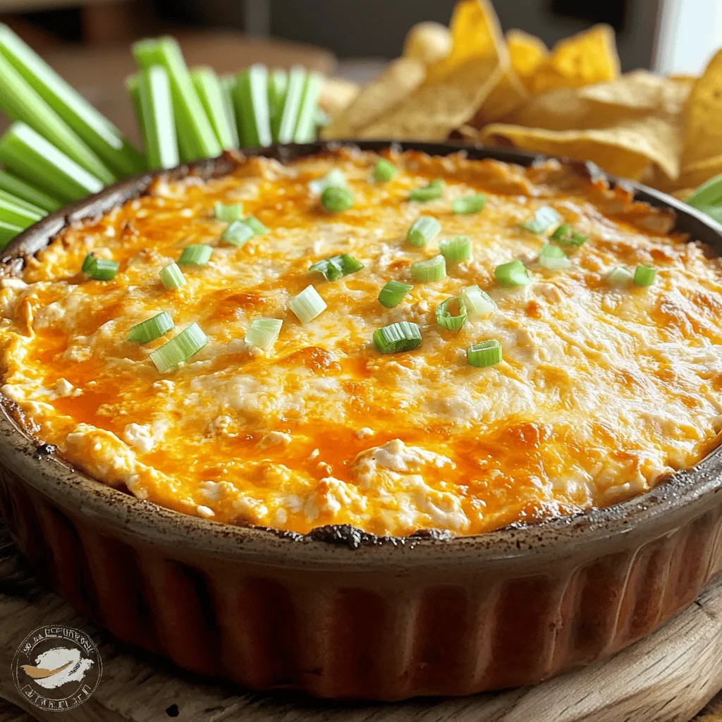 - 2 cups shredded cooked chicken - 1 cup cream cheese, softened - 1/2 cup sour cream - 1/2 cup mayonnaise Buffalo chicken dip starts with these four key ingredients. The shredded chicken adds protein and heartiness. Cream cheese makes the dip creamy and smooth. Sour cream and mayonnaise add tang and richness. Together, they create a perfect base for our dip. - 1 cup shredded cheddar cheese - 1/2 cup crumbled blue cheese (optional) Cheese takes this dip to the next level. I love using cheddar for its sharp taste. It melts beautifully and adds a rich flavor. If you enjoy blue cheese, add it for a bold kick. You can always skip it if you prefer a milder taste. - 1 cup buffalo wing sauce (adjust to taste) - 2 green onions, chopped - Salt and pepper to taste Buffalo sauce is the star of this dish. You can adjust the amount based on how spicy you like it. I like to add green onions for a fresh crunch. Finally, season with salt and pepper to enhance all the flavors. For the full recipe, check out the details above! - Preheat oven to 350°F (175°C). - In a large bowl, combine cream cheese, sour cream, and mayonnaise. - Mix until smooth and creamy. This step is key. You want your base to be rich and well-blended. It makes the dip creamy and delightful. - Stir in buffalo wing sauce, adjusting the spice level to your taste. - Add shredded chicken and fold in the cheeses. Make sure to mix well. You want every bite to be full of flavor. The chicken adds protein, while the sauce gives it that classic buffalo taste. - Transfer the mixture to a baking dish. - Bake for 20-25 minutes until bubbly and golden. Watch it closely as it bakes. The dip should be hot and slightly golden around the edges. This step makes it perfect for dipping. Enjoy it warm for the best flavor. For the complete process, refer to the Full Recipe. Serve your Buffalo Chicken Dip warm for the best taste. Pair it with tortilla chips. Celery and carrot sticks also work well. Arrange these dippables around your dip for a nice look. A decorative baking dish makes it even more appealing. You can change the spice level by adjusting the buffalo sauce. For mild, use less sauce. For medium, stick to the recipe. If you like it hot, add more sauce. Experiment to find your perfect balance. This dip should match your taste. You can prepare this dip a day in advance. Mix all the ingredients and store it in the fridge. This saves time on party day. Before serving, bake it as directed. If you have leftovers, store them in an airtight container. Reheat gently in the oven or microwave for the best flavor. Enjoy every bite! {{image_2}} You can make your Buffalo Chicken Dip even better by adding vegetables. Diced bell peppers add a nice crunch. Spinach gives a pop of color and nutrients. Just chop them up small and mix them in with the other ingredients. This makes the dip not only tasty but also a bit healthier. If you want to change up the protein, consider using shredded rotisserie turkey. It has a mild flavor and works well in this dip. For a plant-based option, try using shredded jackfruit or a store-bought meat substitute. These options keep the dip hearty, but cater to different diets. To kick up the heat, try different hot sauces. Each brand has its own flavor and spice level. You can also add sliced jalapeños for extra heat and texture. This way, you can make your dip as spicy as you like. To store leftovers, let the dip cool first. Then, place it in an airtight container. It will last up to three days in the fridge. When you want to eat it again, just take it out and let it sit for a few minutes. This helps it warm up a bit. You can freeze this dip too! Pour the cooled dip into a freezer-safe container. It will keep well for up to three months. When you are ready to enjoy it, remove it from the freezer. Let it thaw in the fridge overnight before reheating. To reheat, I suggest using an oven or microwave. For the oven, preheat it to 350°F (175°C). Place the dip in a baking dish and cover it with foil. Heat for about 20 minutes, or until it’s hot and bubbly. If using a microwave, heat it in short bursts of 30 seconds, stirring in between. This way, it warms evenly. Enjoy your tasty dip! Buffalo Chicken Dip can last about three to four days in the fridge. To keep it fresh, store it in an airtight container. If you see any signs of spoilage, like off smells or mold, toss it out. Always reheat thoroughly before serving. Yes, you can make Buffalo Chicken Dip in a slow cooker! Simply mix all your ingredients in the slow cooker. Set it on low for about two to three hours or until hot and bubbly. Stir occasionally for even cooking. This method keeps the dip warm for your guests. Buffalo Chicken Dip pairs well with a variety of dippables. Here are some great options: - Tortilla chips - Celery sticks - Carrot sticks - Pita bread - Crackers These choices add crunch and help balance the heat of the dip. You can also serve it with a fresh salad for a complete meal. Check out the Full Recipe for more details! This blog post walks you through making a tasty Buffalo Chicken Dip. You learned about the main ingredients, including chicken, cheeses, and a spicy sauce. I shared key steps from preparation to baking, plus tips on serving and adjusting spice levels. Enjoying this dip with chips or veggies enhances the fun. You can even try new flavors with the variations I suggested. Now, whether you make it ahead or store leftovers, this dip is sure to delight. Dive in and enjoy every delicious bite!
