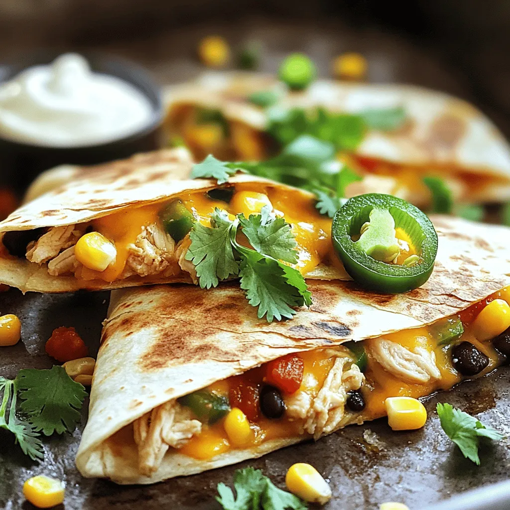 To make spicy chicken quesadillas, gather these ingredients for a zesty flavor. - 2 large chicken breasts, diced - 1 tablespoon olive oil - 1 teaspoon taco seasoning - 1 teaspoon smoked paprika - 1 jalapeño, finely chopped (seeds removed for less heat) - 1 cup corn kernels (fresh, canned, or frozen) - 1 cup black beans, rinsed and drained - 1 cup shredded cheddar cheese - 1 cup shredded Monterey Jack cheese - 4 large flour tortillas - Salt and pepper, to taste - 1/4 cup fresh cilantro, chopped (for garnish) - Sour cream and salsa (for serving) These ingredients give the quesadillas a rich and bold taste. The chicken provides protein, while the cheese adds creaminess. The jalapeño and spices bring the heat. Corn and black beans add texture and flavor. This mix creates a delicious meal that everyone will love. For the complete cooking instructions, check the Full Recipe. - Heat the skillet and add 1 tablespoon of olive oil. - Take 2 large diced chicken breasts and add them to the hot skillet. - Season with 1 teaspoon of taco seasoning, 1 teaspoon of smoked paprika, salt, and pepper. - Cook for about 7-10 minutes until the chicken is fully cooked and no longer pink. - Next, incorporate 1 finely chopped jalapeño, 1 cup of corn, and 1 cup of black beans into the skillet. - Mix everything well and heat through for 2-3 minutes. - Take a large tortilla and place it in another skillet over medium heat. - Layer half of 1 cup of shredded cheddar cheese and half of 1 cup of Monterey Jack cheese on the tortilla. - On one half of the tortilla, add a generous scoop of the chicken mixture. - Fold the other half over the filling and press it down gently. - Cook for about 3-4 minutes until golden brown, then flip and cook for another 3-4 minutes. - Repeat with the remaining tortillas and filling. - Once cooked, slice into wedges and garnish with chopped cilantro. Serve with sour cream and salsa. To make the best quesadillas, start with the right skillet temperature. Heat your skillet over medium heat. This helps the quesadilla cook evenly. If it’s too hot, the outside burns before the inside warms. Next, use a mix of cheeses for the best flavor. I love combining cheddar and Monterey Jack. This mix melts well and adds a nice creaminess. You can choose your favorites too, but this combo works wonders. Pair your quesadillas with guacamole and different salsas. The coolness of guacamole balances the heat of the chicken. Salsa adds another layer of flavor. You can try mild salsa or go for something spicy. Adding toppings like avocado or hot sauce can elevate your meal. Fresh avocado brings a creamy texture. A dash of hot sauce adds extra kick if you like heat. You can make these quesadillas vegetarian easily. Just swap the chicken for roasted vegetables. Bell peppers, onions, and mushrooms work great. You can also add beans for protein. Want to spice it up? Add more chilies to the mix. You can use diced serranos or extra jalapeños. This will make your quesadillas even more flavorful. You can adjust the heat to your liking. For the full recipe, check the link in the article. {{image_2}} You can swap chicken for beef or shrimp. Beef gives a rich taste. Shrimp cooks fast and adds a seafood twist. For a vegetarian option, try plant-based proteins like tofu or tempeh. These options still pack flavor and make a delightful meal. To enhance your quesadillas, play with spices or herbs. Try adding cumin or oregano for a new taste. Fresh herbs like cilantro give a fragrant twist. You can also mix in diced tomatoes or bell peppers. These ingredients add freshness and color. If you want a healthier dish, use whole wheat tortillas. They provide more fiber and nutrients. You can also cut back on cheese for a lighter version. Try using less cheese or a low-fat option. This way, you keep the taste while making it healthier. To store leftover quesadillas, let them cool down first. Once cool, wrap them tightly in plastic wrap or foil. You can also use an airtight container. This keeps them fresh and tasty. I prefer using glass containers, as they are better for the environment. If you want to save quesadillas for longer, freezing is a great choice. Wrap each quesadilla in plastic wrap or foil. Then, place them in a freezer-safe bag. This helps prevent freezer burn. When you are ready to eat, remove them from the freezer. You can reheat them in the oven or microwave. Quesadillas last about 3 to 4 days in the fridge. After that, they may not taste as good. Check for signs of spoilage, like a strange smell or mold. If they look or smell off, it’s best to toss them out. Keeping track of how long they have been stored will help you enjoy them at their best! To make your quesadillas milder, remove the seeds from the jalapeños. The seeds hold most of the heat. You can also use less jalapeño or swap it for a milder pepper like a bell pepper. Adding more cheese or sour cream can balance the heat as well. Yes, you can prepare the filling ahead of time. Cook the chicken, jalapeños, corn, and black beans, then let it cool. Store it in the fridge for up to two days. When you're ready to cook, just heat the filling before assembling the quesadillas. Quesadillas shine with tasty sides. I recommend serving them with guacamole, salsa, and sour cream. A fresh salad or chips can also add a nice crunch. You can also try serving them with refried beans for extra flavor. For the full cooking instructions for Fiery Chicken Quesadillas , check out the [Full Recipe]. In this blog post, we've covered a simple and tasty way to make Spicy Chicken Quesadillas. You learned about the key ingredients, step-by-step cooking instructions, and tips for perfecting your dish. I shared ways to customize your quesadillas with different proteins and flavors. You also found helpful storage tips to keep leftovers fresh. Enjoy creating delicious, spicy meals that delight your taste buds! With these easy instructions, you can impress your friends and family. Happy cooking!