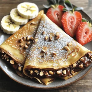 To make chocolate hazelnut stuffed crepes, you need fresh and simple ingredients. Here’s what you’ll need: - 1 cup all-purpose flour - 2 large eggs - 1 1/2 cups milk - 2 tablespoons melted butter - 2 tablespoons sugar - 1 teaspoon vanilla extract - 1/2 cup chocolate hazelnut spread - 1/4 cup crushed hazelnuts (for garnish) - Powdered sugar (for dusting) - Fresh strawberries or bananas (for serving, optional) These ingredients come together to create a delightful treat. The all-purpose flour gives the crepes a soft texture. Eggs and milk add richness. Melted butter helps with flavor and makes the crepes easy to cook. Sugar and vanilla extract add a touch of sweetness. The chocolate hazelnut spread is the star, bringing a creamy, chocolatey flavor. Finally, crushed hazelnuts add a nice crunch. When you gather these ingredients, make sure they are fresh. This will help your crepes taste their best. You can find most of these items in your kitchen or local store. For the full recipe, follow the steps carefully to ensure great results. - First, whisk together 1 cup of all-purpose flour and 2 tablespoons of sugar in a mixing bowl. This mix will be the base for your crepes. - In another bowl, combine 2 large eggs, 1 1/2 cups of milk, 2 tablespoons of melted butter, and 1 teaspoon of vanilla extract. Whisk these until smooth and creamy. - Gradually pour the wet mix into the dry ingredients while whisking. This helps avoid lumps. Once mixed, let the batter rest for 20 minutes. Resting is key for soft crepes. - Heat a non-stick skillet over medium heat. Lightly grease it with a bit of butter. - Pour about 1/4 cup of batter into the skillet. Quickly swirl it around to create a thin layer. Cook for about 2 minutes, until the edges lift and the bottom turns golden. - Flip the crepe carefully and cook for another minute on the other side. Transfer it to a plate and repeat this for the remaining batter. Stack your crepes as you go. - Now, for the fun part! Spread about a tablespoon of chocolate hazelnut spread in the center of each crepe. - Fold the crepes in half, and then fold them in half again to form a triangle shape. - Place these stuffed crepes on a serving plate. Dust with powdered sugar and sprinkle crushed hazelnuts on top for a nice crunch. Enjoy your delicious treat! For the full recipe, refer to the earlier section. To make great crepes, you need the right batter. Aim for a smooth and thin mix. It should pour easily, like heavy cream. If it’s too thick, add a little milk. If it’s too runny, add a bit of flour. When cooking, medium heat works best. Too low, and the crepes won’t cook well. Too high, and they will burn. Keep an eye on them. You want the edges to lift slightly when they are ready to flip. Crepes can stick to the pan. To avoid this, use a non-stick skillet. Lightly grease it with butter before pouring the batter. Just enough to coat the surface is best. Making your crepes look nice is fun! For a sweet touch, dust them with powdered sugar. To do this, use a fine sieve. Hold it high above the crepes and shake gently. This gives a nice, even layer. Garnishing with crushed hazelnuts adds crunch. Just sprinkle them over the top. You can also use whole hazelnuts for a nice look. Adding fresh fruit, like strawberries or bananas, brightens your dish. Slice them thin and place them on the side. This adds color and flavor. It is simple but makes a big difference. For the full recipe, check the complete guide above. {{image_2}} You can easily switch up the flavors in your crepes. Try using different spreads like peanut butter or fruit jams. Both options bring new tastes to the table. If you want a richer chocolate flavor, add a little cocoa powder to the batter. This simple tweak will make your crepes even more decadent and fun. If you need gluten-free options, almond flour works great. It gives a nice texture and flavor. For those following a vegan diet, use plant-based milk and flaxseed eggs. This way, you can enjoy delicious crepes without any animal products. Both alternatives allow you to savor the joy of crepes while meeting your dietary needs. - To store cooked crepes, let them cool down first. - Place parchment paper between each crepe to prevent sticking. - Use an airtight container for storage. - You can refrigerate them for up to three days. - For longer storage, freeze them. Wrap each crepe tightly in plastic wrap. - Place the wrapped crepes in a freezer bag. They can last up to two months. - To reheat crepes, use a non-stick skillet over low heat. - You can also use a microwave, but be careful not to overheat. - Heat each crepe for about 30 seconds on each side. - For the microwave, warm them for 15-20 seconds. - To keep them soft, cover the crepe with a damp paper towel while reheating. - This helps maintain moisture and a nice texture. Can I make the batter in advance? Yes, you can make the batter a day ahead. Just cover it and chill in the fridge. Before you cook, let it sit at room temp for about 30 minutes. This helps the batter to warm up. How do I fix a lumpy batter? If your batter is lumpy, just whisk it more. You can also pass it through a fine sieve. This will remove lumps and create a smooth batter. What’s the best way to keep crepes warm? To keep crepes warm, stack them on a plate and cover with foil. You can also place them in a low oven (about 200°F) until you are ready to serve. Can I use homemade chocolate hazelnut spread? Absolutely! Homemade chocolate hazelnut spread works well. It can add a special touch to your crepes. What are the best toppings for stuffed crepes? Great toppings include sliced strawberries, bananas, or whipped cream. You can also add crushed hazelnuts or a drizzle of chocolate sauce for extra flavor. How can I adjust the sweetness of the crepes? Adjust the sweetness by adding less sugar in the batter. You can also skip the powdered sugar on top or use a sweeter spread. You now know how to make delicious chocolate hazelnut stuffed crepes. We covered the essential ingredients and steps to cook them just right. Plus, I shared tips to elevate your crepe game. Feel free to experiment with flavors and dietary needs. With these skills, your crepes can impress anyone. Enjoy creating and sharing your tasty treats!
