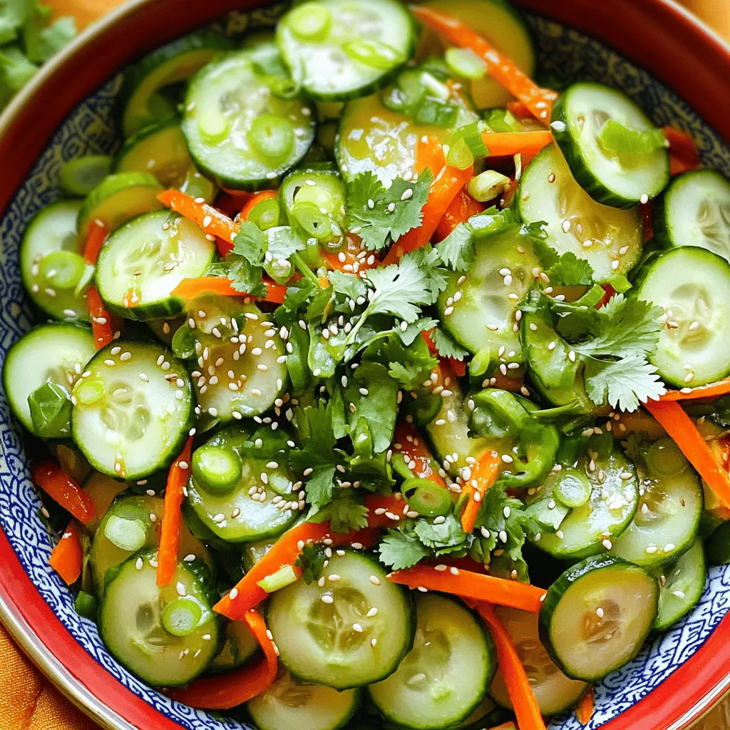 Choose firm cucumbers for the salad. Look for ones that are dark green. I prefer English cucumbers. They are long and have fewer seeds. You can also use Persian cucumbers. They are smaller and very crunchy. Wash them well before slicing. You will need a few more veggies to make this salad shine. Carrots add color and sweetness. Slice them into thin matchsticks, called julienne. Red bell peppers give a nice crunch and a pop of color. Green onions add a mild onion flavor. Lastly, fresh cilantro adds a bright taste. You can leave it out if you don’t like it. The dressing is simple but full of flavor. You will need rice vinegar, soy sauce, and sesame oil. These give the salad a tangy and savory kick. You also add sugar for a hint of sweetness. Chili flakes add heat, but you can adjust the amount. Don’t forget to toss in a little salt to enhance the flavors. For the full recipe, check out the details above! Start by washing the cucumbers well. Use two large cucumbers. Next, thinly slice them. You want nice, round pieces. Then, take one carrot and julienne it. This means cutting it into thin strips. Now, slice one red bell pepper into thin pieces. It adds color and crunch. Finally, chop three green onions and roughly chop a quarter cup of fresh cilantro. Mix all these veggies in a large bowl. In a small bowl, whisk together the dressing. Use three tablespoons of rice vinegar for tanginess. Add two tablespoons of soy sauce for some saltiness. Pour in one tablespoon of sesame oil for a nutty flavor. Then, add one teaspoon of sugar to balance it out. If you like spice, add half a teaspoon of chili flakes. Stir until the sugar dissolves completely. Now, pour the dressing over the mixed veggies. Toss gently to coat everything. Make sure all the vegetables get some dressing. Let the salad sit at room temperature for 15-20 minutes. This helps the flavors mix well. Just before serving, sprinkle toasted sesame seeds on top. Give it another light toss. Your Asian cucumber salad is now ready to enjoy! For a full recipe, check out the detailed instructions above. To boost the taste of your salad, consider adding fresh herbs. Mint and basil add bright notes. You can also mix in some garlic or ginger for extra depth. Adding a splash of lime juice gives it a fresh twist. Adjust the chili flakes based on your heat level. More chili means more kick! This salad pairs well with grilled meats or fish. Serve it as a side dish at barbecues. You can also use it as a filling in wraps or on rice bowls. It's great for summer picnics or potlucks. You can even serve it as a light lunch topped with protein. Serve the salad in a clear bowl to show off its colors. Use large, vibrant bowls or plates for impact. Garnish with extra cilantro and toasted sesame seeds. A sprinkle of chili flakes adds color and spice. These small touches make your dish look gourmet. For a fun twist, consider using small jars for individual servings. Try these tips to make your Asian Cucumber Salad shine. Check out the Full Recipe for all the details! {{image_2}} You can make this salad heartier by adding proteins. Grilled chicken or shrimp pairs well with the crisp veggies. Tofu is a great option for a plant-based choice. Simply cube it and toss it in with the salad. Adding proteins not only boosts the taste but also adds nutrition. Feel free to switch up the dressing for your taste. You can use peanut sauce for a nutty flavor. A sweet soy dressing can add richness. For a tangy kick, try a lime vinaigrette. Each option will change the flavor and make the salad unique. Experiment with different dressings to find your favorite! Using seasonal ingredients can elevate your salad. In summer, add fresh radishes or sliced mango for a sweet twist. In fall, try adding thin apple slices for crunch. You can also include fresh herbs like mint or basil for extra flavor. Seasonal ingredients keep your salad fresh and exciting. For the full recipe and more details, check out the complete guide to Crisp and Zesty Asian Cucumber Salad. To keep your Asian cucumber salad fresh, place it in an airtight container. This keeps air out and protects the salad from drying out. You should store it in the fridge. Glass or plastic containers work well. Avoid leaving it out at room temperature for too long, as it can spoil quickly. Your salad will last about 2 to 3 days in the fridge. After that, the cucumbers may become soggy. To enjoy it at its best, eat it within this time frame. If you notice any off smells or changes in texture, it's best to toss it. If you have leftover salad, you can repurpose it in various dishes. Toss it into a wrap for a crunchy bite. You can also add it to a rice bowl or mix it into a stir-fry for extra flavor. Just remember, the fresher the ingredients, the better the taste! For the full recipe, check out the details above. Yes, you can use different types of cucumbers. English cucumbers are great. They are long and have fewer seeds. Persian cucumbers work well too. They are small and very crunchy. You can even use pickling cucumbers if you want a more tangy taste. Just remember to slice them thinly for the best texture. To make your salad less spicy, simply reduce the chili flakes. Start with a pinch and taste. You can also skip them altogether if you prefer no heat. Adding a bit more sugar can balance the flavors too. If you like, you can mix in some extra veggies like bell peppers, which add sweetness. Yes, you can prepare the salad ahead of time. Just keep the dressing separate until you are ready to serve. Mix the vegetables and store them in the fridge. When you want to eat, pour the dressing over and toss. This keeps the salad crisp and fresh. For the best taste, serve within a day or two. Check the [Full Recipe] for more tips on prep time! In this post, we explored cucumbers, fresh veggies, and delicious dressings. You learned how to prepare, mix, and enhance your salad's flavor. I shared tips for serving and storing your dish. Variations allow for personal touches while fitting seasonal finds. Remember, great salads can be simple and fun. Use the ideas here to craft your unique creation. Enjoy your fresh salad today and boost your meals with more flavors!