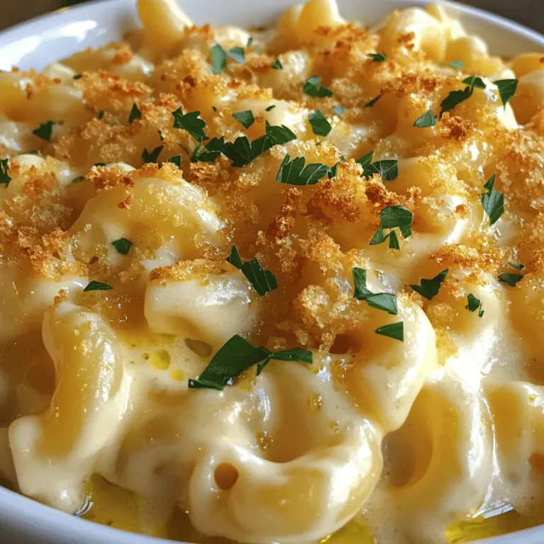 To create a delicious homemade mac and cheese, gather these essential items: - 8 oz elbow macaroni - 4 cups sharp cheddar cheese, shredded - 1 cup Gruyère cheese, shredded - 3 tablespoons unsalted butter - 3 tablespoons all-purpose flour - 3 cups milk (whole or 2%) - 1 teaspoon garlic powder - 1 teaspoon onion powder - 1/2 teaspoon smoked paprika - Salt and pepper to taste - 1/2 cup breadcrumbs (for topping) - 2 tablespoons olive oil (for topping) Using good ingredients makes a big difference. I love using sharp cheddar for that bold flavor. Gruyère adds creaminess and depth. The mix of these cheeses makes the dish rich and smooth. Don't skip the spices; they bring out the flavors beautifully. Feel free to add extras like cooked bacon or steamed broccoli for fun variations. You can also switch up the pasta shape if you want. You can find the full recipe in this guide. Enjoy the creamy delight! To cook elbow macaroni perfectly, start by boiling a large pot of water. Add a pinch of salt before the pasta. This adds flavor! Cook the pasta according to the package instructions. Stir occasionally to keep it from sticking. Once the pasta is al dente, drain it in a colander. Rinsing your macaroni under cold water stops the cooking. This helps keep it firm and prevents clumping. Set the pasta aside while you make the cheese sauce. First, melt three tablespoons of unsalted butter in a large saucepan over medium heat. Once it melts, whisk in three tablespoons of all-purpose flour. This creates a roux. Cook it for one to two minutes until it turns golden. Next, slowly add three cups of milk. Whisk continuously to prevent lumps. This step is key! Keep cooking until the sauce thickens, about five to seven minutes. Now, reduce the heat to low. Stir in four cups of shredded sharp cheddar cheese and one cup of Gruyère cheese. Keep stirring until all the cheese melts and the sauce is smooth. Finally, add one teaspoon of garlic powder, one teaspoon of onion powder, and half a teaspoon of smoked paprika. Season with salt and pepper to taste. Mix the cooked macaroni into the cheese sauce. Stir well until every piece of pasta is coated. Preheat your oven to 350°F (175°C) while you prepare the baking dish. Pour the mac and cheese mixture into a greased baking dish. For a crispy topping, mix half a cup of breadcrumbs with two tablespoons of olive oil. Sprinkle this mixture over the top of your mac and cheese. Bake it in the oven for 25 to 30 minutes. Look for a golden brown and bubbly top. This is when you know it's ready! You can find the full recipe with more details and tips for this homemade mac and cheese dish. Enjoy every bite of this creamy delight! To get a smooth cheese sauce, start by making a roux. This is a mix of butter and flour. Cook it until golden. Then, slowly add milk while whisking. This helps avoid lumps. The key to a creamy sauce is the cheese you choose. Use high-quality cheese for the best flavor and melt. I recommend sharp cheddar and Gruyère. They melt well and create a rich taste. Spices can bring your mac and cheese to life. I love adding garlic powder, onion powder, and smoked paprika. These spices add depth and warmth. You can also mix in extras. Try cooked bacon for a smoky flavor or steamed broccoli for a healthy touch. Other good options are sautéed mushrooms or fresh herbs like thyme or parsley. Baking your mac and cheese gives it a lovely crust. To know when it’s done, look for a golden brown top. It should also bubble at the edges. For a crispy topping, mix breadcrumbs with olive oil. Sprinkle this over the mac and cheese before baking. Bake at 350°F for about 25-30 minutes. This gives you that perfect, satisfying crunch on top. For the full recipe, check out the [Full Recipe]. {{image_2}} Baked mac and cheese adds a crunchy layer. The stovetop version is creamy but lacks that crisp topping. When baking, preheat your oven to 350°F (175°C). Bake for 25-30 minutes. You want a golden brown top and bubbling cheese. This texture change makes it extra special. Gourmet mac and cheese takes it up a notch. You can add luxurious ingredients like lobster or truffle oil. These create a rich flavor that feels fancy. Mixing different cheeses also makes it gourmet. Try Gouda or Fontina for a unique taste. This allows you to explore new flavors in every bite. If you want a lighter meal, there are many options. You can use lower-fat cheese or milk. This cuts calories but keeps the taste. For gluten-free mac and cheese, use gluten-free pasta. Dairy-free options are also available. Substitute regular milk with almond or oat milk. These changes let everyone enjoy this dish. Don't forget to check the [Full Recipe] for more ideas! To store mac and cheese, wait for it to cool. Place it in a clean, airtight container. This helps keep it fresh and tasty. Make sure to eat it within three to four days for the best flavor. When reheating, use the microwave for quick meals. Add a splash of milk to keep it creamy. Stir the mac and cheese halfway through to heat evenly. If you want a crispy top, use the oven. Bake at 350°F (175°C) for about 15 minutes. Cover it with foil to keep it moist, then remove the foil for the last few minutes. You can freeze mac and cheese for later use. First, let it cool completely. Then, scoop it into freezer-safe containers. Make sure to leave some space at the top. The mac and cheese will expand when frozen. It can last up to three months in the freezer. When you're ready to eat it, thaw the container in the fridge overnight. Reheat it in the oven or microwave. If you use the oven, bake it at 350°F (175°C) until hot. Stir in a little milk if it seems dry. This keeps your homemade dish creamy and delightful. For more detailed instructions, check the Full Recipe. To make mac and cheese creamier, focus on the cheese and milk. Use high-quality cheese like sharp cheddar and Gruyère for rich flavor. Whole milk or cream adds extra creaminess. You can also add a touch of cream cheese or sour cream to the sauce. These ingredients create a velvety texture that feels luxurious. Stir constantly while cooking to keep your sauce smooth. Yes, you can use many types of pasta! While elbow macaroni is classic, try cavatappi or shells for a fun twist. These shapes hold the cheese sauce well. Fusilli or penne can also work. Just choose a pasta that cooks well and holds sauce. This lets you enjoy the dish in new ways. Bake mac and cheese for 25-30 minutes at 350°F (175°C). Look for a golden brown top and bubbling cheese. When it’s ready, the edges will be slightly crispy. Let it cool for a few minutes before serving. This gives the dish time to set, making it easier to dish out. For the complete recipe, check out the [Full Recipe]. In this article, we explored the world of mac and cheese. You learned about key ingredients, cooking steps, and tips for a creamy sauce. We also covered tasty variations and storage advice. Remember, you can customize mac and cheese to fit your taste. Use quality ingredients for the best results. With practice, you'll master this comfort food and impress your friends and family. Now, go ahead and create your perfect mac and cheese masterpiece!