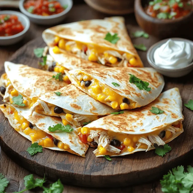 To make easy chicken quesadillas, gather these key items: - 2 cups cooked chicken, shredded - 1 cup shredded cheddar cheese - 1 cup shredded Monterey Jack cheese - 1/2 cup corn (canned or frozen) - 1/2 cup black beans, rinsed and drained - 1/4 cup red bell pepper, diced - 1/4 cup green onion, sliced - 1 teaspoon cumin - 1 teaspoon chili powder - Salt and pepper to taste - 4 large flour tortillas - 2 tablespoons olive oil These ingredients create a tasty blend of flavors and textures. The chicken gives protein, while the cheese adds creaminess. Corn and beans boost the taste and fiber. You can enhance your quesadillas with these optional items: - Jalapeños for heat - Avocado slices for creaminess - Fresh cilantro for freshness - Lime wedges for a zesty kick Using these extras can change the flavor and make your meal unique. Feel free to mix and match based on your taste. If you can’t find something, here are some substitutes: - Use rotisserie chicken instead of cooking your own. - Swap cheddar for pepper jack for a spicier taste. - Try spinach instead of bell pepper for a healthier option. - Use whole wheat tortillas for a fiber boost. These substitutes help you stay flexible in the kitchen. You can still make delicious quesadillas without the exact ingredients. To start, gather your ingredients. You need cooked chicken, cheese, corn, black beans, and peppers. In a large bowl, add: - 2 cups cooked chicken, shredded - 1 cup shredded cheddar cheese - 1 cup shredded Monterey Jack cheese - 1/2 cup corn (canned or frozen) - 1/2 cup black beans, rinsed and drained - 1/4 cup red bell pepper, diced - 1/4 cup green onion, sliced Next, sprinkle in 1 teaspoon of cumin and 1 teaspoon of chili powder. Season with salt and pepper to taste. Mix everything until it’s well combined. This filling is packed with flavor and will make your quesadillas shine. Heat a skillet over medium heat. Add 1 tablespoon of olive oil to the pan. Place one tortilla in the skillet. Spread half of your chicken and cheese filling evenly on one half of the tortilla. Fold the other half over, making a crescent shape. Cook for about 3-4 minutes. You want the bottom to turn golden brown and the cheese to melt. Flip the quesadilla carefully and cook the other side for another 3-4 minutes. Once both sides are golden and crispy, remove the quesadilla from the skillet. Keep it warm while you repeat the process with the other tortillas and filling. Add more olive oil as needed for each batch. Cut each quesadilla into wedges. Arrange them on a platter for a beautiful presentation. You can garnish with chopped cilantro for color. Serve with salsa and sour cream on the side for dipping. These simple additions enhance the flavors and make the meal even more enjoyable. Enjoy your easy chicken quesadillas! For the full recipe, check out the earlier section. You can change this recipe to fit your taste. Try adding cooked veggies like spinach or zucchini. For more heat, toss in jalapeños. You can also switch the cheese types to suit your flavor. Pepper Jack cheese gives a nice kick. You can make these quesadillas in advance. Prepare the filling and store it in your fridge. You can assemble the quesadillas the night before. Just cook them when you are ready to eat. This saves time on busy days. To make these quesadillas, gather a few simple tools: - Large mixing bowl - Skillet - Spatula - Knife - Cutting board These tools will help you create the dish easily. If you have a quesadilla maker, it can speed up the process. Check the Full Recipe for more tips on cooking! {{image_2}} You can easily make a vegetarian quesadilla. Just skip the chicken. Use more veggies like mushrooms, zucchini, and spinach instead. You can also add extra cheese for a creamier taste. Mix in black beans for protein. This option is still filling and tasty. To spice up your chicken quesadillas, add jalapeños or hot sauce to the filling. You can also use pepper jack cheese instead of cheddar. This will give your quesadillas a nice kick. Adjust the spice level to suit your taste. Enjoy the heat! If you love cheese, this variation is for you. Use a mix of your favorite cheeses. Consider mozzarella, gouda, or even feta. You can also add cream cheese for extra creaminess. This will make your quesadillas super cheesy and delicious. Don't forget to check the Full Recipe for more ideas! To keep your chicken quesadillas fresh, store them in an airtight container. Place a paper towel inside to absorb moisture. This will help keep the tortillas crispy. Store them in the fridge for up to three days. If you have more quesadillas than you can eat, consider freezing them. Reheating is simple and quick. Use a skillet for best results. Heat the skillet over medium heat. Place the quesadilla in the skillet for about 3-4 minutes on each side. This will help keep them crispy. You can also use a microwave. Just heat it for about 30 seconds, but the tortilla may get soft. Freezing quesadillas is an easy way to save time. Allow them to cool completely before wrapping. Wrap each quesadilla in plastic wrap, then in foil. This will keep them from freezer burn. Store them in the freezer for up to three months. When ready to eat, thaw in the fridge overnight and reheat as mentioned above. Enjoy the taste of homemade quesadillas anytime! You can keep leftovers in the fridge for up to three days. Store them in an airtight container. If you want to keep them longer, freeze the quesadillas. They last up to three months in the freezer. Just wrap them well in plastic wrap before placing them in a freezer bag. This keeps them fresh and tasty. Yes, you can use corn tortillas. They add a nice flavor. Keep in mind, corn tortillas can break more easily. Use smaller tortillas if you want to avoid this. They are also gluten-free, which is great for those who need it. Just warm them up a bit before filling to make them more pliable. Salsa is a classic choice. It adds zest that pairs well with chicken. Guacamole also works great for a creamy touch. You can try sour cream for added richness. For a kick, drizzle some hot sauce over them. Each dip enhances the flavor of your quesadillas. Feel free to mix and match! For the full recipe, check out the Cheesy Chicken Quesadillas Delight. You learned about the main ingredients for tasty quesadillas, from essentials to substitutes. We explored step-by-step cooking instructions and serving ideas. I shared tips for meal prep, cooking variations, and essential kitchen tools. You also found fun variations, from spicy to vegetarian. Finally, I covered storage tips and common questions. Quesadillas are easy to make and enjoy. Get creative and experiment with flavors!
