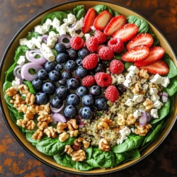 Fresh spinach is the star of this salad. I use 4 cups of washed and dried spinach leaves. Spinach adds a vibrant green color and a mild flavor. It is rich in vitamins A and C, iron, and fiber. This base gives the salad its fresh and nutritious feel. Next, I add 1 cup of mixed berries. I love using strawberries, blueberries, and raspberries. They not only taste great, but they also bring antioxidants to the dish. Berries add sweetness and a pop of color. They brighten up each bite and make the salad exciting. I like to include a variety of other ingredients for texture and flavor. Here’s what I use: - 1/2 cup cooked quinoa, cooled - 1/4 cup walnuts, chopped - 1/4 cup feta cheese, crumbled - 2 tablespoons chia seeds - 1/4 cup red onion, thinly sliced - 3 tablespoons balsamic vinaigrette - Salt and pepper to taste Quinoa gives the salad protein and a nutty taste. Walnuts add crunch, while feta cheese brings a creamy element. Chia seeds are small but mighty, packed with nutrients. The red onion adds a slight bite, and the balsamic vinaigrette ties everything together. You can find the full recipe with preparation instructions to make this delicious salad. Start by washing and drying four cups of fresh spinach leaves. Place them in a large salad bowl. This leafy green is your salad's foundation. It offers vitamins and minerals, making it healthy and crunchy. Next, take half a cup of cooked quinoa. Make sure it's cooled down. Sprinkle it evenly over the spinach. Quinoa adds protein and fiber to your salad. Now, let's add the fun part: the superfoods! Grab one cup of mixed berries, like strawberries, blueberries, and raspberries. Scatter them across the top of your salad. These fruits bring sweetness and vibrant colors. After that, chop a quarter cup of walnuts. Add these to the bowl for a nice crunch. Then, crumble a quarter cup of feta cheese and sprinkle it on top. Feta adds a tangy taste. Add a quarter cup of thinly sliced red onion for some zing. Finally, sprinkle two tablespoons of chia seeds over everything. Chia seeds are tiny but packed with nutrition. Drizzle three tablespoons of balsamic vinaigrette over your salad. This dressing ties all the flavors together. Gently toss the salad to mix everything. Be careful not to bruise the spinach leaves. Season with salt and pepper to taste. Adjust it to your liking. You can serve the salad in a large bowl or divide it into individual servings. For a fancy touch, garnish each plate with extra berries and chia seeds. Enjoy your Berry Spinach Superfood Salad! For the full recipe, check out the details above. When making your Berry Spinach Superfood Salad, fresh ingredients matter. Look for bright, crisp spinach leaves. They should be deep green and free from brown spots. When it comes to berries, choose ones that are plump and firm. Strawberries should be red all over, while blueberries and raspberries should be vibrant and juicy. Fresh quinoa adds a nice texture, so use it right after cooking. Finally, select walnuts that are crunchy and not stale. For this salad, a balsamic vinaigrette works wonders. It adds a sweet and tangy flavor that pairs well with the berries. You can also try a lemon vinaigrette for a zesty touch. If you prefer creamier dressings, a light yogurt dressing is a great choice. Just remember to keep it light, so it doesn’t overpower the fresh flavors. To make your salad pop, add a mix of textures. The crunch of walnuts complements the soft berries perfectly. You can also toss in some seeds, like pumpkin or sunflower seeds, for extra crunch. For a burst of flavor, add thin slices of red onion. If you want a bit more saltiness, crumbled feta cheese is a great addition. These simple tweaks can elevate your Berry Spinach Superfood Salad to a whole new level. For the full recipe, check the details above. {{image_2}} You can boost the protein in your Berry Spinach Superfood Salad. Try adding grilled chicken or shrimp for a heartier meal. Tofu is a great option for a plant-based source. You can also mix in hard-boiled eggs or chickpeas. Each option adds flavor and nutrition. Switch up the fruits based on what is in season. In the spring, use fresh strawberries. Summer might call for peaches or cherries. In the fall, consider adding apples or pears. Each fruit will change the taste and keep the salad exciting. While balsamic vinaigrette is my go-to, you can change it up. A lemon vinaigrette can add brightness. Honey mustard dressing gives a sweet and tangy kick. For a creamy touch, try yogurt-based dressings. Each dressing will give the salad a unique flavor profile. For the complete recipe, check out the [Full Recipe]. You should store your Berry Spinach Superfood Salad in the fridge. Use an airtight container to keep it fresh. This salad stays good for about three days. If you see any wilting, eat it soon. For the best taste, enjoy it within 24 hours. To keep your ingredients fresh, store spinach and berries separately. Spinach wilts quickly, while berries can mold. Wash and dry spinach right before use. For berries, rinse them under cold water just before serving. This way, they remain crisp and juicy. You can prep ingredients the night before. Wash and chop everything except the spinach. Store each ingredient in separate containers. When you’re ready to eat, mix them together. This saves time and makes meal prep easy. Enjoy a fresh salad without the fuss! For the full recipe, check out the Berry Spinach Superfood Salad. This salad packs a powerful punch of nutrients. Spinach is rich in vitamins A, C, and K. It also has iron and calcium. Berries are full of antioxidants, which help protect your cells. They can boost your heart health and improve brain function. Quinoa adds protein and fiber, making it a complete meal. Walnuts provide healthy fats, which are good for your heart. Chia seeds are great for digestion and help you feel full. To make the Berry Spinach Superfood Salad vegan, simply leave out the feta cheese. You can replace it with a vegan cheese or skip it entirely. The salad still tastes great without it. You can enhance the flavors with extra nuts or seeds. This keeps the salad satisfying and nutritious. Yes, you can use frozen berries in this salad. Just make sure to thaw them first. Drain any excess liquid to avoid making the salad soggy. Frozen berries can be just as nutritious as fresh ones. They work well and save time, especially when fresh berries are not in season. Using frozen berries can also add a fun twist to your salad. For the full recipe, check the main section. This blog post showed how to make a Berry Spinach Superfood Salad. You learned about the key ingredients: fresh spinach, mixed berries, and extras that boost flavor. We covered step-by-step instructions for prepping and serving. Tips for selecting ingredients and dressing options helped you enhance your salad. Variations let you customize with proteins and seasonal fruits. We also shared storage tips to keep your salad fresh. Enjoy making this healthy dish. It’s easy and tasty! Now, you can impress your friends and family with your new skills.