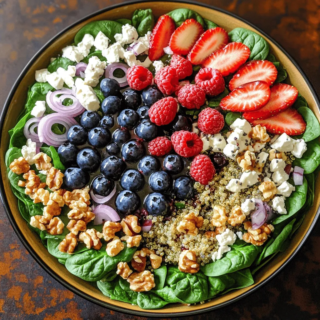 Fresh spinach is the star of this salad. I use 4 cups of washed and dried spinach leaves. Spinach adds a vibrant green color and a mild flavor. It is rich in vitamins A and C, iron, and fiber. This base gives the salad its fresh and nutritious feel. Next, I add 1 cup of mixed berries. I love using strawberries, blueberries, and raspberries. They not only taste great, but they also bring antioxidants to the dish. Berries add sweetness and a pop of color. They brighten up each bite and make the salad exciting. I like to include a variety of other ingredients for texture and flavor. Here’s what I use: - 1/2 cup cooked quinoa, cooled - 1/4 cup walnuts, chopped - 1/4 cup feta cheese, crumbled - 2 tablespoons chia seeds - 1/4 cup red onion, thinly sliced - 3 tablespoons balsamic vinaigrette - Salt and pepper to taste Quinoa gives the salad protein and a nutty taste. Walnuts add crunch, while feta cheese brings a creamy element. Chia seeds are small but mighty, packed with nutrients. The red onion adds a slight bite, and the balsamic vinaigrette ties everything together. You can find the full recipe with preparation instructions to make this delicious salad. Start by washing and drying four cups of fresh spinach leaves. Place them in a large salad bowl. This leafy green is your salad's foundation. It offers vitamins and minerals, making it healthy and crunchy. Next, take half a cup of cooked quinoa. Make sure it's cooled down. Sprinkle it evenly over the spinach. Quinoa adds protein and fiber to your salad. Now, let's add the fun part: the superfoods! Grab one cup of mixed berries, like strawberries, blueberries, and raspberries. Scatter them across the top of your salad. These fruits bring sweetness and vibrant colors. After that, chop a quarter cup of walnuts. Add these to the bowl for a nice crunch. Then, crumble a quarter cup of feta cheese and sprinkle it on top. Feta adds a tangy taste. Add a quarter cup of thinly sliced red onion for some zing. Finally, sprinkle two tablespoons of chia seeds over everything. Chia seeds are tiny but packed with nutrition. Drizzle three tablespoons of balsamic vinaigrette over your salad. This dressing ties all the flavors together. Gently toss the salad to mix everything. Be careful not to bruise the spinach leaves. Season with salt and pepper to taste. Adjust it to your liking. You can serve the salad in a large bowl or divide it into individual servings. For a fancy touch, garnish each plate with extra berries and chia seeds. Enjoy your Berry Spinach Superfood Salad! For the full recipe, check out the details above. When making your Berry Spinach Superfood Salad, fresh ingredients matter. Look for bright, crisp spinach leaves. They should be deep green and free from brown spots. When it comes to berries, choose ones that are plump and firm. Strawberries should be red all over, while blueberries and raspberries should be vibrant and juicy. Fresh quinoa adds a nice texture, so use it right after cooking. Finally, select walnuts that are crunchy and not stale. For this salad, a balsamic vinaigrette works wonders. It adds a sweet and tangy flavor that pairs well with the berries. You can also try a lemon vinaigrette for a zesty touch. If you prefer creamier dressings, a light yogurt dressing is a great choice. Just remember to keep it light, so it doesn’t overpower the fresh flavors. To make your salad pop, add a mix of textures. The crunch of walnuts complements the soft berries perfectly. You can also toss in some seeds, like pumpkin or sunflower seeds, for extra crunch. For a burst of flavor, add thin slices of red onion. If you want a bit more saltiness, crumbled feta cheese is a great addition. These simple tweaks can elevate your Berry Spinach Superfood Salad to a whole new level. For the full recipe, check the details above. {{image_2}} You can boost the protein in your Berry Spinach Superfood Salad. Try adding grilled chicken or shrimp for a heartier meal. Tofu is a great option for a plant-based source. You can also mix in hard-boiled eggs or chickpeas. Each option adds flavor and nutrition. Switch up the fruits based on what is in season. In the spring, use fresh strawberries. Summer might call for peaches or cherries. In the fall, consider adding apples or pears. Each fruit will change the taste and keep the salad exciting. While balsamic vinaigrette is my go-to, you can change it up. A lemon vinaigrette can add brightness. Honey mustard dressing gives a sweet and tangy kick. For a creamy touch, try yogurt-based dressings. Each dressing will give the salad a unique flavor profile. For the complete recipe, check out the [Full Recipe]. You should store your Berry Spinach Superfood Salad in the fridge. Use an airtight container to keep it fresh. This salad stays good for about three days. If you see any wilting, eat it soon. For the best taste, enjoy it within 24 hours. To keep your ingredients fresh, store spinach and berries separately. Spinach wilts quickly, while berries can mold. Wash and dry spinach right before use. For berries, rinse them under cold water just before serving. This way, they remain crisp and juicy. You can prep ingredients the night before. Wash and chop everything except the spinach. Store each ingredient in separate containers. When you’re ready to eat, mix them together. This saves time and makes meal prep easy. Enjoy a fresh salad without the fuss! For the full recipe, check out the Berry Spinach Superfood Salad. This salad packs a powerful punch of nutrients. Spinach is rich in vitamins A, C, and K. It also has iron and calcium. Berries are full of antioxidants, which help protect your cells. They can boost your heart health and improve brain function. Quinoa adds protein and fiber, making it a complete meal. Walnuts provide healthy fats, which are good for your heart. Chia seeds are great for digestion and help you feel full. To make the Berry Spinach Superfood Salad vegan, simply leave out the feta cheese. You can replace it with a vegan cheese or skip it entirely. The salad still tastes great without it. You can enhance the flavors with extra nuts or seeds. This keeps the salad satisfying and nutritious. Yes, you can use frozen berries in this salad. Just make sure to thaw them first. Drain any excess liquid to avoid making the salad soggy. Frozen berries can be just as nutritious as fresh ones. They work well and save time, especially when fresh berries are not in season. Using frozen berries can also add a fun twist to your salad. For the full recipe, check the main section. This blog post showed how to make a Berry Spinach Superfood Salad. You learned about the key ingredients: fresh spinach, mixed berries, and extras that boost flavor. We covered step-by-step instructions for prepping and serving. Tips for selecting ingredients and dressing options helped you enhance your salad. Variations let you customize with proteins and seasonal fruits. We also shared storage tips to keep your salad fresh. Enjoy making this healthy dish. It’s easy and tasty! Now, you can impress your friends and family with your new skills.