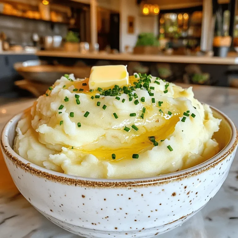 To make creamy garlic mashed potatoes, you need a few key items. Here’s what you should gather: - 2 pounds Yukon Gold potatoes, peeled and cubed - 4 cloves garlic, peeled - 1 cup heavy cream Yukon Gold potatoes work best because they are creamy and buttery. Garlic adds a lovely flavor that makes these potatoes special. Heavy cream gives them that rich, smooth texture that you will love. You can make your mashed potatoes even better with some extras. Consider adding: - 4 tablespoons unsalted butter - 2 tablespoons sour cream - Chives, chopped, for garnish Unsalted butter enhances the creaminess. Sour cream adds a nice tang. Chives give a fresh pop of color and flavor. To finish your dish, you need a few simple seasonings: - Salt, to taste - Freshly ground black pepper, to taste These basic seasonings bring out the flavors in your creamy garlic mashed potatoes. Adjust the salt and pepper to suit your taste. If you're ready to dive into the full recipe, check out the [Full Recipe]. To start, you need to boil the potatoes and garlic. First, fill a large pot with salted water. Then, add the cubed Yukon Gold potatoes and the peeled garlic cloves. Bring the water to a boil over high heat. Cook for about 15 to 20 minutes. You want the potatoes to be fork-tender. Once they are soft, drain the potatoes and garlic well. Return them to the pot to keep them warm. Now, let’s move on to the mashing process. First, add the unsalted butter to the warm potatoes and garlic. The heat will melt the butter quickly. Next, pour in the heavy cream. Use a potato masher to mash everything together. Aim for a smooth and creamy texture. This step is key to making your mashed potatoes rich and delicious. For the final seasoning, stir in the sour cream if you want an extra tangy flavor. Then, season your mashed potatoes with salt and freshly ground black pepper. Taste and adjust the seasoning as needed. Transfer the creamy garlic mashed potatoes to a serving bowl. Top with a pat of butter and garnish with chopped chives for a lovely touch. This recipe is simple and brings a burst of flavor to any meal. For the full recipe, check out the provided link. To get the best creamy texture, use Yukon Gold potatoes. These potatoes are rich and buttery. They mash easily and give a smooth finish. Avoid starchy potatoes like Russets. They can turn your mash gluey. Warm cream and butter make a big difference too. Cold ingredients can shock the potatoes. This can make them less creamy. Heating them slightly helps blend better. Boil your potatoes and garlic together. This saves time and gives great flavor. Start with cold water and bring it to a boil. Cook until fork-tender, about 15-20 minutes. To avoid gluey mashed potatoes, don’t over-mash. Use a potato masher, not a mixer. Mixing can break down starches too much, causing gluey textures. Garlic can add lots of taste. You can use roasted garlic for a sweeter flavor. Or, try adding sautéed garlic for a bolder taste. Incorporate herbs like chives or parsley for freshness. They add color and a nice herbal touch. Mixing in herbs can take your mashed potatoes to the next level. For the full recipe, check out the previous section! {{image_2}} You can add fun twists to creamy garlic mashed potatoes. Try these: - Roasted garlic mashed potatoes: Use roasted garlic instead of raw. It gives a sweet, rich taste. Just roast whole garlic cloves until soft and mix them in while mashing. - Cheesy mashed potatoes with Parmesan: Add a half cup of grated Parmesan cheese. This gives a salty, creamy flavor. It also makes the dish even more delicious! If you have special diets, you can still enjoy this dish: - Vegan alternatives: Swap out heavy cream and butter for almond milk and vegan butter. This keeps it creamy without dairy. You can also add nutritional yeast for a cheesy taste. - Dairy-free adaptations: Use coconut milk instead of heavy cream. This adds a hint of sweetness. Make sure your butter is dairy-free as well. Think about how to serve your creamy garlic mashed potatoes: - Pairing with proteins: These mashed potatoes go well with grilled chicken, steak, or roasted veggies. They make any meal feel fancy. - Presenting as a side dish: Serve them in a nice bowl, topped with chives and a pat of butter. This adds color and looks great on any table. For more tips and a complete guide, check out the Full Recipe for heavenly creamy garlic mashed potatoes! Store your creamy garlic mashed potatoes in the fridge. Use an airtight container to keep them fresh. This step helps maintain their rich taste and smooth texture. To keep them creamy, add a little extra cream when reheating. This method restores their silky feel. You can freeze mashed potatoes for longer storage. Let them cool completely before placing them in freezer bags. Make sure to remove all air from the bags to prevent freezer burn. When you are ready to eat, thaw them overnight in the fridge. Reheat gently on the stove or in the microwave, adding cream for that creamy touch. In the fridge, creamy garlic mashed potatoes usually last about 3 to 5 days. Always check for signs of spoilage. If they smell off or have a strange texture, it's best to throw them out. Keeping your food safe is important! To make mashed potatoes creamy, you need the right ingredients and technique. Start with Yukon Gold potatoes. They have a smooth texture that makes them perfect for mashing. Use warm heavy cream and butter. This helps them mix well and stay creamy. After boiling the potatoes, drain them well. Return them to the pot while they are hot. Mash them quickly to avoid lumps. Always season with salt and pepper to taste. For extra creaminess, you can add sour cream. This gives a nice tangy flavor. Yes, you can use other types of potatoes. However, the texture and flavor will change. Russet potatoes are fluffy but can become gluey if over-mashed. Red potatoes have a waxy texture and are less creamy. They are great if you want a chunkier mash. Sweet potatoes are another option for a different flavor. They are naturally sweet and pair well with garlic. Choose Yukon Gold for the best creamy texture in mashed potatoes. Creamy garlic mashed potatoes last about 3 to 5 days in the fridge. Make sure to store them in an airtight container. This keeps them fresh and prevents drying out. If you want to keep them longer, you can freeze them. In the freezer, they last about 2 to 3 months. When ready to eat, thaw in the fridge overnight. Reheat on the stove or microwave, adding a bit of cream to restore creaminess. In this post, you learned how to make creamy garlic mashed potatoes. We covered key ingredients and step-by-step methods to achieve the perfect texture. Remember, Yukon Gold potatoes and warm cream are vital for creaminess. Don’t forget to explore fun variations and tips for storing leftovers. My final thought: mastering this dish can elevate any meal, making it a true crowd-pleaser. Enjoy your cooking journey!