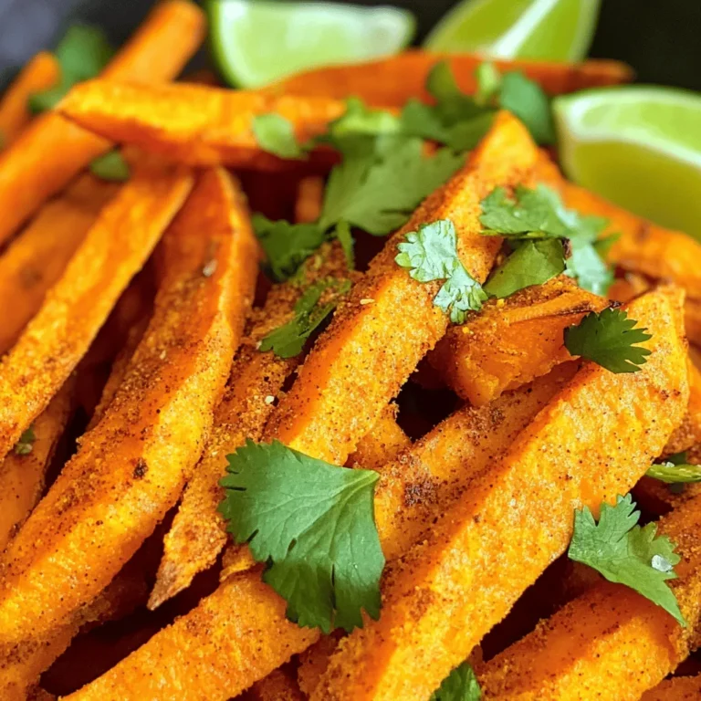 To make spiced sweet potato fries, gather these simple ingredients: - 2 large sweet potatoes, peeled and cut into thin fries - 2 tablespoons olive oil - 1 teaspoon smoked paprika - 1 teaspoon garlic powder - 1 teaspoon ground cumin - 1/2 teaspoon cayenne pepper (adjust for spice preference) - 1/2 teaspoon salt - 1/4 teaspoon black pepper - Fresh cilantro, chopped (for garnish) - Lime wedges (for serving) These ingredients create a delicious flavor profile. Sweet potatoes give a natural sweetness, while the spices add a nice kick. The olive oil helps the fries crisp up nicely in the oven. You can adjust the cayenne pepper to make them as spicy as you like. For a fresh touch, garnish with cilantro and serve with lime wedges. This adds a burst of flavor that pairs well with the fries. Try the full recipe for more detailed steps and tips! - Set the temperature to 425°F (220°C). - Prepare a baking sheet with parchment paper. First, preheating the oven is key. This step ensures the fries cook evenly. The parchment paper helps with easy cleanup and keeps the fries from sticking. - Cut and peel the sweet potatoes. - Toss with olive oil. Next, take your sweet potatoes and peel them. Cut them into thin fries. The thinner they are, the crispier they will get. In a large bowl, drizzle 2 tablespoons of olive oil over the fries. Toss them well, ensuring each fry gets coated. This oil helps the spices stick and makes them crispy. - Combine spices in a small bowl. - Mix spices thoroughly with sweet potatoes. Now, grab a small bowl. Combine the spices: smoked paprika, garlic powder, ground cumin, cayenne pepper, salt, and black pepper. Mix these spices well. Sprinkle the spice mix over the sweet potatoes. Toss them until all the fries are covered. This step adds tons of flavor. - Spread fries evenly on the baking sheet. - Bake time and flipping instructions. Spread the seasoned fries on the baking sheet in a single layer. Make sure they have space. If they touch, they won’t crisp up. Bake for 25-30 minutes. Flip the fries halfway through. This helps them cook evenly and get that golden color. Once they are done, let them sit for a few minutes. This lets them firm up a bit. Now they are ready to serve hot! To get crispy sweet potato fries, spacing is key. Spread the fries out on the baking sheet. Make sure they do not touch each other. This allows hot air to circulate and crisp them up. During baking, use a flipping technique. Halfway through cooking, flip the fries. This helps them brown evenly. If you skip this step, some fries may be soggy. You can modify spice amounts to suit your taste. If you want more heat, add extra cayenne. For a milder flavor, reduce the cayenne. Adding fresh herbs can enhance the taste. Try mixing in parsley or thyme. These herbs add a nice touch and fresh flavor. When choosing cooking methods, baking is best for health. It uses less oil than frying. Frying adds extra fat and calories. You can also use alternative oils. Avocado oil is a great choice. It has a higher smoke point and adds a unique flavor. Try seasoning with herbs instead of salt. This can cut back on sodium while boosting taste. For the full recipe, check out the Sassy Spiced Sweet Potato Fries recipe. {{image_2}} You can mix things up with spices! For a Mediterranean twist, try adding oregano and a splash of lemon juice. This gives your fries a fresh and zesty taste. If you like Asian flavors, use sesame oil and ginger. This adds warmth and depth to the sweet potatoes. You can cut your sweet potatoes in different shapes. Spiralizing them makes a fun twist! It creates curly fries that are crispy on the outside. Traditional cuts give you classic fries that are easy to dip. You can also make wedges. They are thicker and hold more seasoning. Each shape offers a unique experience! Cheese can make your fries extra special. Try adding grated Parmesan or a sprinkle of feta. It melts beautifully and adds a salty kick. You can also mix in vegetables. Bell peppers or zucchini can add color and nutrition. For protein lovers, consider adding cooked chicken or black beans. This makes your dish heartier and more filling. For the full recipe, check out Sassy Spiced Sweet Potato Fries! To keep your spiced sweet potato fries fresh, store them in the fridge. Place the fries in an airtight container. This will help maintain their texture. Try to eat them within two days for the best taste. If they are soggy, you can re-crisp them later. You can reheat your fries in three ways: the oven, the microwave, or the air fryer. To use the oven, set it to 400°F (200°C). Spread the fries on a baking sheet for about 10 minutes. The air fryer works well too. Heat at 350°F (175°C) for about 5 minutes. If you use the microwave, they may become soft. It’s the least preferred method for keeping them crispy. If you want to freeze the fries, be sure to do it correctly. First, let the fries cool completely. Then, spread them in a single layer on a baking sheet. Freeze them for about an hour. Once frozen, transfer them to a freezer bag. To thaw, simply leave them in the fridge overnight. Reheat them in the oven or air fryer for the best results. To achieve crispy sweet potato fries, focus on a few key factors: - Cut size: Cut the fries thin. Thin fries cook better and crisp up nicely. - Oil: Use enough oil to coat the fries well. This helps them crisp in the oven. - Spread out: Lay the fries in a single layer on the baking sheet. Avoid overlapping them. - High heat: Bake at a high temperature, around 425°F (220°C). This helps to create that golden crust. These tips will give you fries that are crunchy outside and soft inside! Yes, you can use regular potatoes like russets or Yukon golds. - Texture: Regular potatoes tend to be crispier when baked. They absorb less moisture than sweet potatoes. - Flavor: Sweet potatoes have a sweeter taste. Regular potatoes provide a more neutral flavor. - Cooking time: All types of potatoes may need slight adjustments in baking time. Try both to find your favorite! There are several tasty sauces you can serve with sweet potato fries: - Ketchup: A classic choice that works with any fry. - Spicy mayo: Mix mayonnaise with sriracha for a kick. - Ranch dressing: Creamy ranch balances the sweet spice of the fries. - Honey mustard: This sweet and tangy sauce is a great match. Experiment with your favorites to find the perfect pairing! You can easily adjust the spice mix to suit your taste: - Less spicy: Reduce or eliminate the cayenne pepper for milder fries. - Herbs: Add dried herbs like oregano or thyme for a fresh twist. - Sweet twist: Mix in some cinnamon or brown sugar for a hint of sweetness. - Smoky flavor: Use smoked paprika to enhance the depth of flavor. Feel free to try different spices until you find your ideal mix! Sweet potatoes are packed with nutrients: - Vitamins: They are high in vitamin A, which is great for your eyes. - Fiber: Sweet potatoes provide fiber, aiding digestion and keeping you full. - Antioxidants: They contain antioxidants that help fight free radicals in the body. - Low glycemic index: This means they can help keep blood sugar levels stable. Adding sweet potatoes to your diet brings delicious flavor and health benefits! You can easily make delicious sweet potato fries at home. Start with fresh ingredients, like sweet potatoes, olive oil, and your favorite spices. Follow the simple steps to prepare and bake them. Use tips for crispiness and healthy options to enhance flavor. Customize with variations or toppings to suit your taste. Store any leftovers properly for later enjoyment. Embrace the health benefits of sweet potatoes while enjoying a great snack. Your kitchen can create these crispy delights with ease and fun!