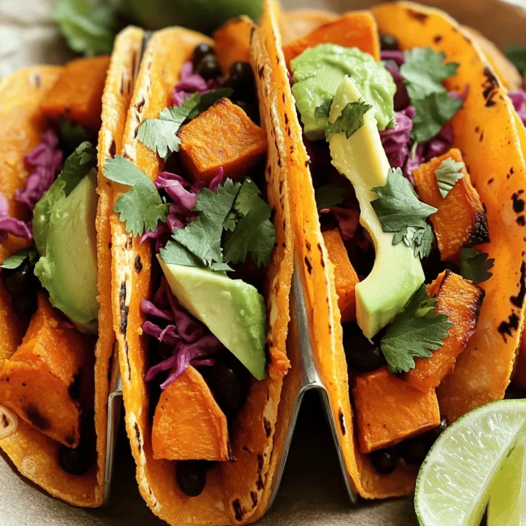 For Sweet Potato Black Bean Tacos, you will need: - 2 medium sweet potatoes, peeled and diced - 1 can (15 oz) black beans, drained and rinsed - 1 tablespoon olive oil - 1 teaspoon cumin - 1 teaspoon chili powder - 1/2 teaspoon smoked paprika - Salt and pepper to taste - 8 small corn tortillas Using fresh produce is key. Fresh sweet potatoes add a natural sweetness. They also bring a creamy texture. Fresh black beans enhance the taste and nutritional value. Always choose ripe avocados and crisp cabbage for the best flavor. Essential spices and seasonings for this recipe include: - Cumin - Chili powder - Smoked paprika - Salt and pepper If you need substitutes, here are some options: - Use pumpkin spice instead of chili powder for a warm flavor. - Swap cumin with coriander for a different kick. - If you lack smoked paprika, regular paprika works too. These spices bring life to the dish, so don’t skip them! To elevate your tacos, consider these toppings: - Sliced avocado - Shredded red cabbage - Fresh cilantro Optional garnishes can make your tacos pop: - Lime wedges for squeezing - Crumbled feta cheese for a tangy touch - A drizzle of hot sauce for heat These toppings not only add flavor but also make your tacos look amazing. Enjoy the vibrant colors and fresh tastes! For the full recipe, check out the link. To prepare the sweet potatoes, start by peeling and dicing them into small pieces. This helps them cook evenly. Place the diced sweet potatoes in a large bowl. Drizzle olive oil over them, then add cumin, chili powder, smoked paprika, salt, and pepper. Toss everything until the sweet potatoes are well coated. Preheating the oven is very important. Set it to 400°F (200°C) before roasting. This ensures even cooking and helps the sweet potatoes become tender and caramelized. Spread the seasoned sweet potatoes on a baking sheet in a single layer. Bake for 25 to 30 minutes. Stir them halfway through for even cooking. You want them to be soft and slightly golden when done. While the sweet potatoes roast, let’s warm the tortillas. Heat a dry skillet over medium heat. Place each tortilla in the skillet for about 1 minute on each side. You want them warm and slightly charred for great flavor. To assemble the tacos, take a tortilla and add a generous spoonful of the sweet potato and black bean mixture. This mix is the heart of the taco. Next, add avocado slices, a handful of shredded red cabbage, and fresh cilantro on top. For an extra touch, serve the tacos with lime wedges. Squeeze some lime juice over the top for bright flavor. Enjoy your delicious Sweet Potato Black Bean Tacos! For the full recipe, check it out [Full Recipe]. To make your cooking easy, use these tools: - A sharp knife for chopping. - A large mixing bowl for tossing ingredients. - A baking sheet lined with parchment for roasting. When roasting sweet potatoes, cut them into equal pieces. This helps them cook evenly. Toss them in oil and spices well. Spread them out on the baking sheet. Avoid crowding the pan. Stir halfway through for best results. To kick up the flavor, add a pinch of cayenne pepper for heat. A splash of lime juice brightens the dish. You can also mix in fresh garlic for depth. For a smoky flavor, use smoked sea salt. Aim for a balance of sweet, spicy, and tangy in each bite. Pair these tacos with a side of fresh corn salad. The sweetness of the corn complements the savory tacos. For drinks, serve them with a light Mexican beer or a citrusy soda. For gatherings, set up a taco bar. Let guests customize their own tacos. Offer various toppings like diced tomatoes, jalapeños, or different sauces. This adds fun and variety to your meal! {{image_2}} You can easily make Sweet Potato Black Bean Tacos vegan and gluten-free. To do this, just use corn tortillas instead of flour ones. All the other ingredients are already plant-based. For added protein, try adding quinoa or tempeh. You can also mix in other veggies like bell peppers, zucchini, or spinach for extra nutrients and flavor. If you love spicy food, you can kick up the heat in these tacos. Add diced jalapeños or a splash of hot sauce to the sweet potato and black bean mix. For a unique twist, try toppings like pickled onions, pineapple salsa, or a drizzle of chipotle crema. These will change the flavor dynamics and make your tacos pop! Mix in flavors from different cuisines to give your tacos a fun spin. For a Mexican touch, add crumbled queso fresco or fresh lime juice. If you want an Asian flair, try adding sesame oil and chopped green onions. You can even use curry powder for an Indian twist. Each of these ideas adds a new layer to your taco experience. For the full recipe, check out the complete guide above. To keep your Sweet Potato Black Bean Tacos fresh, store them in the fridge. Place the leftover tacos in an airtight container. If you have extra filling, store it separately to prevent sogginess. Using glass containers works best for keeping the flavors intact. When reheating, avoid the microwave if possible. Instead, use a skillet over medium heat. Warm the tacos for about two minutes on each side. This keeps the tortillas crispy and the filling hot. If using a microwave, wrap the tacos in a damp paper towel to preserve moisture. You can freeze the taco filling for later use. Place it in a freezer-safe container or bag. It stays good for up to three months. When ready to eat, thaw in the fridge overnight. Reheat it on the stove for best results. Avoid freezing the tortillas, as they can get mushy. To make these tacos vegan, simply use plant-based ingredients. The main ingredients are already vegan. For added creaminess, swap the avocado for a vegan sour cream. You can also add nutritional yeast for a cheesy flavor. Make sure to check the tortillas. Most corn tortillas are vegan, but some might contain dairy. Yes, you can use other beans. Pinto beans or kidney beans work well too. You can even use chickpeas if you want a different texture. Each type of bean adds its own flavor, so feel free to mix it up. Just make sure to drain and rinse them before adding to the mix. These tacos pair well with several side dishes. A fresh corn salad adds sweetness. You can also serve them with chips and salsa for crunch. Roasted vegetables make a great side too, as they balance the flavors. Consider a simple green salad with lime dressing for a refreshing touch. To add heat, try these tips. You can mix in some diced jalapeños with the sweet potato. Another option is to add hot sauce to the black beans. If you like a smoky flavor, sprinkle in some cayenne pepper or chipotle powder. Adjust the spice to your taste for the perfect kick. In this post, we covered how to make Sweet Potato Black Bean Tacos. We listed fresh ingredients, pantry staples, and tasty toppings. I shared step-by-step instructions to prepare and cook the tacos. You learned smart tips for flavor and serving, along with fun variations for different diets. These tacos are not just tasty; they are versatile and easy to make. Enjoy your cooking journey!