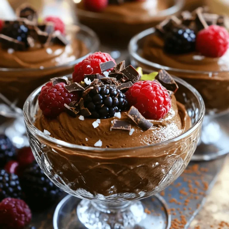 To make the Vegan Chocolate Avocado Mousse, you will need a few simple ingredients. Each one plays an important role in creating a rich and creamy dessert. Here’s what you need: - 2 ripe avocados, peeled and pitted - 1/2 cup unsweetened cocoa powder - 1/3 cup maple syrup (or agave syrup) - 1/4 cup almond milk (or any non-dairy milk) - 1 teaspoon vanilla extract - 1/4 teaspoon sea salt - A pinch of cinnamon (optional) - Dark chocolate shavings or berries for garnish Each avocado adds a smooth texture and healthy fats. The cocoa powder gives that deep chocolate flavor without added sugar. Maple syrup sweetens the mousse, while almond milk keeps it light and creamy. Sea salt contrasts the sweetness, enhancing the flavors. The optional cinnamon adds warmth and depth, but feel free to skip it if you prefer. You can find the full recipe above. Enjoy this delightful treat! - Step 1: Combine Ingredients in Food Processor Start by placing the ripe avocados in a food processor. Add the cocoa powder, maple syrup, almond milk, vanilla extract, sea salt, and optional cinnamon. This mix will give your mousse a rich flavor. - Step 2: Blend Until Smooth Blend the mixture until it turns smooth and creamy. Pause to scrape down the sides of the processor as needed. This step is key for a well-combined mousse. - Step 3: Adjust Sweetness to Taste Taste your mousse and see if it needs more sweetness. If it does, add a bit more maple syrup and blend again. This allows you to customize the flavor just how you like it. - Step 4: Transfer to Serving Dishes Once the mousse is smooth, transfer it into your serving dishes or bowls. You can use small cups or fancy glassware for a nice presentation. - Step 5: Chill in the Refrigerator Place the mousse in the fridge for at least 30 minutes. Chilling helps the mousse firm up and allows the flavors to blend. - Step 6: Garnish Before Serving Before you serve, add a garnish on top. Dark chocolate shavings or fresh berries add color and texture. This final touch makes your mousse look beautiful and appetizing. For the complete recipe, check out the Full Recipe section. Enjoy creating this rich and creamy delight! Ensuring Creaminess To get that rich, creamy texture, use ripe avocados. They should feel soft but not mushy. When you blend, scrape down the sides. This helps mix all the ingredients evenly. If your mousse is too thick, add a bit more almond milk. This will help smooth it out. Avoiding Over-Blending Blending too long can make the mousse airy and less creamy. Blend just until smooth. Stop when you see no chunks of avocado. This keeps the mousse dense and rich. Adjusting Sweetness Taste your mousse before serving. If it’s not sweet enough for you, add more maple syrup. Start with a small amount. Blend again and taste. You can always add more, but you can’t take it out. Adding Spices for Extra Flavor Spices can really boost the taste. A pinch of cinnamon adds warmth. You can also try a dash of chili powder for heat. These small changes make a big difference. Pairing with Fruits or Nuts Fresh fruits like berries or banana slices pair well. Nuts like almonds or walnuts also add a nice crunch. They contrast with the creamy mousse and make it more fun to eat. Presentation Ideas For a beautiful look, use clear cups or bowls. Layer the mousse with fruits or nuts. Top with dark chocolate shavings for extra flair. A good presentation makes dessert even more special. For the full recipe, check out Vegan Chocolate Avocado Mousse. {{image_2}} You can use dark or semi-sweet chocolate for this mousse. Dark chocolate gives a rich flavor. Semi-sweet chocolate is a bit milder. Both work well in this recipe. I often prefer dark chocolate for its depth and complexity. It makes the mousse taste more intense and luxurious. You can spice up your mousse with fun flavors. Adding mint gives a fresh taste. Just a few drops of mint extract can change everything. Espresso is another great option. It adds a nice coffee flavor that pairs well with chocolate. Nut butters can also enhance the mousse. Almond butter or peanut butter adds creaminess. It also adds a nutty taste that many love. Just mix in a tablespoon or two for a fun twist. The milk you choose matters. Almond milk is light and adds a nice nutty flavor. Coconut milk is creamier and richer. I love using coconut milk for a smooth texture. You can also try oat milk, soy milk, or rice milk. Each adds its own unique flavor. Experiment to find your favorite combination. The choice of milk can also change how rich the mousse feels. For the full recipe, check out the complete guide. Enjoy your delicious, creamy vegan chocolate avocado mousse! To keep your vegan chocolate avocado mousse fresh, use airtight containers. Glass containers work well. They prevent moisture loss and keep flavors intact. You can also use plastic containers if you prefer. Just make sure they seal tightly. Eat the mousse within 3 days. After this time, it may lose its creamy texture. The avocado can start to brown too. If you notice browning, just stir it back in. It will still taste good! You can freeze the mousse if you want to save some for later. To freeze, scoop the mousse into a freezer-safe container. Leave some space at the top for expansion. Cover it tightly with a lid or plastic wrap. When you are ready to enjoy it again, thaw the mousse in the fridge. This process usually takes about 4 to 6 hours. You can also let it sit at room temperature for about 30 minutes. Stir well before serving to restore the creamy texture. For the full recipe, check the previous section! Can I use different sweeteners? Yes, you can use other sweeteners. Honey, agave, or coconut sugar work well. Just adjust the amount to your taste. How long does the mousse last in the fridge? The mousse stays fresh for about three days. Store it in an airtight container to keep it tasty. Is it possible to make this mousse without a food processor? Yes! You can mash the avocados with a fork. Then, mix in the cocoa powder and other ingredients using a whisk. What are the health benefits of avocados in this dessert? Avocados are full of healthy fats, fiber, and vitamins. They help keep your skin glowing and your heart healthy. Can I double the recipe? Absolutely! Just double each ingredient. Use a bigger bowl or food processor to mix everything well. Check the mousse for the right texture as you blend. Don’t forget to check the Full Recipe for all the details on making this rich treat! This blog post shared a simple recipe for a vegan chocolate avocado mousse. We covered the key ingredients, step-by-step instructions, and tips for the perfect texture. You learned how to customize the mousse and explore different variations. Don’t forget the storage tips to keep leftovers fresh. Enjoy this tasty treat while knowing it’s healthy and delicious. Dive into the world of avocado-based desserts, and have fun experimenting with flavors!