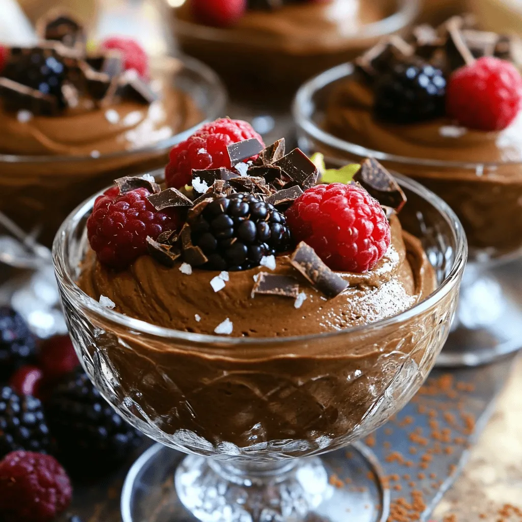 To make the Vegan Chocolate Avocado Mousse, you will need a few simple ingredients. Each one plays an important role in creating a rich and creamy dessert. Here’s what you need: - 2 ripe avocados, peeled and pitted - 1/2 cup unsweetened cocoa powder - 1/3 cup maple syrup (or agave syrup) - 1/4 cup almond milk (or any non-dairy milk) - 1 teaspoon vanilla extract - 1/4 teaspoon sea salt - A pinch of cinnamon (optional) - Dark chocolate shavings or berries for garnish Each avocado adds a smooth texture and healthy fats. The cocoa powder gives that deep chocolate flavor without added sugar. Maple syrup sweetens the mousse, while almond milk keeps it light and creamy. Sea salt contrasts the sweetness, enhancing the flavors. The optional cinnamon adds warmth and depth, but feel free to skip it if you prefer. You can find the full recipe above. Enjoy this delightful treat! - Step 1: Combine Ingredients in Food Processor Start by placing the ripe avocados in a food processor. Add the cocoa powder, maple syrup, almond milk, vanilla extract, sea salt, and optional cinnamon. This mix will give your mousse a rich flavor. - Step 2: Blend Until Smooth Blend the mixture until it turns smooth and creamy. Pause to scrape down the sides of the processor as needed. This step is key for a well-combined mousse. - Step 3: Adjust Sweetness to Taste Taste your mousse and see if it needs more sweetness. If it does, add a bit more maple syrup and blend again. This allows you to customize the flavor just how you like it. - Step 4: Transfer to Serving Dishes Once the mousse is smooth, transfer it into your serving dishes or bowls. You can use small cups or fancy glassware for a nice presentation. - Step 5: Chill in the Refrigerator Place the mousse in the fridge for at least 30 minutes. Chilling helps the mousse firm up and allows the flavors to blend. - Step 6: Garnish Before Serving Before you serve, add a garnish on top. Dark chocolate shavings or fresh berries add color and texture. This final touch makes your mousse look beautiful and appetizing. For the complete recipe, check out the Full Recipe section. Enjoy creating this rich and creamy delight! Ensuring Creaminess To get that rich, creamy texture, use ripe avocados. They should feel soft but not mushy. When you blend, scrape down the sides. This helps mix all the ingredients evenly. If your mousse is too thick, add a bit more almond milk. This will help smooth it out. Avoiding Over-Blending Blending too long can make the mousse airy and less creamy. Blend just until smooth. Stop when you see no chunks of avocado. This keeps the mousse dense and rich. Adjusting Sweetness Taste your mousse before serving. If it’s not sweet enough for you, add more maple syrup. Start with a small amount. Blend again and taste. You can always add more, but you can’t take it out. Adding Spices for Extra Flavor Spices can really boost the taste. A pinch of cinnamon adds warmth. You can also try a dash of chili powder for heat. These small changes make a big difference. Pairing with Fruits or Nuts Fresh fruits like berries or banana slices pair well. Nuts like almonds or walnuts also add a nice crunch. They contrast with the creamy mousse and make it more fun to eat. Presentation Ideas For a beautiful look, use clear cups or bowls. Layer the mousse with fruits or nuts. Top with dark chocolate shavings for extra flair. A good presentation makes dessert even more special. For the full recipe, check out Vegan Chocolate Avocado Mousse. {{image_2}} You can use dark or semi-sweet chocolate for this mousse. Dark chocolate gives a rich flavor. Semi-sweet chocolate is a bit milder. Both work well in this recipe. I often prefer dark chocolate for its depth and complexity. It makes the mousse taste more intense and luxurious. You can spice up your mousse with fun flavors. Adding mint gives a fresh taste. Just a few drops of mint extract can change everything. Espresso is another great option. It adds a nice coffee flavor that pairs well with chocolate. Nut butters can also enhance the mousse. Almond butter or peanut butter adds creaminess. It also adds a nutty taste that many love. Just mix in a tablespoon or two for a fun twist. The milk you choose matters. Almond milk is light and adds a nice nutty flavor. Coconut milk is creamier and richer. I love using coconut milk for a smooth texture. You can also try oat milk, soy milk, or rice milk. Each adds its own unique flavor. Experiment to find your favorite combination. The choice of milk can also change how rich the mousse feels. For the full recipe, check out the complete guide. Enjoy your delicious, creamy vegan chocolate avocado mousse! To keep your vegan chocolate avocado mousse fresh, use airtight containers. Glass containers work well. They prevent moisture loss and keep flavors intact. You can also use plastic containers if you prefer. Just make sure they seal tightly. Eat the mousse within 3 days. After this time, it may lose its creamy texture. The avocado can start to brown too. If you notice browning, just stir it back in. It will still taste good! You can freeze the mousse if you want to save some for later. To freeze, scoop the mousse into a freezer-safe container. Leave some space at the top for expansion. Cover it tightly with a lid or plastic wrap. When you are ready to enjoy it again, thaw the mousse in the fridge. This process usually takes about 4 to 6 hours. You can also let it sit at room temperature for about 30 minutes. Stir well before serving to restore the creamy texture. For the full recipe, check the previous section! Can I use different sweeteners? Yes, you can use other sweeteners. Honey, agave, or coconut sugar work well. Just adjust the amount to your taste. How long does the mousse last in the fridge? The mousse stays fresh for about three days. Store it in an airtight container to keep it tasty. Is it possible to make this mousse without a food processor? Yes! You can mash the avocados with a fork. Then, mix in the cocoa powder and other ingredients using a whisk. What are the health benefits of avocados in this dessert? Avocados are full of healthy fats, fiber, and vitamins. They help keep your skin glowing and your heart healthy. Can I double the recipe? Absolutely! Just double each ingredient. Use a bigger bowl or food processor to mix everything well. Check the mousse for the right texture as you blend. Don’t forget to check the Full Recipe for all the details on making this rich treat! This blog post shared a simple recipe for a vegan chocolate avocado mousse. We covered the key ingredients, step-by-step instructions, and tips for the perfect texture. You learned how to customize the mousse and explore different variations. Don’t forget the storage tips to keep leftovers fresh. Enjoy this tasty treat while knowing it’s healthy and delicious. Dive into the world of avocado-based desserts, and have fun experimenting with flavors!