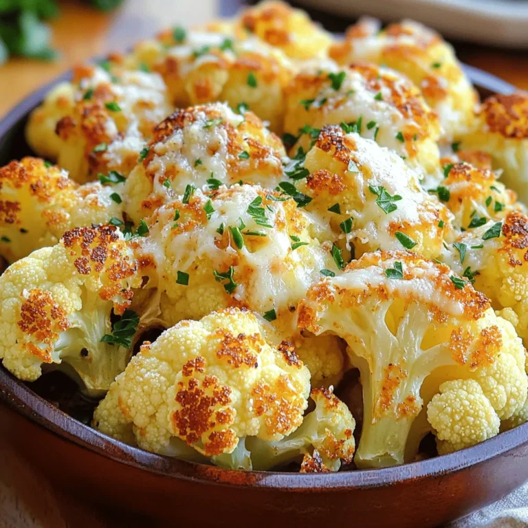 To make Garlic Parmesan Roasted Cauliflower, you need these key ingredients: - 1 large head of cauliflower, cut into florets - 3 tablespoons olive oil - 4 garlic cloves, minced - 1/2 cup grated Parmesan cheese - 1 teaspoon onion powder - 1/2 teaspoon dried thyme - 1/2 teaspoon smoked paprika - Salt and pepper to taste - Fresh parsley, chopped (for garnish) These ingredients create a tasty blend. The cauliflower stands out with its nutty flavor. The garlic adds a punch, while Parmesan gives it a rich, cheesy kick. You can enhance your dish with these optional ingredients: - Lemon juice for brightness - Crushed red pepper for heat - Fresh herbs like rosemary or oregano Adding lemon juice gives a fresh twist. Crushed red pepper can spice things up, while fresh herbs bring more flavor depth. If you don’t have some ingredients, here are swaps to try: - Use avocado oil instead of olive oil - Nutritional yeast can replace Parmesan for a vegan option - Fresh garlic can be substituted with garlic powder These substitutions keep the dish tasty. Enjoy crafting the perfect Garlic Parmesan Roasted Cauliflower with these tips. For the full recipe, check out the detailed instructions. First, wash the cauliflower well under cold water. Next, cut it into even florets. This helps them cook evenly. Aim for pieces about the same size. You want them to be bite-sized and manageable. After cutting, pat the florets dry with a towel. This will help the marinade stick better. In a large bowl, combine olive oil, minced garlic, onion powder, dried thyme, smoked paprika, salt, and pepper. Use a whisk to mix these together. The oil should coat the garlic and spices well. This mix will give your cauliflower a tasty kick. Once mixed, add the cauliflower florets into the bowl. Toss them gently but thoroughly. Make sure each floret is well-covered with the marinade. Preheat your oven to 425°F (220°C). Line a baking sheet with parchment paper for easy cleanup. Spread the coated cauliflower on the sheet in a single layer. This helps them roast well. Place the baking sheet in the oven and roast for 25-30 minutes. Stir halfway through cooking for even browning. When the cauliflower is golden and tender, take it out. Immediately sprinkle grated Parmesan cheese on top. Return it to the oven for 5 more minutes. This melts the cheese and makes it bubbly. Lastly, remove it from the oven and add chopped parsley for color. Enjoy this flavorful delight! For the full recipe, refer to the earlier section. To make the best garlic Parmesan roasted cauliflower, start with fresh florets. Cut the cauliflower into even pieces. This helps them cook uniformly. Use a large bowl for mixing. Toss the florets well in the marinade. Don’t rush this step! Ensure each piece is coated in oil and spices. Spread the cauliflower in one layer on the baking sheet. This allows for even roasting. Stir halfway through cooking to prevent burning. Garlic Parmesan roasted cauliflower shines as a side dish. Pair it with grilled chicken or fish for a tasty meal. You can also serve it over a bed of quinoa for a healthy option. It’s great as a snack too! Try it with a dip like ranch or hummus. For a fun twist, add it to pasta or salads. One mistake is overcrowding the baking sheet. This can lead to steaming instead of roasting. Another error is not preheating the oven. A hot oven is key for crispiness. Also, avoid using old spices. Fresh spices give strong flavors. Lastly, don’t skip the cheese at the end. It adds a rich, creamy finish. For the full recipe, check back to ensure you don't miss any steps! {{image_2}} You can make this dish even better by using different cheeses. Cheddar adds a sharp flavor. Feta brings a salty bite. Goat cheese creates creaminess. Each cheese gives a unique twist to your garlic parmesan roasted cauliflower. Try a mix for a more complex taste! If you like spice, add red pepper flakes or cayenne pepper. These will give your dish a nice kick! You can also use spicy cheese, like pepper jack. This adds both heat and creaminess. Adjust the amount to match your heat preference. It is fun to experiment with flavors! To make this dish vegan, swap the Parmesan cheese for a plant-based option. Nutritional yeast is a great choice. It adds a cheesy taste without using dairy. You can also try cashew cheese for a creamy texture. These changes keep the dish tasty while meeting dietary needs. Enjoy these variations to make your garlic parmesan roasted cauliflower unique! To keep your garlic Parmesan roasted cauliflower fresh, let it cool first. Place the cooled cauliflower in an airtight container. This helps lock in flavor and moisture. Store it in the fridge for up to three days. If you want to enjoy it longer, consider freezing. When you are ready to eat the leftovers, reheating is easy. Preheat your oven to 350°F (175°C). Spread the cauliflower on a baking sheet. Heat for 10 to 15 minutes, or until warmed through. This method keeps the crispy texture. You can also use the microwave, but it may not be as crisp. Freezing garlic Parmesan roasted cauliflower works well too. Place cooled florets in a single layer on a baking sheet. Freeze them for a couple of hours until solid. Then, transfer them to a freezer bag. Make sure to squeeze out air before sealing. They can last up to three months in the freezer. When you are ready to eat, bake directly from frozen. You can pair Garlic Parmesan Roasted Cauliflower with many dishes. It goes well with grilled chicken or steak. You can also serve it alongside pasta for a tasty meal. This dish works great as a side for holiday dinners too. I enjoy it with a fresh salad or a creamy dip. You can even add it to wraps for an extra crunch. Feel free to get creative with your pairings! Garlic Parmesan Roasted Cauliflower lasts about 3 to 5 days in the fridge. Store it in an airtight container to keep it fresh. When you're ready to eat, check for any changes in smell or texture. If it looks good, you can reheat it. Just remember, the sooner you eat it, the better it tastes! Yes, you can make Garlic Parmesan Roasted Cauliflower in advance! You can prepare it a day ahead. Just roast it, let it cool, then store it in the fridge. When ready to serve, simply reheat it in the oven. This dish tastes best fresh, but it still holds up well. For the full recipe, check the earlier section! To make Garlic Parmesan Roasted Cauliflower, you need: - 1 large head of cauliflower, cut into florets - 3 tablespoons olive oil - 4 garlic cloves, minced - 1/2 cup grated Parmesan cheese - 1 teaspoon onion powder - 1/2 teaspoon dried thyme - 1/2 teaspoon smoked paprika - Salt and pepper to taste - Fresh parsley, chopped (for garnish) Start by preheating your oven to 425°F (220°C). Line a baking sheet with parchment paper. This step makes clean-up easy. In a large bowl, mix olive oil, minced garlic, onion powder, dried thyme, smoked paprika, salt, and pepper. Whisk until combined. Now, add the cauliflower florets to the bowl. Toss them well so they are fully coated with the marinade. Spread the cauliflower on the baking sheet in a single layer. This ensures even cooking. Roast the cauliflower in the oven for 25-30 minutes. Stir halfway through for best results. Once it turns golden brown and tender, take it out. Immediately sprinkle the grated Parmesan on top. Pop it back in the oven for 5 more minutes. This allows the cheese to melt and bubble. Finally, remove the baking sheet and garnish with fresh parsley before serving. Garlic Parmesan Roasted Cauliflower is not just tasty; it’s healthy too. One serving has about: - Calories: 150 - Protein: 5g - Fat: 10g - Carbohydrates: 12g - Fiber: 4g This dish offers vitamins C and K, along with essential minerals. The prep time for this dish is just 10 minutes. The total time from start to finish is 40 minutes. This recipe serves about 4 people. It’s perfect for a family dinner or a gathering with friends. Enjoy this flavorful delight! Garlic Parmesan Roasted Cauliflower is simple and tasty. We discussed key ingredients and fun variations. You can swap ingredients for your diet. Follow the step-by-step guide for great results. Remember to avoid common mistakes for perfect roasting. This dish pairs well with many meals and can last in the fridge. Enjoy cooking, and don't hesitate to experiment with flavors! The more you play with it, the more you'll love it. Happy cooking!