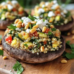 - 4 large portobello mushrooms, stems removed - 1 cup cooked quinoa - 1 small zucchini, finely diced - 1 red bell pepper, finely diced - 1 small red onion, finely chopped - 1 cup fresh spinach, chopped - 1/2 cup feta cheese, crumbled - 1/4 cup pine nuts, toasted - 2 cloves garlic, minced - 2 tablespoons olive oil - 1 teaspoon dried oregano - Salt and pepper to taste - Fresh parsley for garnish When you gather these ingredients, you create a dish that is both tasty and healthy. Portobello mushrooms give a rich flavor and meaty texture. Quinoa adds protein and fiber, making it filling. The veggies, like zucchini and bell pepper, bring color and crunch. Feta cheese adds a creamy and salty bite, while pine nuts give a nice crunch. Olive oil helps to sauté the veggies, making them soft and flavorful. Garlic and oregano add depth to the dish. Finally, fresh parsley brightens everything up. Stuffed portobello mushrooms are packed with key nutrients. They are low in calories but high in fiber. Portobello mushrooms are a great source of vitamins like B and D. Quinoa is a complete protein, meaning it has all nine essential amino acids. The spinach provides iron and antioxidants. Zucchini is low in carbs and high in water, keeping you hydrated. Feta cheese adds calcium and protein, while pine nuts offer healthy fats. Overall, this dish supports heart health and muscle function. Using these wholesome ingredients, you can enjoy a meal that nourishes your body. Each bite bursts with flavor and health benefits. For the full recipe, check out the instructions above! Start by cleaning the portobello mushrooms. Use a damp cloth to wipe the caps. Remove the stems carefully. Preheat your oven to 375°F (190°C). This temperature cooks the mushrooms perfectly. Next, prepare the vegetables and quinoa. Cook the quinoa if you haven’t done so yet. It takes about 15 minutes. Dice the zucchini and bell pepper finely. Chop the red onion and spinach. This helps them cook evenly and blend well. Now, it's time to cook. Heat two tablespoons of olive oil in a large skillet over medium heat. Add the chopped onion and minced garlic. Sauté until the onion turns clear. This usually takes about 3-4 minutes. Then, add the diced zucchini and red bell pepper. Cook them for about five minutes until they are soft. Stir in the chopped spinach until it wilts. Remove the skillet from the heat. In a large bowl, mix the cooked quinoa, sautéed vegetables, crumbled feta, and toasted pine nuts. Sprinkle in dried oregano, salt, and pepper. Stir well to combine everything. Fill each portobello mushroom with the quinoa mixture. Press gently to pack the filling. Place the stuffed mushrooms gill-side up on a baking sheet. Bake them in the preheated oven for 25-30 minutes. Check for tenderness; the tops should be slightly golden. Once baked, take the mushrooms out of the oven. Let them cool for a few minutes. Garnish the stuffed mushrooms with fresh parsley for a pop of color. Serve them warm on a nice platter. Enjoy this tasty and simple dish with friends and family. For the full recipe, don’t forget to check the earlier section! To clean portobello mushrooms, use a damp cloth. This keeps dirt from sticking. Avoid soaking them in water. They soak it up and become soggy. When stuffing, make sure the filling is not too wet. If it is, it can make the mushrooms soggy. Use cooked quinoa as a base. It is fluffy and absorbs moisture well. Add fresh herbs to boost flavor. Try basil, thyme, or rosemary. These herbs add a nice touch to the dish. For toppings, consider adding breadcrumbs for crunch. You can also sprinkle extra cheese on top. A drizzle of balsamic glaze adds sweetness that pairs well with mushrooms. {{image_2}} Stuffed portobello mushrooms are great for vegetarians. You can swap the feta cheese for vegan cheese. Try using beans like black beans or chickpeas for protein. You can also add diced eggplant or carrots for extra flavor. Another tasty option is to use cooked lentils with spices. Each of these choices makes a filling meal that is plant-based and tasty. If you want to add meat or seafood, there are many options. Ground turkey or chicken works well when mixed with the veggies. You can also use cooked shrimp or crab meat. Just make sure to cook the meat first, then mix it with your stuffing. This way, you add protein without losing flavor. The stuffed mushrooms become hearty and satisfying with these additions. You can easily make this dish gluten-free. Replace quinoa with brown rice or cauliflower rice. Both options taste great and keep the dish light. If you like to use breadcrumbs for texture, choose gluten-free ones. This way, everyone can enjoy your stuffed portobello mushrooms, no matter their diet. For the full recipe, you can refer to the earlier section. To store leftover stuffed Portobello mushrooms, first let them cool down. Place them in an airtight container. This will keep them fresh. You can keep them in the fridge for up to three days. If you want to enjoy them later, make sure to check for any signs of spoilage. For freezing, wrap each stuffed mushroom in plastic wrap. Then, place them in a freezer bag. This keeps them safe from freezer burn. When you’re ready to eat, thaw them in the fridge overnight. Reheat them in the oven at 350°F (175°C) until heated through. This usually takes about 15-20 minutes. Leftover stuffed Portobello mushrooms are best eaten within three days. If you freeze them, they can last for about three months. Always check for any off smells or changes in texture before eating leftovers. Enjoy your tasty mushrooms safely! How to reheat stuffed Portobello mushrooms? To reheat stuffed Portobello mushrooms, place them in an oven set to 350°F (175°C). Bake for about 10-15 minutes. This keeps them warm and tasty. You can also use the microwave. Heat them for 1-2 minutes, but the oven is best for texture. Can you make stuffed Portobello mushrooms ahead of time? Yes, you can make stuffed Portobello mushrooms ahead of time. Prepare the filling and stuff the mushrooms. Cover them and store in the fridge for up to a day. Bake them right before serving for the best taste. What can I substitute for feta cheese? If you need a substitute for feta cheese, try goat cheese or ricotta. Both add creaminess and taste. You can also use vegan cheese if you want a dairy-free option. How to adjust cooking time for larger or smaller mushrooms? If your mushrooms are larger, increase the baking time by 5-10 minutes. For smaller mushrooms, reduce the time by about 5 minutes. Always check for tenderness to know when they are done. Can I prepare the stuffing separately and fill the mushrooms later? Yes, you can prepare the stuffing separately. Just store it in the fridge. When you are ready, fill the mushrooms and bake them. This method is great if you want to enjoy a fresh meal later. Stuffed Portobello mushrooms are tasty, healthy, and fun to make. We covered the ingredients, cooking steps, and ways to store leftovers. You can add your favorite flavors or adjust for dietary needs. With these tips and tricks, your dish will impress. Remember, enjoying food should be easy and delicious. Try this recipe, share it with friends, and have fun in the kitchen!