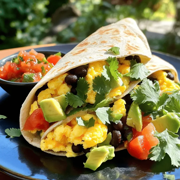 - 4 large eggs - 1 cup cooked black beans (drained and rinsed) - 1 cup shredded cheddar cheese - 1 ripe avocado, diced - 1 medium tomato, diced - 1 small red onion, finely chopped - 1 jalapeño, finely chopped (optional) - 4 flour tortillas (10-inch) - 1 tablespoon olive oil - 1 teaspoon cumin - Salt and pepper to taste - Fresh cilantro, chopped (for garnish) - Salsa or hot sauce (for serving) To make my easy breakfast burritos, gather these simple and fresh ingredients. Each one plays a key role in creating a tasty meal. The eggs provide protein, while black beans add fiber. Cheddar cheese brings creaminess, and avocado offers healthy fats. Tomatoes and onions add brightness. If you like heat, the jalapeño is a great choice. Don't forget the tortillas! They wrap everything up nicely. Olive oil helps cook the veggies, and cumin adds a warm spice. Finally, cilantro and salsa or hot sauce make delicious toppings. You can find the full recipe to guide you through this fun cooking process. Enjoy the flavors! 1. Whisking eggs and seasoning Start by cracking four large eggs into a bowl. Add salt, pepper, and one teaspoon of cumin. Whisk the mixture until it looks smooth and yellow. This adds flavor to the eggs. 2. Sautéing onions and jalapeño Heat one tablespoon of olive oil in a non-stick skillet over medium heat. Add one small red onion, finely chopped, and one jalapeño (if you like heat). Sauté for about three minutes. The onion should turn soft and clear. 3. Cooking and scrambling eggs with beans and vegetables Pour the egg mixture into the skillet. Stir gently as the eggs cook. This will take about five to six minutes. When the eggs are almost done, mix in one cup of cooked black beans, one diced tomato, and one diced avocado. Stir well to combine everything. 1. Laying out tortillas and filling them Take four flour tortillas and lay them flat on a clean surface. Divide the egg and bean mix evenly among the tortillas. Place the mixture in the center of each tortilla. Top each with one cup of shredded cheddar cheese. 2. Folding and rolling technique To fold, bring the sides of the tortilla inward. Then, roll it from the bottom up. Make sure to roll tightly to keep all the tasty filling inside. This helps the burrito hold its shape. 3. Optional toasting instructions If you want a crispy burrito, place them seam-side down in the skillet over low heat. Cook for two to three minutes. This will toast the outside and melt the cheese even more. Now, you’re ready to enjoy your breakfast burritos! Check out the Full Recipe for more details. To make the best scrambled eggs, avoid overcooking them. Cook your eggs over medium heat. Stir gently to keep them soft and fluffy. Remove them from heat just before they look fully cooked. They will continue to cook slightly after you take them off the heat. Using fresh ingredients makes a big difference. Fresh eggs taste better and have a richer color. Choose ripe avocados and juicy tomatoes for a flavorful kick. Fresh herbs like cilantro add brightness to your dish. You can customize your burritos in many ways. Adding extra vegetables is a great option. Try bell peppers, spinach, or even zucchini. These give your burritos more nutrition and flavor. Cheese is another way to make your burritos unique. You can use cheddar, Monterey Jack, or even pepper jack for a spicy twist. For a dairy-free option, try vegan cheese or skip it altogether. When serving your burritos, consider great sides and dips. Fresh salsa is a perfect choice. Guacamole also adds a creamy touch. You can even serve them with a side of yogurt for a twist. Pair your breakfast burritos with drinks for the best experience. Fresh orange juice or a smoothie can brighten your meal. A hot cup of coffee or tea is also a great match. Enjoy your breakfast burritos with these tasty ideas! {{image_2}} You can make your breakfast burritos vegetarian. Start by replacing eggs with tofu. Simply crumble firm tofu into the skillet. Cook it the same way you would cook eggs. Add salt and pepper for taste. You can also add more vegetables. Some good choices are bell peppers, spinach, or zucchini. These veggies add color and flavor. If you love protein, there are great options. You can incorporate cooked sausage or bacon. Just cook the meat first, then mix it with the eggs. This adds a tasty, hearty touch. Another option is to add smoked or grilled chicken. It gives the burrito a nice, smoky flavor. To spice up your burrito, try different sauces. Salsa, hot sauce, or even a creamy sauce can work well. Unique ingredient swaps can also change the flavor. Chipotle adds a smoky heat, and feta cheese gives a creamy twist. These simple changes can make your breakfast burritos exciting and unique. For all the details, check the Full Recipe. After enjoying these burritos, store any leftovers in the fridge. Use an airtight container to keep them fresh. Make sure to eat them within 3 days for best taste. When reheating, I recommend using a microwave. Place the burrito on a microwave-safe plate. Cover it with a damp paper towel to keep it moist. Heat it for about 1-2 minutes, checking every 30 seconds. This way, the burrito stays warm and soft without drying out. If you want to save some burritos for later, freezing is a great option. First, wrap each burrito tightly in plastic wrap. Then, place the wrapped burritos in a freezer bag. Make sure to remove as much air as possible. You can freeze them for up to 3 months. When you’re ready to eat, take one out and let it thaw in the fridge overnight. For reheating, unwrap the burrito and place it in the microwave. Heat it for about 3-4 minutes, or until hot throughout. You can also use an oven, preheated to 350°F (175°C), and bake for 15-20 minutes. Enjoy your delicious meal again! For the full recipe, check out the Breakfast Fiesta Burritos section. To make breakfast burritos, follow these steps: 1. Whisk the Eggs: In a bowl, whisk 4 eggs with salt, pepper, and 1 teaspoon of cumin. 2. Sauté Onions: Heat 1 tablespoon of olive oil in a skillet. Add 1 small chopped red onion and 1 chopped jalapeño. Cook for about 3 minutes. 3. Scramble Eggs: Pour the eggs into the skillet. Stir gently as they cook for about 5-6 minutes. 4. Add Other Ingredients: Mix in 1 cup of black beans, 1 diced tomato, and 1 diced avocado. 5. Fill Tortillas: Lay out 4 tortillas. Place the egg mixture in the center of each. Top with 1 cup of shredded cheddar cheese. 6. Roll Burritos: Fold the sides in and roll from the bottom to form a burrito. 7. Toast (Optional): You can toast them seam-side down in the skillet for 2-3 minutes. 8. Serve: Cut in half, garnish with cilantro, and serve with salsa or hot sauce. Yes, you can prepare burritos ahead of time! Here are some tips: - Make the Filling: Cook your egg and bean mixture. Let it cool, then store it in the fridge for up to 3 days. - Assemble Later: When ready, fill the tortillas and roll them up. This keeps the tortillas fresh. - Freezing Option: You can freeze assembled burritos. Wrap each one tightly in foil or plastic wrap. They last up to 3 months. If you want alternatives to tortillas, consider these options: - Lettuce Wraps: Use large lettuce leaves for a low-carb version. - Cauliflower Wraps: These are great for gluten-free diets. - Rice Paper: This is another fun way to wrap your filling. To keep your burritos warm at a party, try these methods: - Use a Slow Cooker: Set it on low. Place the burritos inside with a damp cloth on top to keep them warm. - Wrap in Foil: Wrap each burrito in foil. Place them in an oven set to low heat, around 200°F. - Serve on a Warm Plate: You can also serve them on warm plates to keep the heat in longer. For the full recipe, check out the Breakfast Fiesta Burritos details. This blog post covered how to make delicious breakfast burritos with easy steps and tips. We explored key ingredients and how to prepare and assemble your burritos. I shared ways to customize them and how to store leftovers. You can enjoy these burritos at any time or share them with friends. Making breakfast burritos is fun and satisfying. You will impress others with your skills. Remember, the best burrito is one made with fresh ingredients. Enjoy every bite!
