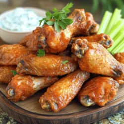 To make crispy air fryer chicken wings, you need simple and tasty ingredients. Here is what you will need: - 2 pounds of chicken wings - 1 tablespoon baking powder - 1 teaspoon garlic powder - 1 teaspoon onion powder - 1 teaspoon smoked paprika - 1 teaspoon salt - ½ teaspoon black pepper - ½ teaspoon cayenne pepper (adjust to taste) - 1 tablespoon olive oil - Optional: Fresh herbs (like parsley or cilantro) for garnish These ingredients work together to create wings that are crunchy on the outside and juicy on the inside. The baking powder helps create that crispy texture that we all love. You can easily swap some ingredients if you don’t have them on hand. Here are some common substitutions: - Chicken wings: You can use drumsticks or boneless chicken pieces. - Baking powder: Cornstarch can also give you a nice crisp. - Olive oil: Any cooking oil like canola or vegetable oil works, too. These swaps still give you tasty wings, so feel free to get creative. Want to kick up the flavor? Here are some great seasoning ideas to try: - Add 1 teaspoon of chili powder for some heat. - Use lemon zest for a fresh, zesty taste. - Mix in some dried herbs like oregano or thyme. These seasonings can turn your crispy air fryer chicken wings into a fun flavor adventure. Plus, they make each bite exciting! You can find the full recipe to get all these flavors just right. To make crispy wings, start by prepping the chicken. Pat them dry with paper towels. This step helps get rid of moisture, ensuring crispy skin. Next, season the wings in a big bowl. Combine the baking powder, garlic powder, onion powder, smoked paprika, salt, black pepper, and cayenne pepper. Mix until well blended. Add the wings to the bowl and drizzle with olive oil. Toss the wings until they are evenly coated with the seasoning mix. When preparing chicken wings, choose fresh wings if possible. Frozen wings may need longer cooking time. Always dry the wings well; this makes a big difference in crispiness. For extra flavor, let the wings marinate for 30 minutes after seasoning. You can also try different seasonings, like lemon zest or herbs, to change the taste. Preheat your air fryer to 390°F (200°C) for 5 minutes. This ensures even cooking from the start. Place the wings in a single layer in the basket. If you have a lot, cook them in batches. Air fry the wings for 25-30 minutes. Shake the basket halfway through for even crispiness. For even crisper wings, turn up the heat to 400°F (204°C) for the last 5 minutes. After cooking, let them rest for a few minutes before serving. This helps the juices settle. Enjoy your crispy wings hot! For the full recipe, click here. To make your wings extra crispy, start with dry wings. Pat them well with paper towels. This helps remove moisture. Next, use baking powder in your seasoning mix. Baking powder makes the skin puff up and crisp. If you want more crunch, increase the air fryer temperature to 400°F for the last five minutes. This gives a nice golden finish. Seasoning is key for tasty wings. Use a mix of garlic powder, onion powder, and smoked paprika. These flavors work well together. Don’t forget salt and pepper to enhance taste. Toss your wings in the seasoning and olive oil. Make sure every wing is coated evenly. This ensures all the flavors stick well. One big mistake is overcrowding the air fryer. Always cook wings in a single layer. If they touch, they won’t cook evenly. Another mistake is not shaking the basket. Shaking helps wings get crispy all around. Lastly, don’t skip the preheating step. Preheating your air fryer helps wings cook better and crispier. For the full recipe, check the earlier sections. {{image_2}} To make spicy chicken wings, simply add more cayenne pepper. Start with one teaspoon and taste. You can always add more if you want extra heat. Mix in some chili powder for even more spice. This way, you can create your own level of heat that suits your taste. You can switch up the flavor by using different sauces. For BBQ wings, coat the wings with your favorite BBQ sauce before cooking. For teriyaki wings, use a teriyaki glaze instead. Both will give a unique taste. Just remember to adjust the cooking time if the sauce is thick. Crispy air fryer chicken wings fit many occasions. For game day, serve them with ranch or blue cheese dressing. For a family dinner, pair them with roasted veggies. You can even serve them as a fun appetizer at parties. Just put out different sauces to dip. This makes it easy for everyone to enjoy their own flavors. Check out the Full Recipe for more delicious ways to enjoy these wings! To keep your leftover wings fresh, place them in an airtight container. You can also use a resealable plastic bag. Make sure to remove as much air as possible. Store them in the fridge for up to three days. This helps to maintain their taste and texture. If you want to save them for longer, freezing is a great option. When you reheat chicken wings, your goal is to keep them crispy. The best way to do this is to use the air fryer. Set the air fryer to 350°F (175°C). Heat the wings for about 5 to 7 minutes. Check them halfway through to make sure they’re not overcooking. This method revives the crunch and keeps them juicy. To freeze your wings, first let them cool completely. Then, place them on a baking sheet lined with parchment paper. Space them out so they don’t touch. Freeze for about 1 to 2 hours until firm. After that, transfer them to a freezer bag. Label the bag with the date. Frozen wings are best used within three months for best flavor. When you’re ready to eat, simply reheat them directly from the freezer. You should cook chicken wings in the air fryer for 25 to 30 minutes. Set the air fryer to 390°F (200°C). Halfway through cooking, shake the basket. This helps them cook evenly. For extra crispiness, raise the temperature to 400°F (204°C) for the last five minutes. Yes, you can use frozen chicken wings in the air fryer. Just add a few extra minutes to the cooking time. Cook them for about 30 to 35 minutes at 390°F (200°C). Make sure to shake the basket halfway. This helps thaw and cook the wings evenly. You may not get the same crispiness as fresh wings, but they will still taste great! Crispy air fryer chicken wings pair well with many sides. Here are some tasty options: - Celery sticks - Carrot sticks - Blue cheese dressing - Ranch dressing - Fresh herbs for garnish - Your favorite dipping sauces These sides not only enhance the meal but also add a fun touch. You can easily make a platter with wings and sides for a great gathering! For the full recipe, check out the Crispy Air Fryer Chicken Wings section. You now know how to make crispy air fryer chicken wings. We covered key ingredients, cooking steps, and tips for flavor. Remember to avoid common mistakes for the best results. Try different coatings and seasonings to keep things exciting. Store leftovers properly for later or freeze them for future meals. Enjoy your tasty wings as a snack or part of a meal. With a little practice, you'll master this air-frying technique!