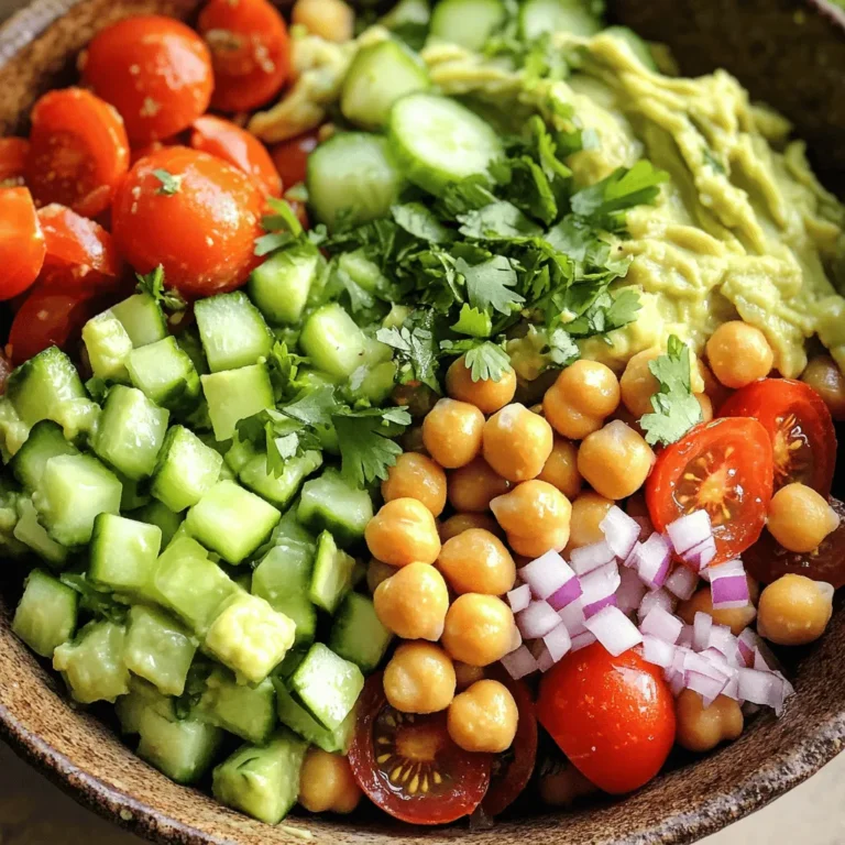 To make this simple Avocado Chickpea Salad, gather these fresh ingredients: - 1 can (15 oz) chickpeas, drained and rinsed - 1 ripe avocado, peeled and pitted - 1 cup cherry tomatoes, halved - 1 cucumber, diced - 1/4 red onion, finely chopped - 1/4 cup fresh cilantro, chopped - 2 tablespoons lemon juice - 1 tablespoon olive oil - Salt and pepper to taste - Optional: 1/4 teaspoon cumin for an extra flavor boost These ingredients create a tasty and colorful dish. The chickpeas add protein and fiber, while the avocado gives a creamy texture. Fresh veggies like tomatoes and cucumber offer crunch and flavor. The lemon juice and olive oil blend perfectly for a zesty dressing. If you want a hint of spice, add cumin! This Avocado Chickpea Salad is not only quick to make, but it is also nourishing and satisfying. Check out the Full Recipe for complete steps! Making this salad is quick and easy. You’ll mash the avocado, mix in chickpeas, and add fresh veggies. A simple dressing ties everything together. In just 20 minutes, you will have a vibrant salad. Step 1: Mash avocado Start by taking your ripe avocado. Cut it in half, remove the pit, and scoop the flesh into a bowl. Use a fork to mash it. Aim for a smooth texture but keep some chunks for crunch. Step 2: Combine chickpeas with avocado Next, open a can of chickpeas. Drain and rinse them under cold water. Add the chickpeas to your mashed avocado. Gently fold them together to combine. Step 3: Add vegetables and mix Now, add your chopped veggies. Include halved cherry tomatoes, diced cucumber, finely chopped red onion, and fresh cilantro. Stir everything gently to mix well. Step 4: Prepare dressing In a small bowl, whisk together lemon juice, olive oil, salt, and pepper. If you like, add cumin for a little extra flavor. This dressing will enhance the salad’s taste. Step 5: Toss salad and adjust seasoning Pour the dressing over the salad mixture. Toss everything together to coat the veggies and chickpeas evenly. Taste the salad and adjust the seasoning if needed. You can add more salt or lemon juice based on your preference. Serve the salad in bowls or on plates. You can garnish with extra cilantro or a sprinkle of pepper. This salad looks great and tastes even better. Enjoy it right away or chill it in the fridge for 15-20 minutes. For the full recipe, check out the Creamy Avocado Chickpea Delight. To get the best avocado texture, choose one that feels slightly soft when you press it. This means it’s ripe and ready. When you mash it, leave some small lumps. This adds a nice creaminess and texture to the salad. For seasoning, keep it simple. Use fresh lemon juice and olive oil. This combination brightens the dish. Add salt and pepper to taste. If you want more flavor, mix in a pinch of cumin. It adds a warm, earthy note. Add fresh herbs for more flavor. Cilantro works well, but you can try parsley or dill, too. For a bit of heat, sprinkle in some red pepper flakes. You can also enhance the taste by adding optional ingredients. Chopped bell peppers or radishes add crunch. If you like a bit of sweetness, diced mango or pineapple is great. These options keep your salad exciting and fun. For the full recipe, refer to the previous section. {{image_2}} You can easily switch the chickpeas for white beans. They have a similar texture and taste. This swap keeps the salad creamy and tasty. You can also try using black beans for a darker color and different flavor. For dressings, mix it up! Instead of olive oil and lemon, use tahini for a nutty touch. A splash of balsamic vinegar adds a sweet tang. Experiment with your favorite flavors to find what you love best. If you want a vegan option, this salad is already perfect! It’s plant-based and full of nutrients. For gluten-free needs, check your dressing. Some dressings may contain gluten. But lemon juice and olive oil are safe for everyone. Enjoy this salad without worry, no matter your diet! To keep your avocado chickpea salad fresh, store it in an airtight container. This helps prevent air from getting in and keeps the salad crisp. If you have leftovers, cover the salad tightly with plastic wrap or a lid. This way, you can enjoy it later without losing flavor or texture. Try to keep the dressing separate if you can. This keeps everything fresh and prevents sogginess. When you're ready to eat, simply drizzle the dressing over the salad and mix. This salad stays fresh in the fridge for about 2 to 3 days. The avocado may brown a bit after a day, but the taste will still be good. If you notice it becoming too mushy, it’s best to toss it out. Always check for off smells or changes in texture before eating. For the best experience, enjoy your salad within the first couple of days. How long does avocado chickpea salad last in the fridge? Avocado chickpea salad lasts about 2 days in the fridge. The avocado may brown after a day, but it still tastes good. Just give it a good stir before serving. Can I make this salad in advance? Yes, you can make this salad in advance. However, I suggest you add the avocado right before serving. This keeps it fresh and bright. What can I serve with avocado chickpea salad? You can serve it with whole grain bread or crackers. It pairs well with grilled chicken or fish too. You can also enjoy it on its own as a light meal. Is avocado chickpea salad suitable for meal prep? Absolutely! This salad is great for meal prep. Just store it in an airtight container. It’s a quick and healthy option for busy days. For the best taste, add the dressing right before eating. Feel free to check out the [Full Recipe] for detailed steps! This blog post covers an easy and tasty avocado chickpea salad. You learned about the key ingredients and how to prepare them step by step. I shared tips to perfect your salad and ideas to customize it. I also discussed how to store leftovers and answered common questions. Enjoy making this healthy dish. It’s great for meal prep, lunch, or a snack. I hope you try it and enjoy every bite!