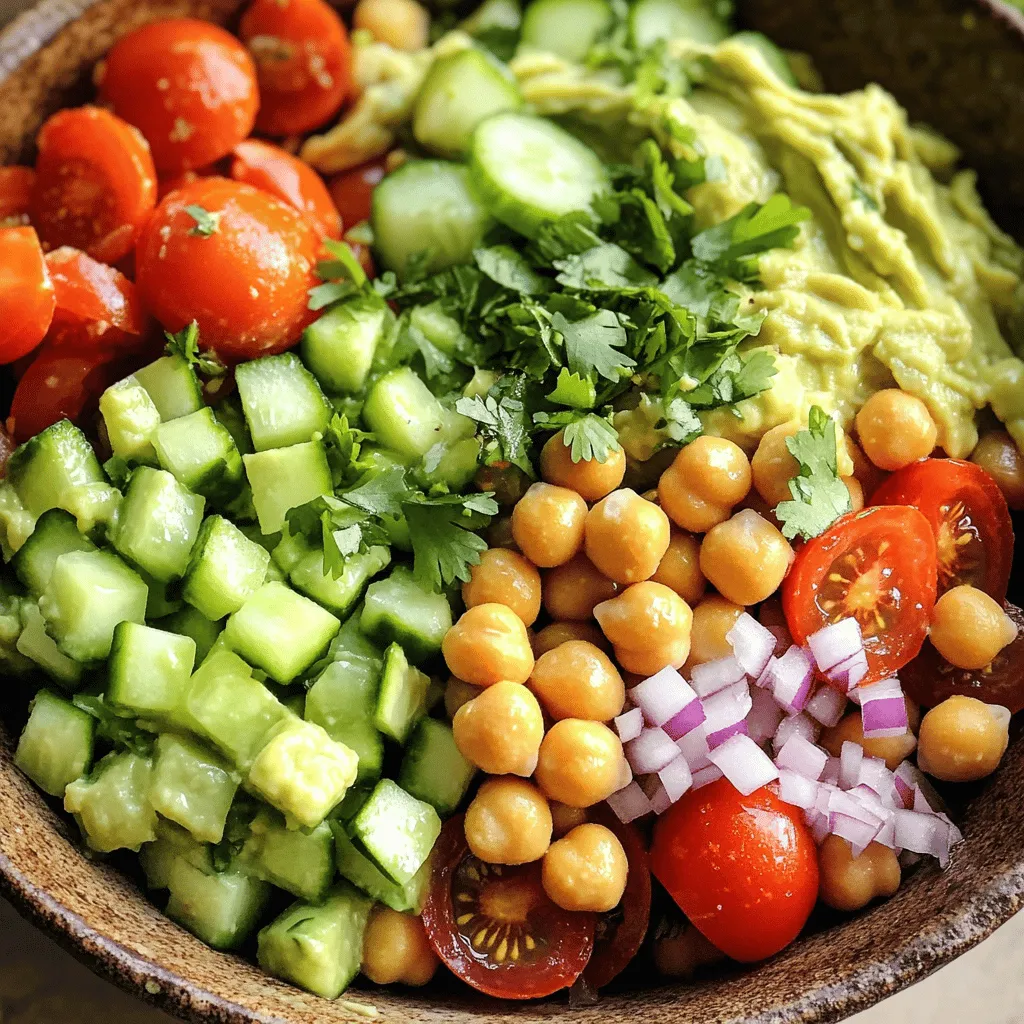 To make this simple Avocado Chickpea Salad, gather these fresh ingredients: - 1 can (15 oz) chickpeas, drained and rinsed - 1 ripe avocado, peeled and pitted - 1 cup cherry tomatoes, halved - 1 cucumber, diced - 1/4 red onion, finely chopped - 1/4 cup fresh cilantro, chopped - 2 tablespoons lemon juice - 1 tablespoon olive oil - Salt and pepper to taste - Optional: 1/4 teaspoon cumin for an extra flavor boost These ingredients create a tasty and colorful dish. The chickpeas add protein and fiber, while the avocado gives a creamy texture. Fresh veggies like tomatoes and cucumber offer crunch and flavor. The lemon juice and olive oil blend perfectly for a zesty dressing. If you want a hint of spice, add cumin! This Avocado Chickpea Salad is not only quick to make, but it is also nourishing and satisfying. Check out the Full Recipe for complete steps! Making this salad is quick and easy. You’ll mash the avocado, mix in chickpeas, and add fresh veggies. A simple dressing ties everything together. In just 20 minutes, you will have a vibrant salad. Step 1: Mash avocado Start by taking your ripe avocado. Cut it in half, remove the pit, and scoop the flesh into a bowl. Use a fork to mash it. Aim for a smooth texture but keep some chunks for crunch. Step 2: Combine chickpeas with avocado Next, open a can of chickpeas. Drain and rinse them under cold water. Add the chickpeas to your mashed avocado. Gently fold them together to combine. Step 3: Add vegetables and mix Now, add your chopped veggies. Include halved cherry tomatoes, diced cucumber, finely chopped red onion, and fresh cilantro. Stir everything gently to mix well. Step 4: Prepare dressing In a small bowl, whisk together lemon juice, olive oil, salt, and pepper. If you like, add cumin for a little extra flavor. This dressing will enhance the salad’s taste. Step 5: Toss salad and adjust seasoning Pour the dressing over the salad mixture. Toss everything together to coat the veggies and chickpeas evenly. Taste the salad and adjust the seasoning if needed. You can add more salt or lemon juice based on your preference. Serve the salad in bowls or on plates. You can garnish with extra cilantro or a sprinkle of pepper. This salad looks great and tastes even better. Enjoy it right away or chill it in the fridge for 15-20 minutes. For the full recipe, check out the Creamy Avocado Chickpea Delight. To get the best avocado texture, choose one that feels slightly soft when you press it. This means it’s ripe and ready. When you mash it, leave some small lumps. This adds a nice creaminess and texture to the salad. For seasoning, keep it simple. Use fresh lemon juice and olive oil. This combination brightens the dish. Add salt and pepper to taste. If you want more flavor, mix in a pinch of cumin. It adds a warm, earthy note. Add fresh herbs for more flavor. Cilantro works well, but you can try parsley or dill, too. For a bit of heat, sprinkle in some red pepper flakes. You can also enhance the taste by adding optional ingredients. Chopped bell peppers or radishes add crunch. If you like a bit of sweetness, diced mango or pineapple is great. These options keep your salad exciting and fun. For the full recipe, refer to the previous section. {{image_2}} You can easily switch the chickpeas for white beans. They have a similar texture and taste. This swap keeps the salad creamy and tasty. You can also try using black beans for a darker color and different flavor. For dressings, mix it up! Instead of olive oil and lemon, use tahini for a nutty touch. A splash of balsamic vinegar adds a sweet tang. Experiment with your favorite flavors to find what you love best. If you want a vegan option, this salad is already perfect! It’s plant-based and full of nutrients. For gluten-free needs, check your dressing. Some dressings may contain gluten. But lemon juice and olive oil are safe for everyone. Enjoy this salad without worry, no matter your diet! To keep your avocado chickpea salad fresh, store it in an airtight container. This helps prevent air from getting in and keeps the salad crisp. If you have leftovers, cover the salad tightly with plastic wrap or a lid. This way, you can enjoy it later without losing flavor or texture. Try to keep the dressing separate if you can. This keeps everything fresh and prevents sogginess. When you're ready to eat, simply drizzle the dressing over the salad and mix. This salad stays fresh in the fridge for about 2 to 3 days. The avocado may brown a bit after a day, but the taste will still be good. If you notice it becoming too mushy, it’s best to toss it out. Always check for off smells or changes in texture before eating. For the best experience, enjoy your salad within the first couple of days. How long does avocado chickpea salad last in the fridge? Avocado chickpea salad lasts about 2 days in the fridge. The avocado may brown after a day, but it still tastes good. Just give it a good stir before serving. Can I make this salad in advance? Yes, you can make this salad in advance. However, I suggest you add the avocado right before serving. This keeps it fresh and bright. What can I serve with avocado chickpea salad? You can serve it with whole grain bread or crackers. It pairs well with grilled chicken or fish too. You can also enjoy it on its own as a light meal. Is avocado chickpea salad suitable for meal prep? Absolutely! This salad is great for meal prep. Just store it in an airtight container. It’s a quick and healthy option for busy days. For the best taste, add the dressing right before eating. Feel free to check out the [Full Recipe] for detailed steps! This blog post covers an easy and tasty avocado chickpea salad. You learned about the key ingredients and how to prepare them step by step. I shared tips to perfect your salad and ideas to customize it. I also discussed how to store leftovers and answered common questions. Enjoy making this healthy dish. It’s great for meal prep, lunch, or a snack. I hope you try it and enjoy every bite!