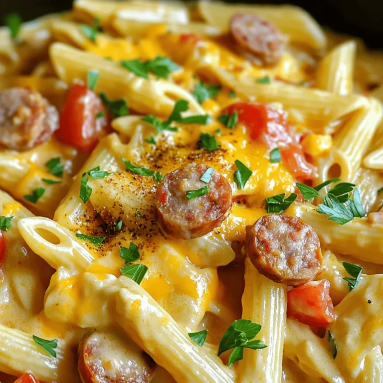 - 12 oz penne or rotini pasta - 12 oz smoked sausage, sliced - 1 tablespoon Cajun seasoning - 1 medium onion, diced - 2 cloves garlic, minced - 1 bell pepper (red or green), diced - 1 can (14.5 oz) diced tomatoes with green chilies - 4 cups chicken or vegetable broth - 1 cup heavy cream - 1 cup shredded cheddar cheese Gather these ingredients to make a great one pot Cajun sausage pasta. The penne or rotini pasta gives you a nice bite. Smoked sausage adds a savory depth to the dish. Cajun seasoning gives it a spicy kick. Chop the onion, garlic, and bell pepper. These veggies add flavor and texture. The diced tomatoes bring moisture and a little zest. Use chicken or vegetable broth to enhance the overall taste. Heavy cream makes the dish rich and creamy. Finally, shredded cheddar cheese adds a melty finish. Each ingredient plays a key role in creating this tasty meal. For the full recipe, check out the details above. - Heat 2 tablespoons of olive oil in a large pot over medium heat. - Add 12 oz of sliced smoked sausage to the pot. Cook for about 5 minutes until browned. Stir occasionally to get even color. - Next, stir in 1 diced medium onion, 1 diced bell pepper, and 2 minced cloves of garlic. - Sauté these for about 3 to 4 minutes until they soften. This will add great flavor. - Sprinkle 1 tablespoon of Cajun seasoning over the mixture. Stir well to coat everything evenly. - Add 1 can of diced tomatoes with green chilies and 4 cups of chicken or vegetable broth to the pot. - Bring the mixture to a boil. - Stir in 12 oz of penne or rotini pasta, making sure it is all covered by the liquid. - Reduce heat to low, cover, and let it simmer for about 12 minutes. Stir occasionally until the pasta is al dente. - Once the pasta is cooked, mix in 1 cup of heavy cream and 1 cup of shredded cheddar cheese. - Stir until the cheese melts and the sauce becomes creamy. - Adjust the seasoning with salt and pepper to taste. Let it sit for a couple of minutes to thicken before serving. For the full recipe, check out the details above. Choosing the right sausage For this dish, I recommend using smoked sausage. You can choose chicken, turkey, or even a plant-based option. The key is to find a sausage that has a nice smoky flavor. This adds depth to the pasta and makes each bite more satisfying. Tips for cooking pasta perfectly To cook the pasta just right, use a large pot and plenty of liquid. Make sure the pasta is fully submerged in the broth. Stir it a few times while it cooks. This helps prevent sticking. You want the pasta to be al dente, which means it should still have a slight bite. This texture keeps the dish from getting mushy. Homemade Cajun seasoning suggestions You can make your own Cajun seasoning if you like. Combine paprika, onion powder, garlic powder, cayenne pepper, and oregano. This blend gives a great kick to your dish. Adjust the amount of cayenne to control the heat level. Optional add-ins or sides Feel free to add more veggies. Peas or spinach work well and boost nutrition. You can also serve it with a side salad or garlic bread. Both pair nicely with the creamy pasta. If you want a protein boost, try adding shrimp or chicken. This will make the meal even heartier. {{image_2}} You can make this One Pot Cajun Sausage Pasta fit many diets. - Gluten-free options: Use gluten-free pasta. There are many brands that taste great. You will not lose flavor. Just check the package for cooking times, as they can differ. - Vegan alternatives: Swap the smoked sausage for plant-based sausage. Use coconut cream instead of heavy cream. This keeps the dish rich and tasty without any animal products. Want to change things up? Here are some easy swaps. - Different types of pasta: Penne and rotini work well. You can also try farfalle or even spaghetti. Just remember to adjust the cooking time if needed. - Choosing alternative proteins: If you want a lighter dish, use shrimp or chicken. Both proteins cook quickly and add great flavor. You can even try beans for a hearty vegetarian option. For the full recipe, check out the detailed instructions. Enjoy exploring these variations! To keep your One Pot Cajun Sausage Pasta fresh, store leftovers in the fridge. First, let it cool down. Then, transfer it to an airtight container. This helps avoid moisture loss and keeps the flavors intact. Enjoy your pasta within 3-4 days for the best taste. Recommended containers include glass or BPA-free plastic. They seal well and are easy to stack in your fridge. Label them with the date, so you know when to eat them. Freezing your One Pot Cajun Sausage Pasta is a great option for meal prep. To freeze, let it cool completely. Then, scoop portions into freezer-safe bags or containers. Remove as much air as possible to prevent freezer burn. You can freeze it for up to 3 months. When you're ready to eat, thaw the pasta overnight in the fridge. For quick meals, you can also thaw it in the microwave. To reheat, warm it on the stove over low heat. Add a splash of broth or cream if it seems dry. Stir gently until heated through for a delicious meal. Can I make it ahead of time? Yes, you can make Cajun sausage pasta ahead of time. Cook the dish, then cool it down. Store it in the fridge for up to three days. Reheat it in a pan over low heat. Add a splash of broth if it seems dry. How do I avoid mushy pasta? To avoid mushy pasta, cook it al dente. This means it should be firm to the bite. Stir the pasta occasionally while it cooks. Follow the cooking time on the package closely. Can I use other types of sausage? Absolutely! You can use chicken, turkey, or even plant-based sausage. Each type adds its own flavor. Just make sure to slice it before cooking. What if I don't have Cajun seasoning? If you don't have Cajun seasoning, you can make your own. Combine paprika, cayenne, garlic powder, and thyme. Adjust the spice level to your taste. What goes well with Cajun sausage pasta? Cajun sausage pasta pairs well with a fresh salad or garlic bread. A side of steamed vegetables adds color and nutrition. Can I add vegetables? Yes, adding vegetables is a great idea! Try spinach, zucchini, or mushrooms. Just chop them and toss them in with the sausage. They add flavor and texture to your dish. This blog post covered a tasty Cajun sausage pasta recipe. We explored main ingredients, like pasta, smoked sausage, and veggies. I shared clear steps for cooking and tips to perfect your dish. We also discussed variations for dietary needs and how to store leftovers. In conclusion, this recipe is simple, delicious, and adaptable. You'll enjoy cooking it and impressing friends and family. Happy cooking!