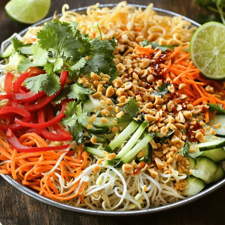 - 8 oz rice noodles - 1 red bell pepper, thinly sliced - 1 cup shredded carrots - 1 cucumber, julienned - 1 cup bean sprouts - 1/4 cup fresh cilantro, chopped - 1/4 cup roasted peanuts, crushed - 2 green onions, chopped The heart of this salad lies in its main ingredients. Rice noodles are light and absorb flavors well. Fresh vegetables add crunch and color. The red bell pepper brings sweetness, while the cucumber adds a refreshing bite. Carrots and bean sprouts give extra texture. Cilantro adds a burst of freshness, and peanuts give a delightful crunch. - 3 tablespoons fish sauce (or soy sauce for a vegetarian option) - 2 tablespoons lime juice - 1 tablespoon brown sugar - 1 tablespoon sesame oil - 1–2 tablespoons sriracha (adjust based on heat preference) Now, let’s talk about the dressing. Fish sauce adds umami and depth. Lime juice brings bright acidity, balancing the flavors. Brown sugar adds a hint of sweetness to the mix. Sesame oil provides a nutty aroma. Sriracha can spice things up, and you can adjust it based on your taste. - Additional proteins (shrimp, chicken, tofu) - Extra veggies (cabbage, snap peas) Want to make it heartier? You can add protein. Shrimp, chicken, or tofu work great. If you like more veggies, consider cabbage or snap peas. These add more layers to the dish and keep it exciting. Use your creativity to make this salad your own. For the full recipe, check out the details above! To start, cook the rice noodles. Follow the package instructions for the best results. Boil water in a pot, then add the noodles. Stir them often. Cook for about 4-6 minutes until tender. Drain the noodles and rinse them with cold water. This stops the cooking. Spread them out on a plate to cool down. Next, grab a big bowl. Add the sliced red bell pepper, shredded carrots, julienned cucumber, bean sprouts, chopped cilantro, and green onions. These fresh veggies make the salad crunchy and bright. Now, gently add the cooled rice noodles to the bowl. Mix them with the veggies to combine everything well. In a small bowl, whisk together the fish sauce or soy sauce, lime juice, brown sugar, sesame oil, and sriracha. Make sure to mix well until everything blends. Taste the dressing. If you want it sweeter, add more sugar. If you like it spicier, add more sriracha. Adjust the flavor to your liking. Now, pour the dressing over the salad. Toss everything gently so that the noodles and veggies get coated with the dressing. It should look colorful and appetizing. Transfer the salad to a serving platter. To finish, sprinkle crushed roasted peanuts on top for crunch. For extra flair, add more chopped cilantro and lime wedges on the side. For the full recipe, check back for details on cooking times and serving sizes. To make this spicy Thai noodle salad shine, cooking the noodles right is key. You want them soft, but not mushy. Follow the package instructions for the rice noodles. After cooking, rinse them with cold water. This stops the cooking and keeps them firm. For a nice crunch, choose fresh and crispy vegetables. Some great options include: - Red bell pepper - Shredded carrots - Julienned cucumber - Bean sprouts These veggies add color and texture, making your salad pop. Adjusting the spice level is important for your taste. If you love heat, add more sriracha. Start with one tablespoon, then taste. You can always add more if you like it spicier! Balancing sweetness is also vital. The brown sugar in the dressing cuts the heat and adds a nice touch. If it tastes too spicy, add a little more sugar. For a sweeter flavor, use more lime juice. When serving, think about what dishes pair well with this salad. Grilled chicken or shrimp make great sides. They add protein and complement the salad's flavors. If you have leftovers, keep them in the fridge. The salad stays fresh for a day or two. Just remember, the noodles might soak up the dressing. Toss in a bit more dressing before serving again. For the full recipe, check the detailed instructions. {{image_2}} For gluten-free diets, you can use rice noodles, which are naturally gluten-free. Look for brands that specify gluten-free on the package. This option keeps the dish tasty and safe for those with gluten issues. If you're vegetarian or vegan, simply swap fish sauce for soy sauce. Use a high-quality soy sauce for the best flavor. This small change makes the dish plant-based while still keeping it flavorful. To change the heat level, you can add more or less sriracha. Start with one tablespoon if you prefer mild heat. Taste it before adding more. You can also use fresh chili peppers for extra spice. Adding herbs can change the taste too. Fresh mint or basil can give a different flavor. They add freshness and brightness to the salad. Try mixing in these herbs for a unique twist. Using summer vegetables makes this salad even more vibrant. Cherry tomatoes, zucchini, or grilled corn can be great choices. They enhance the dish's texture and taste. In fall, consider using ingredients like roasted butternut squash or kale. These add depth and warmth to the salad. Adjusting the veggies with the seasons keeps your meal fresh and exciting. For more details on how to make this delicious dish, check out the Full Recipe. To keep your Spicy Thai Noodle Salad fresh, store it in airtight containers. This helps keep out air and moisture, which can spoil your salad. Make sure to refrigerate it right away. The fridge keeps your salad cool and safe to eat. If stored properly, your salad will stay fresh for about 3 days. After that, the flavors may fade, and the veggies can get soggy. Look for signs of spoilage, like a bad smell or wilting vegetables. If you notice these signs, it’s best to toss the salad. You can freeze the salad, but some ingredients may not do well. If you choose to freeze it, pack the noodles and veggies separately from the dressing. To freeze, place everything in a freezer-safe bag or container. When you want to eat it, thaw the salad in the fridge overnight. For reheating, you can quickly warm the noodles, but serve the dressing fresh for the best taste. For the full recipe, check the details above. I love using rice noodles for this salad. They are light and absorb flavors well. Rice noodles are gluten-free and cook quickly. They provide a nice texture that pairs perfectly with the fresh veggies. You can also try soba noodles or even whole wheat pasta, but rice noodles remain my top choice. Yes, you can make this salad ahead of time. It keeps well in the fridge for about one day. To prep, cook the noodles and chop the veggies early. Store them in separate containers. Mix everything together right before serving to keep it fresh and crunchy. You can easily adjust the heat in this salad. Sriracha is key for spice. Start with one tablespoon and taste it. If you want more heat, add another half tablespoon. You can also mix in some chili flakes or fresh chili if you like it even hotter! Absolutely! This recipe is great for meal prep. Cook the noodles and chop the veggies in advance. Store them separately in airtight containers. When you’re ready to eat, just toss them together with the dressing. It will save you time on busy days. This salad pairs well with grilled chicken or shrimp. You can also serve it with spring rolls for a fun meal. If you want a light bite, try it with a side of fresh fruit. The sweet flavors balance the spice nicely. For the complete preparation details and ingredient quantities, check the Full Recipe. This blog post covered how to make a Spicy Thai Noodle Salad that bursts with flavor. We discussed key ingredients, like rice noodles, fresh veggies, and a tasty dressing. I shared step-by-step instructions to help you prepare this dish easily. Tips for texture and flavor ensure your salad stands out. Explore variations to fit your diet and enjoy seasonal ingredients. In conclusion, this salad is not just a recipe; it's a canvas for your culinary creativity. Enjoy making it your own and sharing it with others!