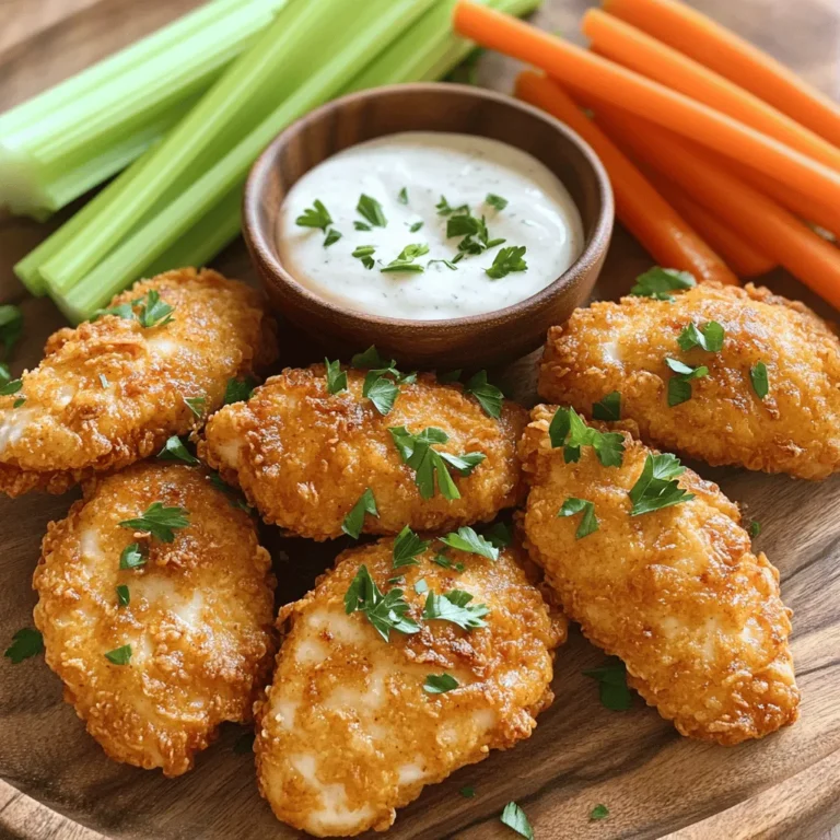 To make delicious Ranch Chicken Tenders, you will need the following: - 1 lb chicken tenders - 1 cup buttermilk - 1 cup all-purpose flour - 1/2 cup cornmeal - 1 packet ranch seasoning mix (about 1 oz) - 1 teaspoon garlic powder - 1 teaspoon paprika - Salt and pepper to taste - Oil for frying (canola or vegetable oil) - Fresh parsley, chopped (for garnish) If you don’t have some ingredients, here are some easy swaps: - Buttermilk: You can mix milk with vinegar or lemon juice. Let it sit for 5 minutes to thicken. - All-purpose flour: You can use whole wheat flour for a healthier option. - Cornmeal: Try using breadcrumbs or crushed crackers for a different texture. - Ranch seasoning: If you don't have ranch seasoning, use a mix of dried herbs like dill, parsley, and onion powder. Each serving of Ranch Chicken Tenders contains: - Calories: 400 - Protein: 30g - Carbohydrates: 45g - Fat: 15g - Fiber: 2g This meal provides a good balance of protein and carbs, making it a filling choice for dinner. Start by taking your chicken tenders. Place them in a bowl. Pour one cup of buttermilk over the chicken. Make sure every piece is covered well. This helps keep the chicken juicy. Cover the bowl and place it in the fridge for at least 30 minutes. This marinating time is key to flavor. While the chicken marinates, you can make the breading. In a separate bowl, mix the following: - 1 cup all-purpose flour - 1/2 cup cornmeal - 1 packet ranch seasoning mix (about 1 oz) - 1 teaspoon garlic powder - 1 teaspoon paprika - Salt and pepper to taste Stir this mixture until it is evenly combined. This blend gives a crunchy and tasty outer layer. After marinating, take the chicken from the fridge. Let excess buttermilk drip off. Next, dredge each tender in the breading mixture. Press the breading firmly on the chicken. This helps it stick better. Now, heat oil in a large skillet over medium-high heat. You want enough oil to cover the bottom of the pan, about 1/2 inch deep. Once the oil is hot, carefully place the breaded tenders in the pan. Don’t overcrowd them. Cook each side for 4-5 minutes. You want them golden brown and cooked through. Make sure the internal temperature reaches 165°F. When done, move the tenders to a paper towel-lined plate. This helps drain any extra oil. Garnish with fresh chopped parsley before serving. Enjoy this delicious meal! For the full recipe, check below. To fry chicken tenders well, use the right oil. I recommend canola or vegetable oil. Make sure the oil is hot enough before adding the chicken. A good test is to drop a little breading in the oil. If it sizzles, it's ready! Fry in batches to avoid crowding the pan. This keeps the oil hot and helps the chicken get crispy. Always check the internal temperature. It should reach 165°F for safe eating. Ranch chicken tenders shine with tasty dips. My top pick is classic ranch dressing. It complements the flavors perfectly. You could also try honey mustard for a sweet twist. Barbecue sauce adds a smoky flavor. If you want heat, go for spicy sriracha mayo. Each sauce brings out different flavors, so feel free to mix it up! Serve your ranch chicken tenders hot and crispy. They look great on a wooden platter. Add fresh parsley for color. Pair them with crunchy carrot and celery sticks. A side of fries also works well. If you want something lighter, a fresh salad is perfect. For drinks, try lemonade or iced tea. These pair nicely with the meal and keep it fun. {{image_2}} Baked Ranch Chicken Tenders offer a healthier twist on the classic recipe. Instead of frying, you bake them in the oven. This method cuts down on oil and fat. To make these, follow the same steps for marinating and breading. Preheat your oven to 425°F. Place the breaded tenders on a baking sheet lined with parchment paper. Spray them lightly with cooking spray for a crisp finish. Bake for 20-25 minutes, flipping halfway through. They will turn golden and crunchy without frying. If you love heat, try Spicy Ranch Chicken Tenders. You can add a kick by mixing in cayenne pepper or hot sauce with the ranch seasoning. Adjust the amount based on your spice tolerance. After marinating the chicken, coat it with the spicy breading. Cook them the same way as the classic version. Serve these spicy tenders with a cooling dip, like yogurt or sour cream. Using an air fryer gives you crispy Ranch Chicken Tenders with less oil. Just season and coat the chicken as usual. Preheat your air fryer to 400°F. Place the tenders in a single layer in the basket. Cook for about 10-12 minutes, flipping halfway. They should be golden and fully cooked. This method saves time and keeps your kitchen clean. Enjoy the same great taste with a fraction of the oil. You can find the Full Recipe for these delicious variations and more tips! After you finish your meal, let the chicken tenders cool down. Place them in an airtight container. This keeps them fresh. Store the container in the fridge. Your Ranch Chicken Tenders will stay good for about 3 to 4 days. To enjoy your leftovers, reheat them in the oven. Preheat the oven to 375°F. Place the tenders on a baking sheet. Bake for about 10-15 minutes. This helps them stay crispy. You can also use an air fryer. Set it to 375°F and cook for about 5-7 minutes. If you want to save some for later, freezing is a great option. First, let the cooked tenders cool completely. Then, wrap each one in plastic wrap. Place them in a freezer bag, squeezing out as much air as possible. They can last up to 3 months in the freezer. When you’re ready to eat, thaw them in the fridge overnight before reheating. Try not to refreeze them after thawing. For the full recipe, check out the detailed instructions above. Ranch Chicken Tenders stay fresh for about 3 to 4 days in the fridge. Store them in an airtight container to keep them from drying out. Before eating leftovers, check for any off smells or changes in color. Yes, you can use frozen chicken tenders! Thaw them first in the fridge. This helps them cook evenly. If you use frozen tenders, the cooking time may be a bit longer. Always check that they reach an internal temperature of 165°F. Ranch Chicken Tenders pair well with many sides. Here are a few ideas: - Fresh carrot sticks - Crispy celery sticks - A side salad with ranch dressing - French fries or sweet potato fries - Macaroni and cheese for a fun twist These sides add color and flavor to your meal. They also make it easy to enjoy a balanced dinner. For more ideas, check the Full Recipe. You learned about making Ranch Chicken Tenders, from ingredients to cooking tips. I covered substitutes, nutrition facts, and different cooking methods. Remember to try the variations for added flavor. Store extras properly and reheat for crispiness. This dish can satisfy any meal or snack. By following these steps, you can enjoy your own tasty Ranch Chicken Tenders anytime you crave them. Happy cooking!