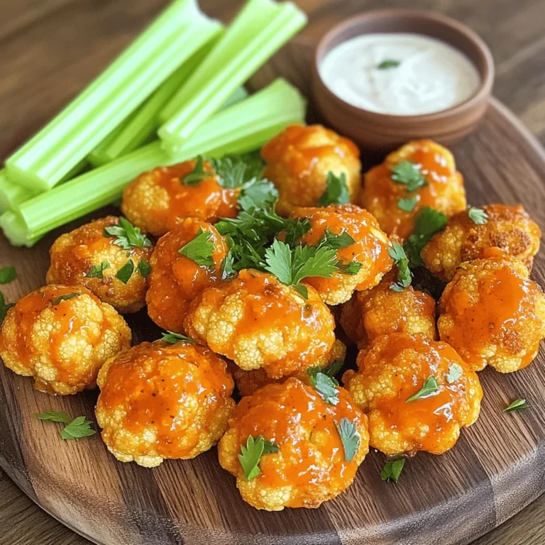 To make delicious Buffalo Cauliflower Bites, gather these ingredients: - 1 medium head of cauliflower, cut into bite-sized florets - 1/2 cup all-purpose flour (or gluten-free flour) - 1/2 cup water - 1 teaspoon garlic powder - 1 teaspoon onion powder - 1/2 teaspoon smoked paprika - 1/2 teaspoon salt - 1/2 cup buffalo sauce (your favorite brand) - 2 tablespoons olive oil - Fresh parsley, chopped (for garnish) - Celery sticks and ranch dressing (for serving) You can adjust the ingredients to fit your diet. For gluten-free options, use gluten-free flour. If you are vegan, skip the ranch dressing and choose a plant-based sauce. You can also add more spices like cayenne pepper for extra heat. When it comes to buffalo sauce, I recommend these brands: - Frank's RedHot: A classic choice known for its balanced heat. - Crystal Hot Sauce: A great option for a milder flavor. - Buffalo Wild Wings Sauce: Perfect for a rich, thick sauce. These brands can elevate your bites and make them tastier! For the full recipe, check out the instructions above. Start by preheating your oven to 450°F (232°C). This high heat helps make the bites crispy. While the oven heats, grab a large bowl. In this bowl, mix 1/2 cup of flour and 1/2 cup of water. Add 1 teaspoon of garlic powder, 1 teaspoon of onion powder, 1/2 teaspoon of smoked paprika, and 1/2 teaspoon of salt. Whisk everything together until it becomes a smooth batter. The batter should cling well to the cauliflower. Next, take your cauliflower. Cut 1 medium head into bite-sized florets. Dip each floret into the batter. Make sure each piece is well-coated. Place them on a lined baking sheet. Bake these in your preheated oven for about 20 minutes. Watch for them to turn golden and crispy. This step is key to achieving that great texture. After 20 minutes, take the baking sheet out. Prepare your buffalo sauce by mixing 1/2 cup of your favorite buffalo sauce with 2 tablespoons of olive oil. Toss the baked cauliflower in this sauce until they are well-coated. Return the cauliflower to the oven for another 10-15 minutes. This final bake allows the sauce to set and adds extra crispiness. Let them cool slightly after baking. Garnish with fresh parsley before serving. Enjoy these bites with celery sticks and ranch dressing. For the full recipe, check the earlier section. To get your Buffalo Cauliflower Bites extra crispy, follow these tips. First, make sure to cut the cauliflower into small, even florets. This helps them cook uniformly. Next, use a good amount of batter. A thick coating will give you that crunch. After the first bake, toss the bites in buffalo sauce. Bake them again to set the sauce. This last step is key to crispiness! Avoid these common mistakes for the best results. Don’t skip preheating your oven. If the oven isn’t hot enough, the bites won’t crisp up. Also, don’t overcrowd the baking sheet. Leave space between each floret. This allows hot air to circulate and cooks them evenly. Lastly, don’t rush the baking time. Let them bake until golden brown for perfect texture. Using the right tools can make your cooking easier. Here are a few I recommend: - Baking sheet: Use a sturdy, non-stick sheet for even baking. - Parchment paper: This helps prevent sticking and makes cleanup easy. - Mixing bowls: A large bowl is great for mixing the batter. - Whisk: A good whisk helps mix the batter smoothly. - Tongs: Use tongs to toss the cauliflower in sauce without making a mess. These tools will help you make the best Buffalo Cauliflower Bites. For the complete recipe, check out the Full Recipe section! {{image_2}} You can change the flavor of your Buffalo Cauliflower Bites by using different sauces. If you want more heat, try a spicy garlic sauce or a sriracha mix. For a sweet twist, honey BBQ sauce works great. You can even mix buffalo sauce with maple syrup for a sweet and spicy blend. Get creative and find your favorite! You don’t have to bake your bites. An air fryer is a fast and healthy option. It makes them crispy with less oil. Just set it to 400°F (204°C) and cook for about 15 minutes. If you love frying, deep frying gives a rich taste. Heat oil to 350°F (177°C), then fry the bites until golden brown. Both methods work well! Want to make your bites even better? Add some flavor boosters! Try mixing in spices like cayenne pepper for heat or Italian herbs for a twist. You can also toss in a bit of grated Parmesan cheese for extra flavor. If you like crunch, toss in some cornmeal or crushed nuts before baking. These add-ins take your cauliflower bites to the next level! For the full recipe, check out the details above. To keep your Buffalo Cauliflower Bites fresh, store them in an airtight container. Make sure the bites are completely cool before you pack them. This helps prevent moisture buildup, which can make them soggy. Place a paper towel in the container to absorb extra moisture. Store them in the fridge for up to three days. Reheating Buffalo Cauliflower Bites can be tricky. You want to keep them crispy. The best way is to use an oven. Preheat the oven to 350°F (175°C). Spread the bites on a baking sheet and heat for about 10 minutes. This will help restore their crunchiness. You can also use an air fryer for quick reheating. Set it to 350°F and cook for about 5 minutes. If you want to save your Buffalo Cauliflower Bites for later, freezing works well. First, let the bites cool completely. Lay them in a single layer on a baking sheet. Freeze them for a few hours until they are solid. Then, transfer them to a freezer bag. Remove as much air as possible to prevent freezer burn. They can last for up to three months in the freezer. When ready to eat, reheat directly from frozen. Bake them in the oven for about 15-20 minutes at 400°F (200°C). Enjoy the taste of your homemade snack anytime! For the complete cooking experience, check out the Full Recipe. Yes, you can make Buffalo Cauliflower Bites gluten-free. Just swap the all-purpose flour for a gluten-free flour blend. Many brands offer great options that work well in this recipe. Be sure to check the label to ensure it is certified gluten-free. This simple change keeps the bites tasty and safe for those with gluten sensitivities. To make these bites vegan, use a plant-based flour and water mix for the batter. The recipe already uses no animal products, so you are almost there! Ensure your buffalo sauce is also vegan. Many brands offer vegan-friendly buffalo sauces. Just check the ingredients to confirm. This way, everyone can enjoy these delicious bites without worry. Buffalo Cauliflower Bites pair well with celery sticks and ranch dressing, which help balance the spicy flavor. You can also serve them with blue cheese dressing for a classic touch. For a fun twist, try adding a side of carrot sticks or fresh veggies. These sides add crunch and freshness to your meal. For more ideas, check the Full Recipe for serving suggestions. In this article, we explored everything about Buffalo Cauliflower Bites. We covered key ingredients, steps for baking, and ways to make them crispy. Remember to adjust measurements for your dietary needs and try different sauces for flavor. Store leftovers properly to keep them tasty. You can easily make these bites gluten-free or vegan. Now you have the tools to create a delicious dish that everyone will love. Enjoy experimenting with these bites in your kitchen!
