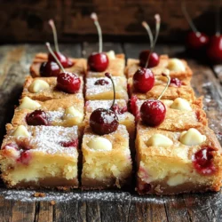 - 1 cup unsalted butter, melted - 1 cup brown sugar, packed - 2 large eggs - 1 teaspoon vanilla extract - 2 cups all-purpose flour - 1/2 teaspoon baking powder - 1/4 teaspoon salt - 1 cup white chocolate chips - 1 cup fresh cherries, pitted and chopped If you want to switch up the sweetener, try using coconut sugar or maple syrup. These can add a unique flavor. For those needing gluten-free options, almond flour or a gluten-free blend works well. If you can't find fresh cherries, frozen cherries can be a great substitute. Just make sure to thaw and drain them first to avoid excess moisture in your blondies. Using these substitutes can keep your blondies tasty and delightful. Feel free to explore new flavors and textures by making these simple changes! You can find the full recipe in the section above. First, I preheat the oven to 350°F (175°C). This step gets the oven ready for baking. I then prepare a 9x9-inch baking pan. I can grease it or use parchment paper. Parchment paper makes it easy to lift out the blondies later. Next, I combine the wet ingredients. In a large bowl, I mix melted butter and brown sugar. I stir until the mixture is smooth. Then, I add the eggs one at a time. It’s important to mix well after each egg. Finally, I add vanilla extract for a sweet touch. Now, I focus on the dry ingredients. In a separate bowl, I whisk together flour, baking powder, and salt. This step ensures that the baking powder and salt spread evenly. When I add these dry items to the wet mixture, I do it slowly. I stir until just combined. It’s key to avoid overmixing. This keeps the blondies soft and chewy. For the final steps, I fold in the cherries and white chocolate. I gently mix them into the batter, being careful not to break up the cherries too much. This way, the fruit and chocolate stay whole in each bite. Next, I pour the batter into the prepared pan. I spread it out evenly with a spatula. I bake the blondies for 25-30 minutes. To check for doneness, I insert a toothpick into the center. If it comes out with a few moist crumbs, they are done. Once baked, I let them cool for about 15 minutes in the pan. Then, I move them to a wire rack to cool completely. Now, I'm ready to cut them into squares and enjoy this delicious treat! For the complete recipe, refer to the Full Recipe section. To make the best Cherry White Chocolate Blondies, focus on two key things: preventing overmixing and achieving the perfect texture. - Preventing Overmixing: Mix your ingredients just until combined. Overmixing can make the blondies tough. The batter should be thick, but not overworked. - Achieving the Perfect Texture: Look for a soft, chewy texture. The edges should be slightly crisp, while the center remains moist. This balance creates a great bite. You can take these blondies to the next level with simple tweaks. - Adding Spices or Extracts: Consider adding a pinch of cinnamon or almond extract. This will deepen the flavor without overpowering the cherries and white chocolate. - Presentation Tips for Serving: Serve the blondies on a pretty plate. Dust them with powdered sugar for a sweet touch. Add whole cherries on top for a fun look. Pairing your blondies with the right foods enhances the experience. - Ideal Beverages to Enjoy with Blondies: I recommend a glass of cold milk or a cup of coffee. Both drinks balance the sweetness of the blondies nicely. - Complementary Desserts: If you want more sweets, serve with vanilla ice cream or a light fruit salad. They complement the flavors of the blondies well. For the full recipe, check out the detailed instructions earlier in this article. {{image_2}} You can change the flavor of cherry white chocolate blondies easily. Adding nuts like walnuts or pecans adds crunch and a rich taste. Shredded coconut flakes bring a tropical vibe that pairs well with cherries. You can also switch the chocolate chips. Use dark chocolate or milk chocolate for a different flavor profile. Each choice changes the taste and texture. If you want a vegan version, swap eggs for flax eggs. Use plant-based butter instead of regular butter. These changes keep the same great taste. For a low-sugar version, try using natural sweeteners like honey or maple syrup. You can also reduce the amount of sugar. These tweaks help suit your dietary needs while still making delicious blondies. You can make these blondies with different fruits for each season. In summer, use peaches or blueberries. Fall brings apples or pumpkin puree, adding spices for warmth. For the holidays, try adding cranberries and a sprinkle of cinnamon. This makes blondies festive and fun for any occasion. Each season offers a new way to enjoy this treat. To store your cherry white chocolate blondies, follow these tips: - In the fridge: Place them in an airtight container. This keeps them fresh for up to one week. If you want, you can separate layers with parchment paper. This helps prevent sticking. - Freezing blondies: Wrap them well in plastic wrap. Then, place them in a freezer bag or container. They can last up to three months in the freezer. When you are ready to eat, simply thaw them overnight in the fridge. To enjoy your blondies warm: - Oven method: Preheat your oven to 350°F (175°C). Place the blondies on a baking sheet. Heat for about 10 minutes. This keeps them soft and moist. - Microwave method: Place a blondie on a microwave-safe plate. Heat for about 10-15 seconds. This method is quick but be careful not to overheat, or they may dry out. These methods will help you enjoy your delicious cherry white chocolate blondies at their best! For the full recipe, check out the earlier section. Can I use frozen cherries instead of fresh? Yes, you can use frozen cherries. Just make sure to thaw and drain them first. This step helps avoid excess moisture in the blondies. How to tell when blondies are done baking? Check for golden edges and a toothpick test. Insert a toothpick into the center. It should come out with a few moist crumbs, not wet batter. What are the best ways to customize this recipe? You can add nuts like walnuts or pecans for extra crunch. Try using dark chocolate chips instead of white for a richer flavor. Why are my blondies too dense? Dense blondies often come from overmixing the batter. Mix just until combined to keep them light and fluffy. How to fix blondies that are too sweet? If your blondies are too sweet, add a pinch of salt to balance the flavors. Using less sugar next time will help too. For the full recipe, check out the detailed instructions included above. In this post, we explored the delightful recipe for Cherry White Chocolate Blondies. We covered the key ingredients, provided steps for perfect baking, and shared helpful tips. You learned about substitutes, flavor variations, and storage methods. These tips ensure your blondies are a success every time. Embrace your creativity in the kitchen. Enjoy baking and sharing these sweet treats with others. Happy baking!