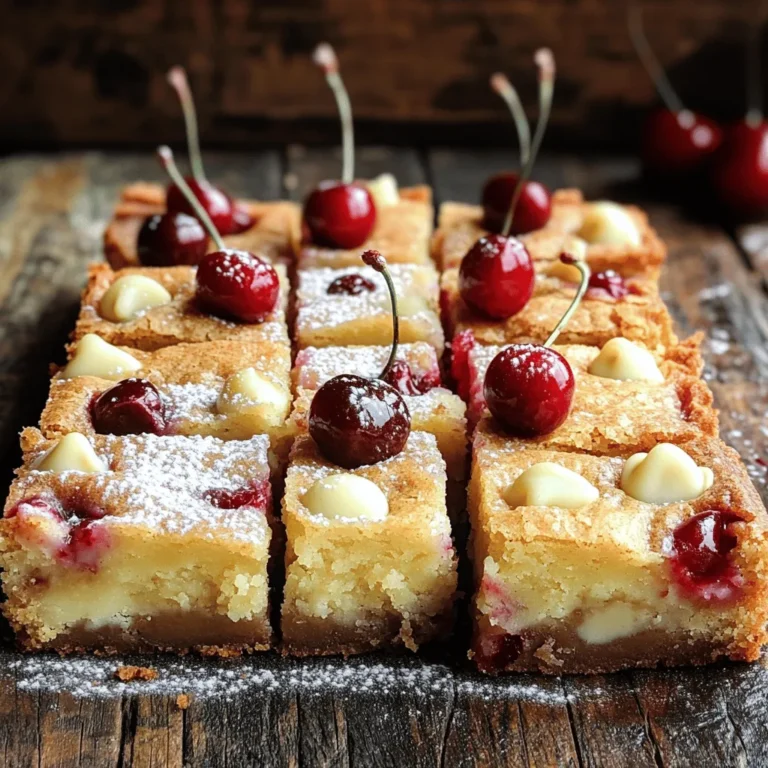 - 1 cup unsalted butter, melted - 1 cup brown sugar, packed - 2 large eggs - 1 teaspoon vanilla extract - 2 cups all-purpose flour - 1/2 teaspoon baking powder - 1/4 teaspoon salt - 1 cup white chocolate chips - 1 cup fresh cherries, pitted and chopped If you want to switch up the sweetener, try using coconut sugar or maple syrup. These can add a unique flavor. For those needing gluten-free options, almond flour or a gluten-free blend works well. If you can't find fresh cherries, frozen cherries can be a great substitute. Just make sure to thaw and drain them first to avoid excess moisture in your blondies. Using these substitutes can keep your blondies tasty and delightful. Feel free to explore new flavors and textures by making these simple changes! You can find the full recipe in the section above. First, I preheat the oven to 350°F (175°C). This step gets the oven ready for baking. I then prepare a 9x9-inch baking pan. I can grease it or use parchment paper. Parchment paper makes it easy to lift out the blondies later. Next, I combine the wet ingredients. In a large bowl, I mix melted butter and brown sugar. I stir until the mixture is smooth. Then, I add the eggs one at a time. It’s important to mix well after each egg. Finally, I add vanilla extract for a sweet touch. Now, I focus on the dry ingredients. In a separate bowl, I whisk together flour, baking powder, and salt. This step ensures that the baking powder and salt spread evenly. When I add these dry items to the wet mixture, I do it slowly. I stir until just combined. It’s key to avoid overmixing. This keeps the blondies soft and chewy. For the final steps, I fold in the cherries and white chocolate. I gently mix them into the batter, being careful not to break up the cherries too much. This way, the fruit and chocolate stay whole in each bite. Next, I pour the batter into the prepared pan. I spread it out evenly with a spatula. I bake the blondies for 25-30 minutes. To check for doneness, I insert a toothpick into the center. If it comes out with a few moist crumbs, they are done. Once baked, I let them cool for about 15 minutes in the pan. Then, I move them to a wire rack to cool completely. Now, I'm ready to cut them into squares and enjoy this delicious treat! For the complete recipe, refer to the Full Recipe section. To make the best Cherry White Chocolate Blondies, focus on two key things: preventing overmixing and achieving the perfect texture. - Preventing Overmixing: Mix your ingredients just until combined. Overmixing can make the blondies tough. The batter should be thick, but not overworked. - Achieving the Perfect Texture: Look for a soft, chewy texture. The edges should be slightly crisp, while the center remains moist. This balance creates a great bite. You can take these blondies to the next level with simple tweaks. - Adding Spices or Extracts: Consider adding a pinch of cinnamon or almond extract. This will deepen the flavor without overpowering the cherries and white chocolate. - Presentation Tips for Serving: Serve the blondies on a pretty plate. Dust them with powdered sugar for a sweet touch. Add whole cherries on top for a fun look. Pairing your blondies with the right foods enhances the experience. - Ideal Beverages to Enjoy with Blondies: I recommend a glass of cold milk or a cup of coffee. Both drinks balance the sweetness of the blondies nicely. - Complementary Desserts: If you want more sweets, serve with vanilla ice cream or a light fruit salad. They complement the flavors of the blondies well. For the full recipe, check out the detailed instructions earlier in this article. {{image_2}} You can change the flavor of cherry white chocolate blondies easily. Adding nuts like walnuts or pecans adds crunch and a rich taste. Shredded coconut flakes bring a tropical vibe that pairs well with cherries. You can also switch the chocolate chips. Use dark chocolate or milk chocolate for a different flavor profile. Each choice changes the taste and texture. If you want a vegan version, swap eggs for flax eggs. Use plant-based butter instead of regular butter. These changes keep the same great taste. For a low-sugar version, try using natural sweeteners like honey or maple syrup. You can also reduce the amount of sugar. These tweaks help suit your dietary needs while still making delicious blondies. You can make these blondies with different fruits for each season. In summer, use peaches or blueberries. Fall brings apples or pumpkin puree, adding spices for warmth. For the holidays, try adding cranberries and a sprinkle of cinnamon. This makes blondies festive and fun for any occasion. Each season offers a new way to enjoy this treat. To store your cherry white chocolate blondies, follow these tips: - In the fridge: Place them in an airtight container. This keeps them fresh for up to one week. If you want, you can separate layers with parchment paper. This helps prevent sticking. - Freezing blondies: Wrap them well in plastic wrap. Then, place them in a freezer bag or container. They can last up to three months in the freezer. When you are ready to eat, simply thaw them overnight in the fridge. To enjoy your blondies warm: - Oven method: Preheat your oven to 350°F (175°C). Place the blondies on a baking sheet. Heat for about 10 minutes. This keeps them soft and moist. - Microwave method: Place a blondie on a microwave-safe plate. Heat for about 10-15 seconds. This method is quick but be careful not to overheat, or they may dry out. These methods will help you enjoy your delicious cherry white chocolate blondies at their best! For the full recipe, check out the earlier section. Can I use frozen cherries instead of fresh? Yes, you can use frozen cherries. Just make sure to thaw and drain them first. This step helps avoid excess moisture in the blondies. How to tell when blondies are done baking? Check for golden edges and a toothpick test. Insert a toothpick into the center. It should come out with a few moist crumbs, not wet batter. What are the best ways to customize this recipe? You can add nuts like walnuts or pecans for extra crunch. Try using dark chocolate chips instead of white for a richer flavor. Why are my blondies too dense? Dense blondies often come from overmixing the batter. Mix just until combined to keep them light and fluffy. How to fix blondies that are too sweet? If your blondies are too sweet, add a pinch of salt to balance the flavors. Using less sugar next time will help too. For the full recipe, check out the detailed instructions included above. In this post, we explored the delightful recipe for Cherry White Chocolate Blondies. We covered the key ingredients, provided steps for perfect baking, and shared helpful tips. You learned about substitutes, flavor variations, and storage methods. These tips ensure your blondies are a success every time. Embrace your creativity in the kitchen. Enjoy baking and sharing these sweet treats with others. Happy baking!