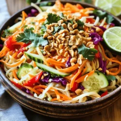 - Rice noodles and fresh vegetables - 8 oz rice noodles: They serve as the base of the salad. - 1 cup shredded carrots: These add crunch and sweetness. - 1 red bell pepper, sliced thin: This brings color and flavor. - 1 cup shredded red cabbage: It adds a nice crunch and color. - 1 cup cucumber, julienned: This gives a refreshing taste. - 1/2 cup fresh cilantro, chopped: It adds a burst of herbal flavor. - 1/4 cup scallions, sliced (green parts only): These provide a mild onion flavor. - 1/4 cup chopped roasted peanuts: They give a nutty crunch. - Essential items for the dressing - 1/4 cup creamy peanut butter: This is the heart of the dressing. - 2 tablespoons soy sauce: It adds saltiness and depth. - 2 tablespoons lime juice: This adds a tangy brightness. - 1 tablespoon honey or maple syrup: It brings sweetness to balance flavors. - 1-2 teaspoons sriracha: Adjust this for your spice level. - 1 tablespoon sesame oil: It gives a nutty aroma. - Water: Use this to thin the dressing if needed. - Optional toppings and garnishes - Additional chopped roasted peanuts: For extra crunch. - Fresh cilantro leaves: For vibrant color. - Lime wedges: To squeeze over the salad for added zing. This salad is a mix of flavors and textures. You can adjust the ingredients to fit your taste. For the full recipe, check out the detailed instructions. To start, boil a large pot of water. Once it boils, add 8 oz of rice noodles. Cook them for about 4-6 minutes. You want them to be tender but still firm. After cooking, drain the noodles in a colander. Rinse them under cold water to stop the cooking. This also helps keep them from sticking together. Set the noodles aside for later. Next, grab a large mixing bowl. Chop your fresh vegetables: 1 cup of shredded carrots, 1 red bell pepper (sliced thin), 1 cup of shredded red cabbage, and 1 cup of julienned cucumber. Add 1/2 cup of chopped cilantro and 1/4 cup of sliced scallions. Toss all the veggies together until mixed well. For the dressing, take a separate bowl. Whisk together 1/4 cup of creamy peanut butter, 2 tablespoons of soy sauce, and 2 tablespoons of lime juice. Add 1 tablespoon of honey or maple syrup and 1-2 teaspoons of sriracha for heat. Don't forget 1 tablespoon of sesame oil! If it’s too thick, add water one tablespoon at a time until you have a smooth dressing. Now it’s time to bring it all together. Add the cooked noodles to the bowl with the mixed vegetables. Pour the dressing over the top. Toss everything gently. Make sure the noodles and vegetables are evenly coated with the dressing. This creates a lovely blend of flavors in every bite. You can find the full recipe at [Full Recipe]. First, stop the cooking process right. After boiling the rice noodles, drain them. Rinse them under cold water. This cools them down and stops cooking. It’s the best way to keep them firm. To ensure the noodles don’t stick together, add a little sesame oil after rinsing. Toss the noodles gently in a bowl. This keeps them separated and ready for mixing. Sriracha brings heat to the dressing. You can add 1 teaspoon for mild spice. If you like it hotter, use 2 teaspoons. Feel free to adjust to match your taste. For different diets, substitute peanut butter with sunflower seed butter. This is great for nut allergies. You can also use tamari instead of soy sauce for a gluten-free option. Presentation matters. Serve the salad in a large bowl for sharing. You can also serve in individual bowls. Top each with extra peanuts and cilantro for color and crunch. Pair it with grilled chicken or tofu for a full meal. Lime wedges on the side add a fresh touch. This makes every bite bright and zesty. For the full recipe, check out the instructions above. {{image_2}} You can easily boost your Spicy Thai Peanut Noodle Salad with protein. Chicken is a great choice. Simply grill or sauté thin slices of chicken breast. Toss them into the salad for a hearty meal. If you're looking for a vegetarian option, consider tofu. Press and cube firm tofu, then pan-fry until golden. This adds a lovely texture and absorbs the flavors of the salad. Both chicken and tofu pair well with the spicy peanut dressing. Feel free to get creative with the veggies in your salad. Other great options include bell peppers, snap peas, or even edamame. These add color and crunch. You can also adapt your salad based on what's in season. In summer, try fresh corn or cherry tomatoes. In fall, consider shredded Brussels sprouts or roasted sweet potatoes. Using seasonal vegetables not only enhances flavor but also supports local farms. To keep Spicy Thai Peanut Noodle Salad fresh, store it in an airtight container. This helps lock in flavors and keeps the salad crisp. It can last in the fridge for about three days. However, the longer it sits, the softer the noodles and veggies become. If you notice any changes in color or smell, it's best to toss it out. When you're ready to enjoy the salad again, you can reheat it. I recommend using the microwave, as it's quick and easy. Place the salad in a bowl and heat it for about 30 seconds. Check and stir, then heat for another 30 seconds if needed. This method keeps the flavors intact. Avoid using high heat, as it can make the noodles mushy. For a fresh taste, consider adding a splash of lime juice after reheating. You can find the Full Recipe to guide you through the preparation. The main flavors are sweet, salty, tangy, and spicy. The creamy peanut butter gives richness. Lime juice adds brightness, while soy sauce brings depth. Sriracha gives it a kick. The fresh veggies add crunch and color. Together, these flavors create a vibrant and exciting dish. Yes, you can make this salad ahead of time. Prepare the noodles and veggies, then store them separately. Mix them with the dressing just before serving. This keeps everything fresh and crunchy. You can also store it in the fridge for a day or two. The spice level depends on the amount of sriracha you use. Start with one teaspoon if you prefer less heat. You can always add more if you like it spicy. This flexibility makes it great for different tastes. You can use sunflower seed butter or tahini for a nut-free option. These alternatives keep the creamy texture. They provide similar richness without allergens. Just be sure to choose a brand that fits your dietary needs. Yes, this salad can be gluten-free. Use gluten-free soy sauce or tamari in the dressing. The rice noodles are also gluten-free. Always check labels to ensure all ingredients meet your needs. This way, everyone can enjoy the dish. For the full recipe, check the details above. Spicy Thai Peanut Noodle Salad combines vibrant ingredients for a tasty meal. We covered the main components, cooking steps, and serving tips. Remember to adjust spice levels and add proteins as you like. With proper storage, leftovers stay fresh. This dish is a crowd-pleaser and easy to customize. Enjoy experimenting with flavors and make it your own. Happy cooking!