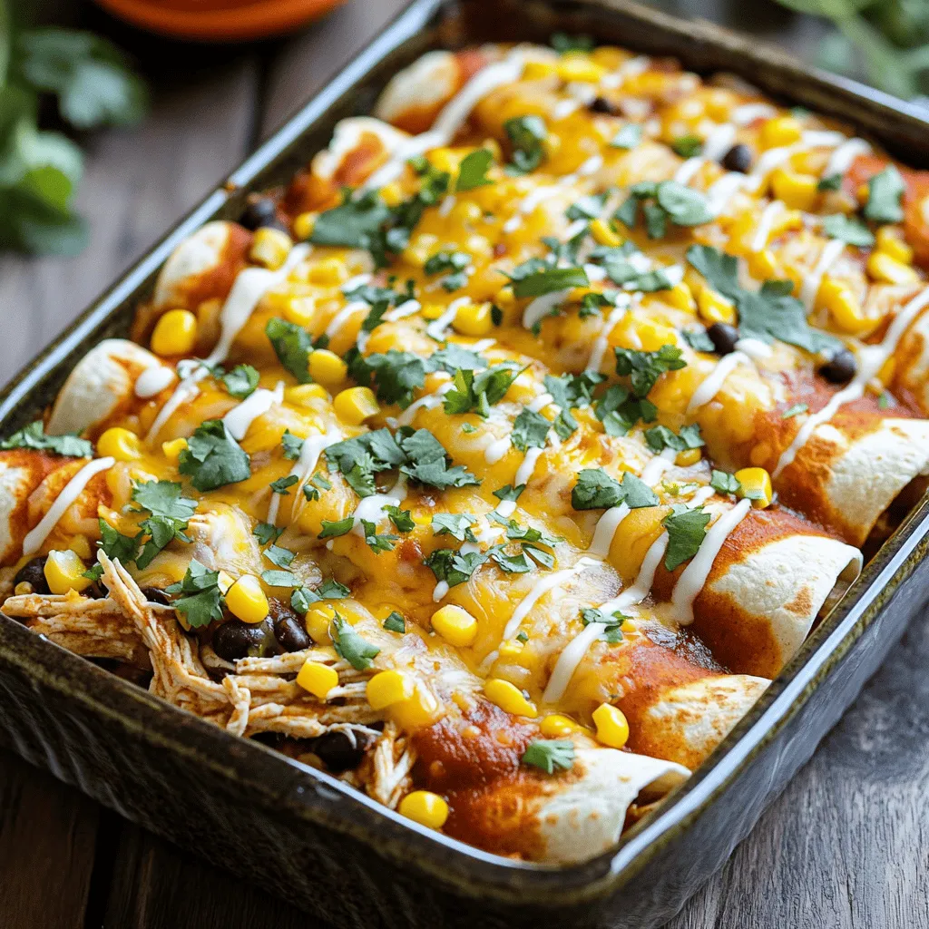 To make tasty chicken enchiladas, gather these key ingredients: - 2 cups cooked chicken, shredded - 1 cup black beans, rinsed and drained - 1 cup corn kernels (fresh or frozen) - 1 small red onion, finely chopped - 2 cloves garlic, minced - 1 cup salsa (your preferred heat level) - 1 teaspoon cumin - 1 teaspoon chili powder - 8 small corn tortillas - 2 cups shredded cheese (cheddar or Mexican blend) - ¼ cup fresh cilantro, chopped (for garnish) - Sour cream (optional, for serving) These ingredients create a flavorful base for your dish. The shredded chicken provides protein, while black beans and corn add texture and nutrition. The spices, like cumin and chili powder, give your enchiladas a warm kick. Salsa ties it all together with moisture and flavor. You will need some basic tools to prepare your enchiladas: - Baking dish - Skillet - Mixing bowl - Spoon for assembly With these tools, you can easily cook, mix, and bake your enchiladas. A baking dish holds everything while it cooks, and a skillet makes cooking the onions and garlic simple. If you want to change things up, here are some substitutions you can try: - Alternatives for chicken: Use shredded turkey or cooked lentils for a vegetarian twist. - Dairy-free options: Swap regular cheese for vegan cheese or skip it entirely. - Low-sodium options: Look for low-sodium beans and salsa to reduce salt intake. These substitutions help you adapt the recipe to fit your needs while keeping the flavor intact. Enjoy crafting your perfect chicken enchiladas with these tips! For the complete recipe, check out the Full Recipe section. First, you need to cook and shred the chicken. Use any cooked chicken you like. I often use rotisserie chicken for ease. Just shred it with your hands or a fork. Next, chop the onions and garlic. I like to use a small red onion for sweetness. Dice it finely to mix well. Mince two cloves of garlic to add flavor. Now, measure your spices and salsa. You will need one teaspoon of cumin and one teaspoon of chili powder. Salsa adds moisture and flavor. Choose your favorite heat level. Warm the tortillas next. You can use a skillet or microwave. This makes them softer and easier to roll. Fill each tortilla with the chicken mixture. Use about a quarter cup for each. Add some cheese for extra flavor. Roll them up tightly and place them seam-side down in a greased baking dish. Once all tortillas are filled, pour remaining salsa over the top. Sprinkle the rest of the cheese on top to create a nice crust. Cover the dish with foil. Bake it in your preheated oven at 350°F for 20 minutes. After that, remove the foil and bake for another 10 minutes. This helps brown the cheese and bubble the sauce. When done, take the dish out and let it cool. This helps the enchiladas set. You can then garnish them with fresh cilantro. Serve warm with sour cream if you'd like. For more details, check the Full Recipe. How to keep tortillas from tearing To prevent tearing, warm your tortillas. You can heat them in a skillet or microwave. This softens the tortillas and makes them easier to roll. Adjusting spice levels You can easily adjust the spice. If you like it mild, choose a mild salsa. For more heat, pick a hotter salsa or add diced jalapeños. Layering flavors for a richer taste Start with the base. Use spices like cumin and chili powder to enhance the flavor. Consider adding sautéed veggies like bell peppers or zucchini. This adds depth and makes your enchiladas even better. Complementary side dishes Serve your enchiladas with a fresh salad or Mexican rice. Both add color and balance to your meal. You can also try refried beans for a classic touch. Garnishing for presentation For a beautiful look, sprinkle fresh cilantro on top. You can add a dollop of sour cream for creaminess. Diced avocado also makes a tasty and pretty addition. Drinks that pair well with enchiladas Pair your enchiladas with a cold drink. I recommend a light beer or a refreshing margarita. You could also serve iced tea with a slice of lime. Overfilling tortillas Don’t put too much filling in your tortillas. About ¼ cup is perfect. If you overfill, they may break when rolling. Baking time adjustments Every oven is different. Keep an eye on your enchiladas. If the cheese isn’t bubbly after the time, add a few extra minutes. Forgetting to preheat the oven Always preheat before baking. This ensures even cooking. If you forget, your enchiladas may not cook properly. {{image_2}} You can easily adjust chicken enchiladas for different diets. For gluten-free options, use corn tortillas. Check labels to ensure all ingredients are gluten-free. For a vegan twist, swap chicken for lentils or mushrooms. Use vegan cheese or skip it altogether. To make them keto-friendly, choose low-carb tortillas and add more cheese. Use cauliflower rice instead of beans for a lighter meal. Adding different vegetables can change the taste. Try bell peppers, zucchini, or spinach. You can also experiment with cheeses. Blend sharp cheddar with Monterey Jack for a creamy mix. If you want a kick, add spicy sauces or jalapeños to the mix. Consider using enchilada sauce instead of salsa for a richer flavor. Chicken enchiladas vary by region. Traditional Mexican enchiladas often use mole sauce or red sauce. American-style enchiladas focus on cheese and sour cream. Explore different salsas like verde or pico de gallo for a fresh touch. Local ingredients can also add unique flavors. Use seasonal produce to keep your dish fresh and exciting. For more details, check the Full Recipe. To keep your chicken enchiladas fresh, store them in the fridge. Use an airtight container. This helps stop air from making them soggy. You can keep them in the fridge for up to four days. For longer storage, freeze them in a freezer-safe container. Make sure to wrap them tightly in plastic wrap and foil. This keeps them from getting freezer burn. You can reheat chicken enchiladas in the microwave or the oven. The microwave is quick but may not keep them crispy. To use the oven, set it to 350°F. Place the enchiladas in a baking dish. Cover them with foil to keep them moist. Bake for about 15 minutes. To prevent drying out, add a splash of broth or salsa on top before reheating. In the fridge, chicken enchiladas last about four days. If you freeze them, they can last for up to three months. Before you eat them, check for signs of spoilage. Look for changes in smell or color. If they smell off or look strange, it’s best to throw them away. To add heat, you can use spicy salsa. Look for salsa labeled "hot" or "extra hot." You can also add fresh jalapeños or diced serrano peppers when mixing the filling. For more spice, sprinkle in cayenne or crushed red pepper flakes. These simple changes will bring a nice kick to your dish. Yes, you can prep chicken enchiladas in advance. Make the filling and assemble the enchiladas. Then, cover and chill them in the fridge. You can bake them the next day. If you want to freeze them, wrap each enchilada well and store them in an airtight container. They keep well for up to three months. Chicken enchiladas go well with many sides. Here are some tasty options: - Spanish rice - Refried beans - Mexican corn salad - Fresh guacamole - Simple green salad with lime dressing These sides will balance the flavors and add color to your meal. For complete instructions and details, check the Full Recipe. In this article, I covered the key ingredients and steps to make chicken enchiladas. You learned about essential items, equipment, and tips for success. I shared variations for dietary needs and ways to store leftovers. Enchiladas are simple yet versatile, perfect for any meal. Enjoy experimenting and making it your own. Have fun creating delicious flavors that your family will love. Your next meal can be both easy and tasty!