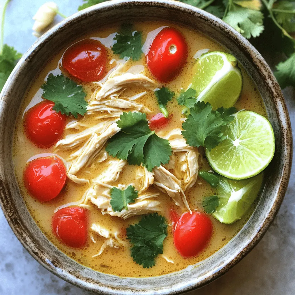- Chicken: I love using boneless, skinless chicken thighs. They are tender and juicy. Chicken breasts work too, but they can dry out. Thighs give the soup a rich flavor. - Coconut Milk: You can use regular or light coconut milk. Regular gives a creamier texture. Light is lower in fat but still tasty. - Fresh Produce: Fresh lime adds zest and brightness. Cherry tomatoes, red bell pepper, and mushrooms add color and taste. Use what you enjoy most! - Ginger and Garlic: Fresh ginger packs a punch of flavor. Garlic adds warmth and depth. Use both for a fragrant base. - Fish Sauce: This is optional. It adds umami if you want a richer taste. If you skip it, you won’t lose much. - Adjusting Spice Levels: Red pepper flakes bring heat. Start with a teaspoon and add more if you like it spicier. Just remember, you can always add more, but you can’t take it out! - Fresh Herbs: Cilantro is my go-to for a fresh finish. If you don’t like it, try basil or green onions. They work well too. - Additional Toppings: A squeeze of lime juice brightens the soup. You can also add crispy shallots for crunch or sliced jalapeños for more heat. - Suggested Sides: Serve the soup with crusty bread or rice. Both soak up the flavors and make the meal hearty. For the full recipe, check out the Full Recipe section. First, gather your ingredients. You need chicken thighs, coconut milk, chicken broth, and fresh veggies. I like to use cherry tomatoes, red bell pepper, and mushrooms. Also, grab some ginger, garlic, and limes. To prep the chicken, trim any fat and cut it into bite-sized pieces. This helps it cook evenly. For the veggies, wash them well. Slice the bell pepper and mushrooms, then halve the cherry tomatoes. Zesting the limes is next; it adds a bright flavor. For cooking techniques, start by heating olive oil in a large pot. This helps get a nice flavor base. Sauté the ginger and garlic until they smell great. This step brings out their natural oils. Now, let’s talk about sautéing and simmering. Sautéing adds good flavor and color to the chicken. You want to brown the chicken thighs on both sides. This takes about 4-5 minutes. Next, pour in the chicken broth. Bring it to a simmer. This softens the chicken and melds the flavors together. Let it cook for about 10-15 minutes. The chicken should feel firm and cooked through at this point. Before serving, taste the soup. Adjust the seasoning with salt, pepper, or more lime juice. This ensures every bite bursts with flavor. For presentation, ladle the soup into bowls. Add fresh cilantro on top. This not only looks nice but adds a fresh taste. Enjoy your Coconut Lime Chicken Soup! Check the full recipe for more details. When making Coconut Lime Chicken Soup, avoid overcooking the chicken. If you cook it too long, the chicken becomes dry and tough. Always check for doneness after 10-15 minutes of simmering. Preventing curdling of coconut milk is key. Add the coconut milk at the end of cooking. This keeps it creamy. If you boil it, the coconut milk can separate, changing the soup’s texture. Layering flavors can make your soup shine. Start with aromatics like garlic and ginger. Sauté these in olive oil before adding the chicken. This builds a strong base. Adjusting seasoning is crucial. Taste as you go. If it needs more brightness, add lime juice. For depth, try a splash of fish sauce. These small tweaks can elevate your dish. Shortcuts can save time without losing flavor. Prep your ingredients in advance. Chop veggies and measure spices before cooking. This makes the process smoother. Using rotisserie chicken is a smart move. It cuts cooking time and adds rich flavor. Just shred the chicken and add it to the soup during the last few minutes. This way, you still get a comforting meal without the fuss. For the full recipe, check out the Coconut Lime Chicken Soup page. {{image_2}} Coconut Lime Chicken Soup can fit many diets. It is easy to make it gluten-free by using gluten-free broth. The coconut milk is naturally dairy-free, too. For those who follow a vegetarian or vegan diet, swap the chicken for tofu. Use vegetable broth instead of chicken broth. This keeps the soup rich and tasty. You can change some ingredients without losing flavor. Instead of chicken, use shrimp for a seafood twist. Shrimp cooks quickly and adds a nice touch. For a plant-based option, firm tofu works well. You can also replace the red bell pepper with zucchini or spinach. These veggies add great color and nutrition. To make the soup even more exciting, try adding different spices. For an Asian flair, add lemongrass or Thai basil. These herbs brighten the dish. If you want a Caribbean touch, mix in allspice or nutmeg. Fresh cilantro adds a nice finish, but you can use green onions for a different taste. Explore these options to create your unique version of Coconut Lime Chicken Soup. Find the full recipe [here](#). To keep your Coconut Lime Chicken Soup fresh, store it in an airtight container. Place the soup in the fridge right after cooling down. It stays good for about three to four days. If you have leftovers, freezing is a great option. Use freezer-safe containers or bags. Make sure to leave some space at the top for expansion. This soup can last up to three months in the freezer. For best results, reheat the soup in a pot on the stovetop. This method helps maintain the soup's texture. Stir it often over medium heat until it warms through. If you use a microwave, heat it in short bursts. Stir after each burst to ensure even heating. Be careful not to overcook it, as this may change the soup's creamy texture. Coconut Lime Chicken Soup lasts about three to four days in the fridge. Check for signs of spoilage before eating. If the soup smells sour or has an off-color, it's best to discard it. Always trust your senses. Keeping track of when you made the soup helps you know when to enjoy it at its best. If stored properly, you can savor it for a while! You can find the full recipe here: [Full Recipe]. Can I make Coconut Lime Chicken Soup ahead of time? Yes, you can make Coconut Lime Chicken Soup ahead of time. It tastes great when reheated. Just store it in an airtight container in the fridge. It stays fresh for about 3 days. Reheat it on the stove or in the microwave. What can I substitute for coconut milk? If you need a substitute for coconut milk, try using almond milk or soy milk. Both give a nice flavor. You can also mix half-and-half and water for a creamy texture. How spicy is this soup? The spice level can change based on your taste. The recipe adds red pepper flakes. Adjust the amount to make it milder or spicier. You can skip them if you prefer no heat. What’s the best way to shred chicken? To shred chicken, use two forks. Hold one fork in each hand. Grab a piece of cooked chicken with one fork, and pull it apart with the other fork. It’s quick and easy. Can I use a slow cooker for this recipe? Yes, you can use a slow cooker. Cook the chicken in the slow cooker with broth and spices. After it's done, shred the chicken and add the coconut milk and veggies. Let it cook a bit longer to blend the flavors. Health benefits of the ingredients Many ingredients in Coconut Lime Chicken Soup have health benefits. Chicken provides protein, while coconut milk adds healthy fats. Limes give vitamin C, and ginger helps digestion. This soup is both tasty and good for you. Calorie count and portion sizes in Coconut Lime Chicken Soup One serving of this soup has about 300 calories. The recipe makes 4 servings. Each bowl is filling, so you can enjoy it without worry. Adjust portion sizes based on your needs. This blog covered how to make Coconut Lime Chicken Soup from scratch. We talked about the main ingredients, spices, and garnishes. You learned the preparation steps, cooking methods, and finishing touches for great flavor. I shared tips to avoid common mistakes and suggested variations for different diets. In the end, you can make this soup to fit your taste and needs. Enjoy it warm and share it with those you love!