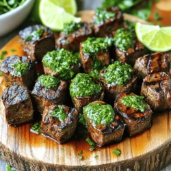 - 1 pound sirloin steak, cut into bite-sized cubes - 2 tablespoons olive oil - Salt and pepper to taste - 1 cup fresh parsley, finely chopped - 3 cloves garlic, minced - 1 teaspoon red pepper flakes (adjust for heat preference) - 1 tablespoon red wine vinegar (or substitute with apple cider vinegar) - Juice of 1 lime - 1 teaspoon dried oregano - Fresh herbs for garnish - Lime wedges for serving Gather these simple ingredients before you start cooking. The sirloin steak gives you a nice, tender bite. The olive oil adds flavor and helps the spices stick. Salt and pepper bring out the steak's natural taste. For the chimichurri sauce, fresh parsley is a must. It brightens the dish and adds a fresh taste. Minced garlic gives it a strong flavor. Red pepper flakes add heat, so adjust based on your taste. Red wine vinegar adds tang, but you can use apple cider vinegar if you prefer. Lime juice gives it a zesty kick, while dried oregano adds a herbal note. For garnishes, fresh herbs enhance the look and flavor. Lime wedges are a great touch for serving. You can find the full recipe to guide you through cooking these delicious Chimichurri Steak Bites. First, grab a medium bowl. Add 1 cup of chopped parsley and 3 cloves of minced garlic. Then, sprinkle in 1 teaspoon of red pepper flakes. Adjust this to your taste for heat. Next, pour in 1 tablespoon of red wine vinegar or use apple cider vinegar. Squeeze the juice from 1 lime into the bowl. Add 1 teaspoon of dried oregano and a pinch of salt. Mix everything well until it becomes a bright green sauce. This chimichurri sauce adds a fresh and zesty flavor to your steak bites. Now, take 1 pound of sirloin steak and cut it into bite-sized cubes. Place the steak cubes into a separate bowl. Drizzle 2 tablespoons of olive oil over the beef. Season with salt and pepper to taste. Toss the steak until each piece is coated evenly. The oil and seasoning help enhance the beef's rich flavors. You can cook the steak bites in two ways: grilling or pan-searing. If you choose to grill, thread the cubes onto skewers. Preheat your grill or skillet over medium-high heat. Cook each side for about 2-3 minutes. For medium-rare, check the doneness based on the size of your cubes. If you prefer pan-searing, heat a bit of oil in your skillet before adding the steak. Follow the same cooking times. Once done, remove the steak from heat and let it rest for a few minutes. After resting, serve the steak bites drizzled with chimichurri sauce for the best flavor. Enjoy the full recipe for more details! To make sure your steak bites taste great, aim for the right doneness. For medium-rare, cook the steak for about 2-3 minutes per side. Use a meat thermometer for accuracy. The internal temperature should be around 130°F. If you like it more done, leave it on the heat longer. Remember, the steak will keep cooking as it rests. If you have leftover Chimichurri steak bites, store them right. Place them in an airtight container. Keep them in the fridge for up to three days. Reheat them in a skillet over low heat. This keeps them juicy and tasty. You can also enjoy them cold in a salad or sandwich. Always follow food safety rules when cooking. Wash your hands before and after handling raw meat. Use separate cutting boards for meat and veggies. Cook the steak to a safe temperature to kill harmful bacteria. Keep the chimichurri sauce in the fridge and use it within a week. Enjoy your meal safely! {{image_2}} You can use many cuts for your chimichurri steak bites. Sirloin is a great choice, but don’t stop there. Ribeye adds a rich flavor. Tenderloin offers a melt-in-your-mouth texture. Flank steak is lean and perfect for quick cooking. Each cut gives a unique taste and texture. Choose what you like best. Adjusting the heat is easy. For a mild flavor, use less red pepper flakes. Just a pinch can give a nice kick without being too spicy. If you love heat, add more flakes. You can also mix in some chopped jalapeños for extra spice. Tailor the heat to fit your taste buds. Chimichurri is fantastic, but feel free to explore. A garlic herb sauce can give a fresh twist. A barbecue sauce adds sweetness and smokiness. You can even try a soy sauce marinade for an Asian flair. Each sauce brings a new flavor, making your steak bites special every time. Check out the Full Recipe for more ideas. Chimichurri steak bites shine when paired with the right sides. Here are some tasty ideas: - Garlic bread: It adds crunch and complements the sauce. - Roasted vegetables: Carrots, bell peppers, or asparagus bring color and flavor. - Rice or quinoa: These grains soak up the chimichurri and round out the meal. - Simple salad: Mixed greens with a light vinaigrette freshen the plate. Choosing the right drink makes your meal even better. Here are some excellent options: - Red wine: A Malbec or Cabernet Sauvignon pairs well with steak. - Craft beer: A pale ale or stout can balance the flavors. - Sparkling water: It cleanses the palate and keeps things light. - Lemonade: This adds a refreshing kick and matches the chimichurri zest. Great presentation makes a meal feel special. Here are some tips: - Platter display: Arrange the steak bites on a large platter for a shared experience. - Drizzle with chimichurri: Add extra sauce on top for color and flavor. - Garnish with herbs: Fresh parsley or cilantro adds a vibrant touch. - Serve with lime wedges: This invites guests to add more zest to their bites. For the full recipe, check out the details above. Enjoy your cooking! Yes, you can prepare Chimichurri Steak Bites ahead of time. You can make the chimichurri sauce a day before. Just store it in the fridge in an airtight container. The flavors will blend well overnight. For the steak, marinate it in olive oil, salt, and pepper. You can store it in the fridge for a few hours. I recommend cooking the steak bites fresh for the best taste. The best way to store chimichurri is in a glass jar or airtight container. Keep it in the fridge. It lasts about one week. If you want to keep it longer, you can freeze it. Pour the chimichurri into ice cube trays. Once frozen, transfer the cubes to a freezer bag. This way, you can use small amounts later. To adjust the recipe for larger servings, simply multiply the ingredients. For example, if you want to serve eight people, use two pounds of steak. Double the chimichurri sauce ingredients too. This will keep the flavors balanced. You can also cook in batches if your pan or grill is small. Follow the same cooking time for each batch. For the full recipe, refer to the recipe section above. In this blog post, we explored how to make delicious Chimichurri Steak Bites. We discussed the key ingredients, from steak to the zesty chimichurri sauce. I also shared step-by-step instructions for seasoning and cooking, along with tips for perfect doneness and safe storage. Now you can impress your guests with perfect bites. Experiment with sauces or garnishes to make this dish your own. With these insights, you can create a memorable meal. Enjoy each bite!