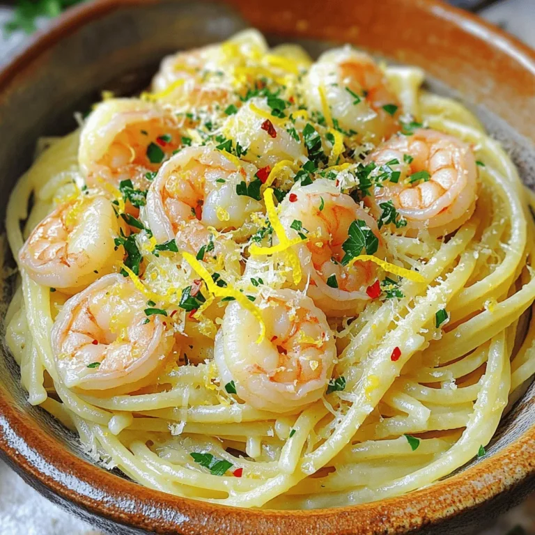 To make Garlic Lemon Shrimp Pasta, gather these simple ingredients: - 8 oz spaghetti or linguine - 1 lb large shrimp, peeled and deveined - 3 tablespoons olive oil - 4 cloves garlic, minced - 1 lemon (zest and juice) - 1 teaspoon red pepper flakes (adjust to taste) - Salt and pepper to taste - 1/4 cup fresh parsley, chopped - Grated Parmesan cheese (for serving) Fresh ingredients make a big difference in this dish. Fresh shrimp give a sweet taste and firm texture. Fresh garlic adds a strong and lively flavor. Using a ripe lemon enhances the dish with brightness. Fresh parsley gives a pop of color and a fresh taste. When you use top-quality ingredients, your meal shines. You can swap some ingredients if needed. If you can't find large shrimp, use medium ones instead. You can also use frozen shrimp, but thaw them first. If you don’t like red pepper flakes, use black pepper for a milder heat. No spaghetti or linguine? Use penne or fettuccine instead. For a lighter dish, you can replace olive oil with vegetable broth. Remember, the key is to keep it simple and tasty. For the full recipe, check out the entire section. Start by boiling water in a large pot. Add salt to the water for flavor. Once it boils, add 8 ounces of spaghetti or linguine. Cook according to the instructions on the package until it is al dente. This usually takes about 8 to 10 minutes. Before you drain the pasta, save half a cup of the water. This water helps bind the sauce later. After saving the water, drain the pasta and set it aside. In a large skillet, pour in 3 tablespoons of olive oil. Heat it over medium heat. Once the oil is hot, add 4 cloves of minced garlic and 1 teaspoon of red pepper flakes. Sauté for about 1 minute until the garlic smells good. Then, toss in 1 pound of large shrimp that are peeled and deveined. Cook the shrimp for about 2 to 3 minutes on each side. They should turn pink and opaque. Make sure to season with salt and pepper to taste. After the shrimp are cooked, it’s time to mix everything. Add the drained pasta into the skillet with the shrimp. Pour in the juice and zest of 1 lemon, along with the reserved pasta water. Toss everything together well. Cook for an additional 1 to 2 minutes. This helps the flavors blend nicely. Right before serving, stir in 1/4 cup of chopped fresh parsley. Plate the pasta with shrimp and top with grated Parmesan cheese if you like. For the complete recipe, check out the Full Recipe section. To cook shrimp just right, start with fresh or good-quality frozen shrimp. The key is to use medium heat. This helps the shrimp cook evenly. Toss them in the pan and watch closely. Cook for about 2-3 minutes on each side. They should turn pink and opaque. If you overcook them, they become tough. For perfect garlic, use fresh cloves. Mince them finely to release their flavor. Start cooking garlic in oil over medium heat. Watch it closely; it can burn fast. Sauté for only about a minute until fragrant. The smell of garlic will fill your kitchen and make your dish shine. Add zest from a lemon for a kick. It brightens the dish and balances the flavors. Consider adding fresh herbs like basil or oregano. A sprinkle of red pepper flakes gives heat. You can also use a splash of white wine for depth. These small changes can turn a good dish into a great one. For the full recipe, check out the details above. {{image_2}} You can add veggies to your garlic lemon shrimp pasta for more flavor and color. Broccoli, bell peppers, or spinach work well. Just steam or sauté them first. Add the veggies to the shrimp during cooking. This makes the dish healthier and more filling. Plus, the bright colors make it look great! If shrimp is not your favorite, you can try other proteins. Chicken breast works as a great substitute. Cook it the same way as the shrimp. You could also use scallops or cook some firm tofu for a veggie option. Each protein offers a unique taste, so feel free to experiment. Not a fan of spaghetti or linguine? No worries! You can use any pasta you like. Penne, fettuccine, or even zucchini noodles are good choices. The key is to cook the pasta until it's just right. Then, mix it with the shrimp and sauce for a tasty meal. For the full recipe, check out the details above. To store your Garlic Lemon Shrimp Pasta, let it cool first. Place it in an airtight container. Make sure to keep it in the fridge. It will last for up to three days. If you want to keep it longer, consider freezing it. When reheating, use a skillet for the best results. Add a splash of water or olive oil to keep it moist. Heat over low to medium heat. Stir often to prevent sticking. You can also use the microwave. If using a microwave, place it in a bowl and cover it with a lid. Heat in short bursts, stirring in between. To freeze Garlic Lemon Shrimp Pasta, store it in a freezer-safe container. Make sure to leave some space for expansion. It can be frozen for up to three months. When you are ready to eat it, thaw it overnight in the fridge. Reheat it as mentioned before. This way, you can enjoy this dish later without losing its taste. For the full experience, follow the Full Recipe details. Yes, you can use frozen shrimp. Just be sure to thaw them first. Place the shrimp in a bowl of cold water for about 15-20 minutes. Drain and pat them dry. This way, they cook evenly and stay juicy in the dish. I recommend spaghetti or linguine for this recipe. Both types hold the sauce well. You can also try fettuccine if you prefer a wider noodle. Just make sure to cook it al dente for the best texture. To add more heat, increase the red pepper flakes. Start with one extra teaspoon and taste as you go. You can also add fresh sliced jalapeños for a fresh kick. If you like it extra spicy, drizzle some hot sauce on top before serving. For the full recipe, refer back to the main instructions. Enjoy your cooking! This blog post covered key steps to make a tasty garlic lemon shrimp pasta. You learned about fresh ingredients, cooking techniques, and handy tips. Remember, using great ingredients and proper methods leads to a better meal. Feel free to get creative with variations and substitutions. Enjoy storing and reheating your leftovers, too. Cooking can be fun and easy when you know what to do. Dive in and try this recipe soon!