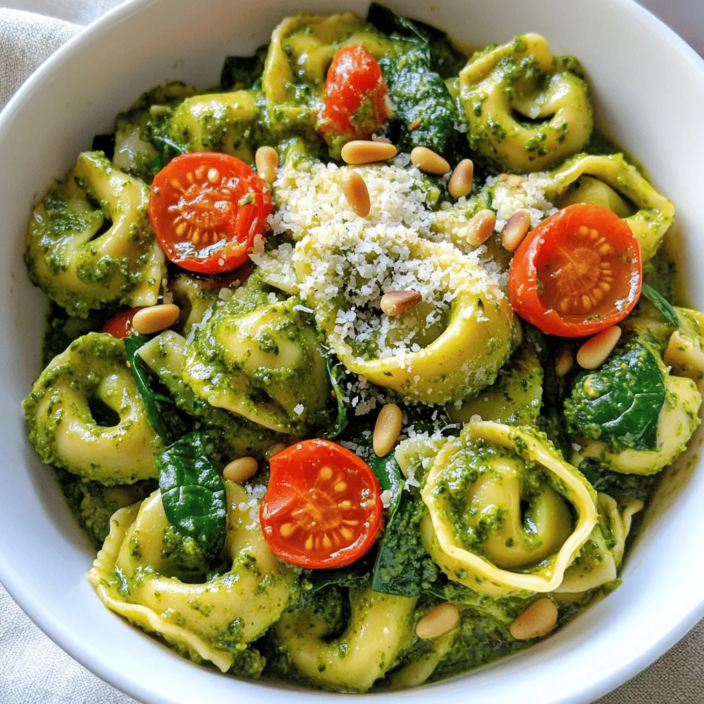 - 12 oz cheese tortellini (fresh or frozen) - 1 cup heavy cream - 1/2 cup prepared basil pesto - 1/4 cup grated Parmesan cheese - 1 cup cherry tomatoes, halved - 2 cups fresh spinach - 2 cloves garlic, minced - 2 tablespoons olive oil - Salt and pepper to taste - Optional: pine nuts for garnish The ingredients for creamy pesto tortellini come together to create a rich and vibrant dish. You start with cheese tortellini, which brings a nice texture and flavor. I love using fresh tortellini, but frozen works well too. Just make sure to follow package instructions for cooking. Next, the heavy cream adds a silky richness. It makes the sauce smooth and luscious. The prepared basil pesto gives that fresh, herby taste, which is key in this dish. You can use store-bought pesto for ease or make your own if you have time. For additional flavor, I like to add grated Parmesan cheese. It gives a salty kick that makes everything pop. Cherry tomatoes add a burst of sweetness and color. Their juicy bites contrast nicely with the creamy sauce. Fresh spinach is great for a pop of green and adds some nutrition too. Garlic enhances the overall flavor profile, infusing the dish with warmth and aroma. Olive oil is essential for sautéing the garlic, helping it release its flavor without burning. Finally, season with salt and pepper to balance everything out. If you want to add a special touch, consider using pine nuts as a garnish. They add a delightful crunch and nutty flavor, making your dish even more appealing. This blend of ingredients makes creamy pesto tortellini a sure winner for dinner. For the full recipe, check out the section above. Step 1: Start by boiling salted water in a large pot. This helps flavor the tortellini. Once the water boils, add 12 ounces of cheese tortellini. Cook them according to the package instructions until they are al dente. Step 2: After cooking, drain the tortellini and set them aside. Make sure not to rinse them. This keeps the starch on the pasta, which helps the sauce stick later. Step 3: In a large skillet, heat 2 tablespoons of olive oil over medium heat. Add 2 minced garlic cloves to the oil. Sauté the garlic for about one minute. You want it fragrant but not browned. Step 4: Next, pour in 1 cup of heavy cream and 1/2 cup of prepared basil pesto. Stir to mix well. Bring this mixture to a gentle simmer. The cream and pesto will blend to create a rich sauce. Step 5: Now, add 2 cups of fresh spinach and 1/4 cup of grated Parmesan cheese to the skillet. Stir until the spinach wilts and the cheese melts. This makes the sauce creamy and delicious. Step 6: Carefully mix the cooked tortellini into the sauce. Toss gently to coat each piece evenly. If the sauce looks too thick, add a splash of pasta cooking water. This will help reach your desired consistency. Step 7: Fold in 1 cup of halved cherry tomatoes. Season with salt and pepper to taste. Let everything heat through for another 2 to 3 minutes. This step adds freshness and color to the dish. Enjoy this creamy pesto tortellini as a delightful dinner option! For the full recipe, check out the detailed instructions above. To enhance the creamy pesto sauce, you can adjust its thickness using pasta water. After cooking your tortellini, save a cup of that starchy water. If your sauce feels too thick, add a splash of this water. It helps the sauce cling to the pasta perfectly. Using fresh herbs, like basil or parsley, can boost flavor. Fresh herbs brighten the dish and make it taste more vibrant. Just chop them finely and stir them in before serving. Be careful not to overcook the tortellini. Cook them until they’re al dente, as they will continue to cook when you mix them with the sauce. This way, they stay tender and don't become mushy. When sautéing garlic, do it slowly to prevent burning. Garlic can turn bitter if it cooks too long. Aim for a light golden color, which means it’s ready for the next step. For a beautiful presentation, serve your creamy pesto tortellini in individual bowls. Top each serving with extra grated Parmesan and a sprinkle of toasted pine nuts. These add a nice crunch and visual appeal. A drizzle of extra pesto on top provides a pop of color. It also invites your guests to dig in right away! The vibrant green pesto contrasts nicely with the creamy sauce and adds an extra layer of flavor. For the complete method to create this dish, check out the Full Recipe. {{image_2}} You can change things up by using different pasta. Instead of tortellini, try gnocchi or fettuccine. Both options work well with the creamy sauce. Gnocchi adds a soft, pillowy texture, while fettuccine gives more bite. You can also switch your pesto. Sun-dried tomato pesto brings a rich, tangy flavor. You can even make your own by blending sun-dried tomatoes, nuts, and olive oil. This gives you a unique twist and keeps your dish exciting. If you want a vegan version, use cashew cream. Just blend soaked cashews with water until smooth. Add nutritional yeast for a cheesy flavor without dairy. This keeps your dish creamy and delicious. For gluten-free options, look for gluten-free tortellini. Many brands offer tasty alternatives made from rice or corn. You can enjoy this dish without worrying about gluten. Pair creamy pesto tortellini with garlic bread for a satisfying meal. The crispy bread complements the creamy sauce well. A fresh salad with greens, cucumbers, and a light dressing also works nicely. When it comes to wine, a crisp Sauvignon Blanc is a great choice. Its acidity balances the richness of the dish. If you prefer red, a light Pinot Noir can also pair well. Enjoy these combinations for a full and delightful dining experience. For the full recipe, check out the detailed instructions above. To store leftovers of creamy pesto tortellini, place them in an airtight container. Make sure the container is sealed well to keep out air and moisture. You can store it in the fridge for up to three days. If you wait too long, the flavors may fade, and the pasta might become mushy. You can freeze creamy pesto tortellini if you have extra. To do this, let the pasta cool completely. Then, pack it in a freezer-safe container or bag. Try to remove as much air as possible to avoid freezer burn. It can last for up to three months. When you are ready to eat, thaw it in the fridge overnight. To reheat creamy pesto tortellini, you have two easy options: microwave or stovetop. For the microwave, place a portion in a bowl and cover it loosely. Heat for one minute, then stir and check the temperature. If it needs more time, heat in short bursts. For the stovetop, put the pasta in a pan with a splash of water or cream. Heat over low to medium heat, stirring often until hot. This method keeps the sauce creamy and helps the pasta stay tender. How do I make homemade pesto? To make homemade pesto, blend fresh basil, garlic, pine nuts, Parmesan cheese, and olive oil. Start with 2 cups of basil, a clove of garlic, 1/4 cup of pine nuts, and 1/2 cup of Parmesan. Add about 1/2 cup of olive oil. Blend until smooth. Adjust to taste with salt and pepper. You can also add lemon juice for a fresh kick. Can I use frozen tortellini for this recipe? Yes, you can use frozen tortellini. Just cook it according to the package instructions. Frozen tortellini saves time and still tastes great. It cooks quickly and mixes well with the creamy pesto sauce. What can I use instead of heavy cream? You can use half-and-half or coconut cream as a lighter option. For a dairy-free choice, try cashew cream or almond milk. These substitutes work well and keep the dish creamy. Adjust the amount based on your taste. Can I skip the spinach or substitute other greens? Absolutely! You can skip spinach if you prefer. Kale or arugula are great substitutes. They both add flavor and nutrients. You can also use frozen spinach if fresh greens are not available. How can I add protein to this dish? To add protein, consider cooked chicken, shrimp, or even chickpeas. Grilled chicken pairs nicely with the creamy sauce. For a vegetarian option, try adding white beans or tofu for extra protein. Is this dish suitable for meal prep? Yes, this dish is perfect for meal prep. You can make it ahead of time and store it in the fridge. Just reheat it on the stove or microwave. The flavors blend well, making it taste even better on the second day. Check the [Full Recipe](#) for easy steps! This tortellini dish is simple and full of flavor. Start with fresh or frozen cheese tortellini, and make a creamy pesto sauce that really shines. Add in spinach and cherry tomatoes for color and taste. Remember to adjust the sauce thickness and use fresh herbs for a boost. You can switch ingredients easily to fit your needs. Store leftovers right to keep them tasty. Enjoy this meal with great sides and drinks for a complete experience. Make this recipe your own and share it with others!