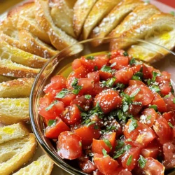 To make fresh tomato bruschetta, gather these simple items: - 4 ripe tomatoes, diced - 1 cup fresh basil leaves, chopped - 2 cloves garlic, minced - 1 tablespoon balsamic vinegar - 3 tablespoons extra virgin olive oil - Salt and pepper to taste - 1 loaf of Italian baguette or ciabatta, sliced These fresh ingredients create a bright and tasty topping. The tomatoes give a juicy base. The basil adds a nice herbal note. Garlic boosts the flavor. Olive oil ties everything together with richness. For added flavor, you can include: - 1 teaspoon honey (for sweetness) - 1/4 cup grated Parmesan cheese The honey adds a hint of sweetness to balance the tomatoes' acidity. Parmesan cheese brings a salty bite and creaminess. You can mix and match these add-ons to suit your taste. You will need some basic kitchen tools: - Mixing bowl - Baking sheet - Oven - Knife and cutting board These tools make the process easy. A mixing bowl helps combine the ingredients well. The baking sheet allows you to toast bread evenly. A knife and cutting board make chopping simple. For the full recipe, check out the instructions section. Enjoy making this delicious dish! Start by dicing the ripe tomatoes. Make sure they are fresh and juicy. Next, chop the basil leaves finely. You want them to mix well with the tomatoes. Then, mince the garlic cloves. Add all these ingredients to a mixing bowl. Pour in the balsamic vinegar and olive oil. Sprinkle salt and pepper to taste. If you like a touch of sweetness, add the honey. Gently toss everything together. Let it sit for about 10 minutes. This waiting time helps the flavors blend nicely. Now, preheat your oven to 400°F (200°C). Take the Italian baguette or ciabatta and slice it. Arrange the slices on a baking sheet. Brush each slice with olive oil. This step adds flavor and helps it crisp up. Place the bread in the oven. Toast it for about 5-7 minutes. Keep an eye on it until it turns golden brown. You want it to be crisp but not burnt. Once the bread is toasted, take it out of the oven. Top each slice with the tomato mixture. Make sure to pile it on generously. If you want, sprinkle some grated Parmesan cheese on top. Serve the bruschetta right away. This dish tastes best fresh! Enjoy the burst of flavors with every bite. For the complete recipe, check the [Full Recipe]. Choose ripe tomatoes for the best flavor. Look for tomatoes that feel firm but slightly soft when you press them. Red, juicy varieties like Roma or vine-ripened are my favorites. They have great taste and texture. Avoid tomatoes with blemishes or wrinkles. Freshness is key for your bruschetta. To boost the taste, try adding a pinch of sea salt. It brings out the tomatoes' natural sweetness. You can also add a splash of lemon juice for brightness. If you want a hint of sweetness, mix in a teaspoon of honey. Fresh herbs like oregano or parsley can add extra depth. Serve bruschetta right after you make it. This keeps the bread crisp. You can add toppings like grated Parmesan cheese for a creamy touch. If you like, drizzle extra olive oil on top. For a fun twist, pair bruschetta with a glass of chilled white wine. Enjoy the flavors! {{image_2}} You can change the herbs for a unique taste. Try parsley for a fresh twist. Oregano adds a warm, earthy flavor. Chives give a mild onion taste. Mix different herbs for more fun! Each combination brings its own charm to your bruschetta. Want to kick up the flavor? Add diced olives or capers for a salty punch. Feta cheese can give a creamy texture. You can also include diced peppers for a sweet crunch. A splash of lemon juice brightens the dish too. Experiment with what you love! Bruschetta isn’t just for tomatoes. Try it with roasted vegetables for a hearty bite. You can use fresh fruits like peaches or strawberries for a sweet touch. A layer of creamy ricotta or goat cheese works wonders. The options are endless, so let your taste guide you. For the full recipe, check out Tomato Basil Bliss Bruschetta. To store leftover bruschetta, place it in an airtight container. Keep it in the fridge. The bread may become soggy, so separate it from the topping if possible. The tomato mixture will stay fresh for about two days. If you want to enjoy it later, eat the mixture on fresh bread. For the best taste, use fresh tomatoes and basil. Store tomatoes at room temperature, not in the fridge. This keeps them juicy and full of flavor. Keep basil in a glass of water, like a flower, to maintain its freshness. If you have extra garlic, store it in a cool, dry place. When you're ready to serve leftover bruschetta, toast the bread again. This helps it regain its crunch. You can top it with the tomato mixture right before serving. For a warm option, try heating the tomato mixture in a pan. It adds a nice touch to the dish. Enjoy this delicious treat! For the full recipe, refer to the section above. Bruschetta lasts about 2 days in the fridge. Keep the topping separate from the bread. If mixed, the bread can get soggy. Store the topping in an airtight container. When ready to eat, toast fresh bread and add the topping. Yes, you can prepare the tomato mixture ahead of time. Make it up to 4 hours before serving. This lets the flavors blend well. Just remember to toast the bread right before serving. Fresh bread tastes better and stays crisp. The best bread for bruschetta is Italian baguette or ciabatta. These breads are crusty and hold toppings well. You can also use sourdough for a tangy twist. Pick a bread that you enjoy. It should be firm but soft inside for the perfect bite. In this blog post, we explored the key ingredients, step-by-step instructions, and helpful tips for making bruschetta. We looked at how to prepare fresh tomatoes, toast the bread, and offer serving ideas. I shared ways to store leftovers and answered common questions. Bruschetta is simple but delicious. With these steps, you can enjoy tasty bites anytime!