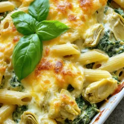 - 8 oz (about 2 cups) uncooked penne pasta - 1 can (14 oz) artichoke hearts, drained and chopped - 2 cups fresh spinach, chopped - 1 cup cream cheese, softened - 1 cup sour cream - 1 cup mozzarella cheese, shredded - ½ cup grated Parmesan cheese - 2 cloves garlic, minced - ½ teaspoon onion powder - ½ teaspoon garlic powder - Salt and pepper to taste - 1 tablespoon olive oil - Fresh basil leaves for garnish (optional) Choose fresh spinach for the best flavor. Look for bright green leaves. For artichokes, use canned ones as they are easy and quick. Always check the expiration date. Go for full-fat cream cheese and sour cream for a rich taste. Fresh garlic is better than powder for a strong flavor. When buying cheese, select good quality mozzarella and Parmesan for melting and flavor. If you need a dairy-free option, use vegan cream cheese and sour cream. For gluten-free eaters, swap penne pasta with gluten-free pasta. You can add cooked chicken or shrimp for protein. If you are vegetarian, you're already set! To reduce calories, use low-fat cream cheese and sour cream. These swaps keep the dish tasty while meeting dietary needs. First, set your oven to 375°F (190°C). This step warms the oven. Next, grab a large pot. Fill it with water and bring it to a boil. Once boiling, add 8 ounces of penne pasta. Cook it until it is al dente, about 8-10 minutes. When ready, drain the pasta and set it aside. In a big mixing bowl, add 1 cup of softened cream cheese and 1 cup of sour cream. Use a spatula to mix them well until smooth. Next, add 2 minced garlic cloves, ½ teaspoon of onion powder, and ½ teaspoon of garlic powder. Sprinkle in some salt and pepper to taste. Stir until it is all mixed evenly. This creamy base is the heart of our dish. Now, gently fold in the chopped artichoke hearts and 2 cups of chopped spinach. Add half of the mozzarella and half of the Parmesan cheese. Mix everything together until well combined. Take your cooked penne pasta and add it to the creamy mixture. Stir gently to coat all the pasta. Lightly grease a 9x13 inch baking dish with 1 tablespoon of olive oil. Pour the pasta mixture into the dish and spread it out evenly. Top it off with the rest of the mozzarella and Parmesan cheese. Carefully place the dish in the oven and bake for 25-30 minutes. Look for a golden and bubbly top. Once it’s done, let it cool for about 5 minutes. Garnish with fresh basil leaves if you like. Enjoy your creamy Spinach Artichoke Pasta Bake! For the complete details, see the Full Recipe. To get the best texture in your Spinach Artichoke Pasta Bake, focus on the pasta. Cook it just until al dente. This means it should be firm but not hard. Overcooked pasta can turn mushy when baked. Once drained, don’t rinse it. Rinsing removes the starch that helps bind the sauce. Also, mix your creamy base well. This helps create a smooth blend. If your cream cheese is too cold, it will clump. So, make sure it’s soft before mixing. To boost flavor in your dish, use fresh garlic. Fresh garlic has a stronger taste than powder. You can also add a pinch of red pepper flakes for heat. If you like herbs, consider mixing in fresh basil or parsley. These will add a nice fresh taste. For a twist, try adding some lemon zest. It brightens the flavors and cuts through the creaminess. If you want a richer taste, use a blend of cheeses. Swap half the mozzarella for gouda or fontina. This makes each bite creamy and cheesy. For even more flavor, consider using roasted artichokes. They add a smoky touch that enhances the dish. You can find the full recipe to guide you through these tips. {{image_2}} You can make Spinach Artichoke Pasta Bake even heartier by adding protein. Cooked chicken or shrimp works well. For chicken, use grilled or rotisserie chicken. Dice it and mix it into the creamy base. For shrimp, sauté them first until they are pink. Then, fold them into the mixture before baking. This way, you add flavor and texture, making the dish more filling. If you want a vegetarian version, skip any meat. You can also add more veggies. Try bell peppers, mushrooms, or zucchini. Just chop them finely and sauté before adding them to the creamy mixture. This keeps the dish flavorful while being meat-free. You can also use plant-based cream cheese and sour cream to make it dairy-free. To make this recipe gluten-free, swap out regular pasta for gluten-free pasta. There are many good options available today. Look for ones made from rice or chickpeas. They work great in this dish. Just make sure to check the cooking time, as gluten-free pasta may cook faster. This way, everyone can enjoy this tasty meal without worry! For the full recipe, check out the Spinach Artichoke Pasta Bake. After you enjoy your Spinach Artichoke Pasta Bake, store leftovers in the fridge. Use an airtight container for best results. The dish stays fresh for about three to four days. Make sure it cools down before sealing the container. This step helps keep the flavors intact. Reheating pasta bake can be simple. Preheat your oven to 350°F (175°C). Place the leftover pasta bake in a baking dish. Cover it with foil to keep it moist. Heat for about 15-20 minutes. You can also use the microwave for quick reheating. Just place a portion on a microwave-safe plate and heat for one to two minutes. Stir halfway for even warmth. If you want to save some for later, you can freeze this dish. Let it cool completely first. Portion it into freezer-safe containers or bags. Label them with the date. The pasta bake can last up to three months in the freezer. When you're ready to eat it, thaw it in the fridge overnight. Then, reheat it as described above. Enjoy the flavors again! For the complete recipe, check out the Full Recipe. You can make this dish healthier by using whole-grain pasta. Whole-grain pasta has more fiber and nutrients. You can also swap cream cheese for Greek yogurt. This change lowers fat and adds protein. Use fresh herbs instead of salt for flavor. Adding more veggies, like bell peppers or zucchini, boosts nutrition. These swaps keep the taste while making it better for you. Yes, you can prepare this pasta bake ahead of time. Make the dish and store it in the fridge for up to 24 hours. Just cover it well before refrigerating. When ready to bake, let it sit for 15 minutes at room temperature. This helps it cook evenly. You can also freeze it for later. Just thaw it in the fridge overnight before baking. This pasta bake pairs well with a simple side salad. A fresh green salad with a light vinaigrette works great. Garlic bread is another tasty option. It adds a nice crunch and flavor. You could also serve it with roasted vegetables for a healthy side. These sides balance the creamy, cheesy pasta dish perfectly. For more ideas, check out the Full Recipe. This blog covers key steps to make Spinach Artichoke Pasta Bake. I shared ingredient tips, substitutions for diets, and oven prep steps. You learned about creating the creamy mixture and baking it to perfection. We explored texture tips, flavor boosts, and possible protein options. I also included storage methods and answers to common questions. Enjoying this dish is easy with these steps. You can adjust it to fit your taste and needs. Now, it’s time to create your own delicious pasta bake!