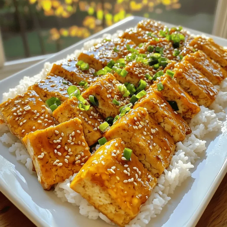 For my Baked Teriyaki Tofu, I use these main ingredients: - 400g firm tofu, pressed and diced - 1/4 cup soy sauce - 1/4 cup maple syrup - 1 tablespoon rice vinegar - 1 tablespoon sesame oil - 2 cloves garlic, minced - 1 teaspoon fresh ginger, grated - 2 tablespoons cornstarch These ingredients create a tasty marinade. The firm tofu gives a nice texture. The soy sauce adds saltiness, while the maple syrup brings sweetness. Rice vinegar adds a sharp note. Sesame oil gives a nutty flavor. Garlic and ginger provide warmth. I love to garnish my dish with: - Sesame seeds - Green onions, chopped - Cooked rice or quinoa These toppings add color and crunch. They also enhance the flavor. Serve the baked tofu over rice or quinoa for a hearty meal. The sesame seeds give a nice finish, while green onions add freshness. To change things up, I sometimes add: - Other vegetables like bell peppers or broccoli These additions bring more color and nutrition. You can roast them alongside the tofu for a complete meal. It’s an easy way to make the dish your own. Feel free to mix and match based on what you have at home. For the full recipe, refer to the earlier section! - Preheat the oven to 200°C (400°F). - Press and dice 400g of firm tofu. To press the tofu, wrap it in a clean kitchen towel. Place a heavy object on top for about 15 minutes. This helps remove excess water. Once pressed, cut the tofu into even cubes. This helps it cook evenly. - In a mixing bowl, combine: - 1/4 cup soy sauce - 1/4 cup maple syrup - 1 tablespoon rice vinegar - 1 tablespoon sesame oil - 2 cloves garlic, minced - 1 teaspoon fresh ginger, grated Whisk these ingredients until well mixed. This marinade gives the tofu a sweet and savory flavor. - Add the diced tofu to the marinade. Gently toss to coat all pieces. Let it marinate for at least 20 minutes. This step is key for flavor. - After marinating, sprinkle 2 tablespoons of cornstarch over the tofu. Mix gently to coat. The cornstarch will help create a crispy outside. - Spread the coated tofu evenly on a baking tray lined with parchment paper. - Bake the tofu for 25-30 minutes. Flip halfway through for even crispness. Watch for a golden color for the best texture. For the full recipe, refer to the recipe section above. Enjoy your delicious Baked Teriyaki Tofu! To achieve the best texture, pressing tofu is key. Start by wrapping the tofu in a clean kitchen towel. Place a heavy object, like a skillet, on top. Press for about 15-20 minutes. This step removes excess water, making the tofu firmer. Marinating time is also important. Aim for at least 20 minutes. This allows the tofu to soak up the flavors. The longer you marinate, the better it tastes. Even an hour will make a big difference. You can adjust the sweetness or saltiness in your marinade. If you prefer sweeter teriyaki, add more maple syrup. For saltiness, increase the soy sauce. Taste the marinade before adding the tofu. This helps you find the balance that you love. Adding spices can elevate the flavor. Garlic and ginger are great, but consider adding a pinch of red pepper flakes for heat. A sprinkle of black pepper can also enhance the taste. For plating, arrange the baked teriyaki tofu neatly on a platter. Drizzle any leftover marinade on top for added flavor. This makes the dish look appealing and colorful. Garnish with sesame seeds and chopped green onions. They add texture and a pop of color. You can also serve the tofu over a bed of cooked rice or quinoa for a complete meal. Enjoy your delicious creation! {{image_2}} You can swap out tofu for tempeh or seitan. Tempeh has a nutty taste and is firmer than tofu. It absorbs flavors well, perfect for teriyaki. Seitan is chewy and has a meaty texture, making it great for a hearty meal. Both options work well in this recipe. Just follow the same steps as with tofu. Adding vegetables can brighten up your dish. You can use seasonal veggies like bell peppers, broccoli, or snap peas. Stir-fry these first to soften them. Mix them with the marinated tofu before baking. This adds color and crunch to your meal. You can customize based on what you enjoy or have on hand. If you need a gluten-free option, use tamari instead of soy sauce. Tamari has a similar flavor but is made without wheat. This change keeps the dish tasty and safe for gluten-free diets. Just substitute it in the marinade, and you’re good to go! Enjoy your flavorful meal without worry. For the full recipe, check the earlier section. To store your baked teriyaki tofu, follow these tips: - Let it cool to room temperature. - Place it in an airtight container. - Store in the refrigerator for up to 4 days. This keeps the flavors fresh and helps maintain the texture. If you leave it uncovered, it can dry out. To reheat your baked teriyaki tofu and keep it crispy, use these methods: - Preheat your oven to 190°C (375°F). - Place the tofu on a baking sheet and heat for about 10-15 minutes. - Avoid microwaving, as it can make the tofu soggy. If you want a quick option, you can use a skillet. Just heat a little oil, add the tofu, and cook until warm and crispy. If you want to freeze the baked tofu, follow these steps: - Let it cool completely. - Place it in a single layer in a freezer-safe bag. - Remove as much air as possible and seal it. To defrost, move it to the fridge overnight. Reheat it in the oven to retain the crispiness. Enjoy your baked teriyaki tofu anytime! For the full recipe, check out the earlier sections. To make teriyaki sauce at home, combine these simple ingredients: - 1/4 cup soy sauce - 1/4 cup maple syrup - 1 tablespoon rice vinegar - 1 tablespoon sesame oil - 2 cloves garlic, minced - 1 teaspoon fresh ginger, grated Mix them all together in a bowl. This sauce is tasty for marinades or as a glaze. You can adjust the sweetness by adding more maple syrup or honey if you like. This basic teriyaki sauce is easy to make and perfect for your baked teriyaki tofu. Yes, tofu is a healthy food. It is low in calories and high in protein. Here is a quick breakdown: - Protein: Tofu has about 10 grams of protein per serving. - Fat: It has healthy fats, mostly unsaturated. - Calcium: Tofu can provide calcium, helping with bone health. - Iron: It also contains iron, which is important for blood health. Eating tofu can help support your diet. It is a great choice for plant-based meals. Yes, firm tofu works best for this recipe. It holds its shape well when baked. Here are some points to consider: - Texture: Firm tofu gives a nice, chewy texture. - Flavor: It absorbs the teriyaki sauce well. - Cooking: Firm tofu crisps up nicely in the oven. You can also use extra-firm tofu if you want it even denser. Just remember to press it first to remove extra moisture. Baked teriyaki tofu can be stored in the fridge for up to five days. Here are tips for storage: - Cool Down: Let the tofu cool before storing. - Container: Place it in an airtight container. - Reheat: When you are ready to eat, reheat it in the oven to keep it crispy. This way, you can enjoy your delicious baked teriyaki tofu throughout the week. We covered the main ingredients for teriyaki tofu and how to prepare it. You learned about marinating, baking, and garnishing your dish. Remember to choose your protein and veggies wisely for great flavor. Store your leftovers properly to enjoy later. Experiment with different sauces and spices to make it your own. Teriyaki tofu is a simple, tasty meal that pleases everyone. With these tips and tricks, you can master this delicious dish with ease. Enjoy every bite!