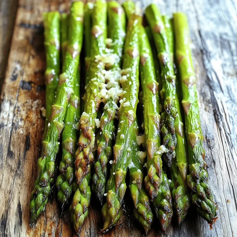 To make garlic roasted asparagus, you need fresh ingredients. Here’s what you’ll need: - 1 lb fresh asparagus, trimmed - 4 cloves garlic, minced - 3 tablespoons olive oil - 1 teaspoon lemon zest - Salt and pepper to taste These ingredients give the dish its strong flavor and healthy touch. Asparagus is crunchy and fresh, while garlic adds a rich taste. Olive oil helps roast the asparagus perfectly. You can mix in some extras to enhance your dish. Consider these fun options: - 1 teaspoon balsamic vinegar (for a tangy drizzle) - Grated Parmesan cheese (for a rich finish) Adding balsamic vinegar gives a sweet touch. Parmesan cheese brings creaminess and depth. Having the right tools makes cooking easier. Here’s what I suggest you use: - A large mixing bowl - A baking sheet - Parchment paper These tools help keep things clean and make cooking smooth. A mixing bowl allows for easy tossing of ingredients. A baking sheet ensures even roasting. Parchment paper helps with cleanup and prevents sticking. For the full recipe, check out the detailed instructions! To start, gather your ingredients. You will need 1 pound of fresh asparagus, 4 minced garlic cloves, 3 tablespoons of olive oil, 1 teaspoon of lemon zest, salt, and pepper. If you like, add balsamic vinegar and Parmesan cheese later. Next, wash the asparagus under cold water. Trim the tough ends off the stalks. This helps the asparagus cook evenly. Place the trimmed asparagus in a large mixing bowl. Add the minced garlic, olive oil, lemon zest, salt, and pepper. Toss until all the asparagus is coated well. Now it’s time to roast your asparagus! Preheat your oven to 425°F (220°C). Line a baking sheet with parchment paper. Spread the asparagus mixture in a single layer on the sheet. Make sure they are not crowded. This helps them roast better. Roast the asparagus for about 15 to 20 minutes. Keep an eye on them. You want them tender and slightly crispy at the tips. Toss the asparagus halfway through to cook evenly. If you like extra flavor, drizzle balsamic vinegar on top when they are done. Once your asparagus is ready, serve it hot. Sprinkle grated Parmesan cheese over the top for added richness. You can enjoy garlic roasted asparagus as a side dish with grilled chicken or fish. It also pairs well with pasta or a fresh salad. For a fun twist, try adding lemon wedges on the side for a burst of freshness. For the full recipe, you can refer back to the ingredients and instructions above. Enjoy your delicious garlic roasted asparagus! To roast asparagus well, start with fresh, firm stalks. Trim off the woody ends. This helps them cook better. Use a large bowl to mix the asparagus with garlic and olive oil. Make sure each piece is coated. Spread the asparagus in a single layer on the baking sheet. This allows them to roast and not steam. Roast at 425°F (220°C) for 15 to 20 minutes. Toss them halfway through for an even roast. They should be bright green and tender with crispy tips. While garlic is the star, you can add more flavors. Lemon zest brightens the dish. A drizzle of balsamic vinegar adds sweetness. You might also try red pepper flakes for heat. Fresh herbs like thyme or rosemary can add depth. Salt and pepper are essential for taste. Remember to adjust these to your liking. Grated Parmesan cheese is a great finish. It gives richness and a nice bite. One common mistake is overcrowding the baking sheet. This leads to steaming instead of roasting. Always leave space between the asparagus pieces. Another pitfall is under-seasoning. Don’t be shy with salt and pepper. A lack of flavor can make the dish dull. Also, avoid overcooking. Asparagus should be tender yet still have a slight crunch. Keep an eye on them as they roast. For more details, check the Full Recipe for Garlic Roasted Asparagus. {{image_2}} You can make this dish vegan and gluten-free easily. Skip the Parmesan cheese to keep it vegan. The garlic and olive oil bring a rich taste on their own. For gluten-free folks, this recipe is safe since it has no gluten ingredients. You can also add nutritional yeast for a cheesy flavor without dairy. If you want a smoky flavor, try grilling the asparagus. Preheat your grill to medium heat. Place the asparagus on skewers or a grill basket. Grill for about 5-7 minutes until tender. If you have an air fryer, use it! Set it to 400°F. Cook for 8-10 minutes, shaking halfway for even cooking. Both methods give a nice char and enhance the taste. Mixing flavors can take your dish to the next level. Consider adding crushed red pepper for heat. A squeeze of fresh lemon juice adds brightness. You can also toss in cherry tomatoes or bell peppers for color and taste. Experiment with herbs like thyme or rosemary. These extras make Garlic Roasted Asparagus even more delightful. Check out the Full Recipe for more ideas! After making garlic roasted asparagus, let it cool. Place your leftovers in an airtight container. This keeps the flavor fresh and prevents moisture loss. Store it in the fridge. It will last for about three days. If you want to keep it longer, consider freezing it. Reheating garlic roasted asparagus can be tricky. You want to keep it crispy. The best way is to use an oven. Preheat it to 350°F (175°C). Spread the asparagus on a baking sheet. Heat for about 10 minutes. This will help keep the texture nice. You can also use a skillet. Heat on medium for a few minutes until warm. Freezing is a great option if you have too much. First, let it cool completely. Then, place it in a freezer-safe bag. Squeeze out as much air as you can. Label the bag with the date. You can freeze it for up to three months. When you are ready to use it, thaw it in the fridge overnight. Reheat it in the oven for the best taste. These steps will help you enjoy your garlic roasted asparagus later. Roasting asparagus takes about 15 to 20 minutes at 425°F (220°C). The time can change based on the thickness of the asparagus. Thicker stalks may need a few extra minutes. Keep an eye on them. You want them tender and slightly crispy at the tips. Toss them halfway through to ensure even cooking. Yes, you can use frozen asparagus! Just remember to thaw them first. Pat them dry to remove extra moisture. This helps them roast better. They might not get as crispy as fresh asparagus, but they will still taste good. Asparagus is very healthy! It is low in calories and high in nutrients. Here are some benefits: - Rich in vitamins: Asparagus has vitamins A, C, E, and K. - High in fiber: This helps your digestion. - Good for heart health: It may lower blood pressure. - Contains antioxidants: These help protect your cells. Eating asparagus can be a great part of a balanced diet! Garlic roasted asparagus is simple and delicious. We explored the best ingredients, techniques, and tips. You learned how to prepare and serve this dish perfectly. We discussed variations for different diets and cooking methods. Proper storage and reheating make the leftovers taste great. With this guide, you can now make flavorful garlic roasted asparagus anytime. Enjoy your cooking journey and impress your family and friends with this tasty dish!
