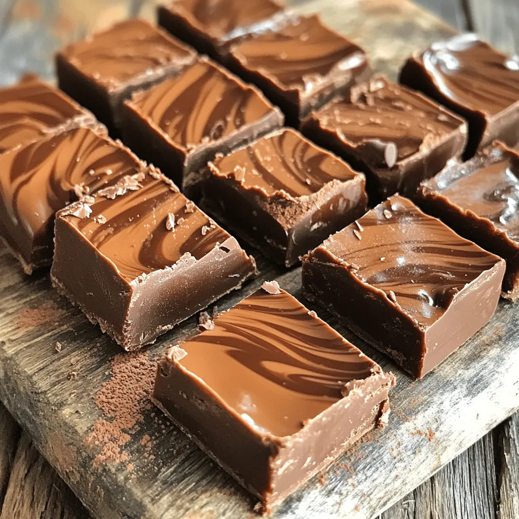 - Nutella - Sweetened Condensed Milk - Semi-Sweet Chocolate Chips For this simple recipe, you need: - 1 cup Nutella - 1 cup sweetened condensed milk - 2 cups semi-sweet chocolate chips If you want to switch things up, consider these options: - Use any chocolate hazelnut spread instead of Nutella. - You can swap sweetened condensed milk for evaporated milk mixed with sugar. - For a different taste, try dark chocolate chips or milk chocolate chips. 1. Start by heating the base mixture. In a medium saucepan, add the Nutella and sweetened condensed milk. Place the pan over low heat. Stir often until the mixture is smooth and creamy. This step usually takes about 5 minutes. 2. Next, incorporate the chocolate chips. Once the base is smooth, add the semi-sweet chocolate chips. Keep stirring gently. The chips will melt and blend into the fudge. This makes the fudge rich and chocolaty. 3. Now, pour the fudge into the baking dish. After mixing, remove the pan from heat. Take a greased 8x8 inch baking dish and pour the fudge mixture into it. Use a spatula to spread the fudge evenly. - For cooling times, let the fudge cool at room temperature for about 1 hour. After that, transfer it to the fridge. It needs about 2 hours to set fully. - To achieve the perfect texture, ensure the mixture is smooth before cooling. Stirring well prevents any lumps. If you want a softer fudge, reduce the fridge time slightly. - When presenting the fudge, cut it into neat squares. Place them on a fun plate or tray. You can also add a sprinkle of sea salt on top for a contrast in flavor. - Pair your fudge with other desserts. It goes well with ice cream or fresh fruit. You can also serve it with coffee for a sweet treat after dinner. To make the best fudge, avoid common mistakes. Do not rush the melting process. Stir the Nutella and condensed milk slowly over low heat. This helps prevent burning. If you notice lumps, keep stirring until smooth. Use fresh chocolate chips for a great texture. They melt better and make your fudge creamy. For a smooth consistency, keep the heat low. High heat can make the fudge grainy. Stir continuously until the chips melt completely. If you want thicker fudge, let it cool longer before cutting. Store your fudge in an airtight container. This keeps it fresh and tasty. You can store it at room temperature for up to a week. If you want it to last longer, place it in the fridge. To extend shelf life, wrap each piece in plastic wrap. This adds an extra layer of protection. You can also freeze fudge for up to three months. Just place it in a freezer-safe bag. You can prepare this fudge in advance. Make it a day or two before you need it. Just follow the Full Recipe and let it set in the fridge. If you want to serve it warm, gently reheat it. Use a microwave in short bursts. Heat just enough to soften it, not melt it completely. Enjoy your delicious fudge! {{image_2}} You can make your Nutella fudge even better. Try adding nuts or dried fruit. Chopped walnuts or pecans give a nice crunch. Dried cherries or cranberries add sweetness. You can also infuse flavors using extracts. A splash of vanilla or almond extract enhances the taste. Just remember, a little goes a long way! If you need a gluten-free version, you're in luck! All the ingredients in this fudge are gluten-free. Just check labels to be sure. For vegan options, swap the sweetened condensed milk. Use a plant-based milk and sugar mix instead. This keeps the fudge creamy and rich without dairy. Get creative with how you cut and serve the fudge. You can slice it into squares or long bars. For a fun twist, use cookie cutters for unique shapes. Fudge also works great as a filling or topping. Try it on ice cream or in brownies for an extra treat. To keep your Nutella fudge fresh, use an airtight container. This helps seal in moisture and flavor. You can store it at room temperature for up to a week. If you live in a hot area, refrigeration is best to prevent melting. You can freeze Nutella fudge for up to three months. To freeze it, cut the fudge into squares. Place the squares in a single layer on a baking sheet. Once frozen, transfer them to an airtight container or freezer bag. This prevents them from sticking together. To thaw, simply move the fudge to the fridge overnight. If you need it faster, leave it at room temperature for about an hour. Expect your fudge to stay fresh for about a week at room temperature. In the fridge, it can last for about two weeks. Signs of spoilage include a change in color or a strange smell. If you see any mold, it’s best to toss it out. By following these storage tips, you can enjoy your fudge longer and keep it tasting great! For the full recipe, check out the earlier section. Yes, you can use dark or milk chocolate. Dark chocolate gives a rich taste. It pairs well with the Nutella. Milk chocolate is sweeter and creamier. This makes the fudge extra smooth. Feel free to mix and match. Experimenting can lead to fun flavors! The fudge is set when it feels firm to the touch. It should not be sticky or soft. A good test is to gently press the top. If it holds its shape, it’s ready. You can also chill it in the fridge for faster results. It usually takes about two hours to fully firm up. You can double the recipe easily! Just use two cups of Nutella and sweetened condensed milk. For the chocolate chips, use four cups. Make sure to use a larger saucepan. A bigger baking dish helps too. This way, the fudge has room to spread. If your fudge is grainy, it’s often due to overheating. To fix it, gently reheat the mixture. Stir until smooth again. You can add a splash of milk to help with texture. If it’s still grainy, you can blend it in a food processor. This should help create a smooth finish. Yes, adding flavors is a great idea! You can stir in peppermint extract for a minty twist. Orange zest can bring a fresh and fruity note. Just add a little at a time. Taste as you go to find your favorite mix. There are so many fun options to explore! This blog discussed making Nutella fudge. We covered the ingredients, including Nutella and chocolate chips. I shared step-by-step instructions to make it perfectly. You learned tricks for storage and how to adapt recipes. In conclusion, this fudge is easy to make and fun to share. Feel free to try different flavors or alternatives. Your creativity will make each batch unique. Enjoy the process and savor every bite!