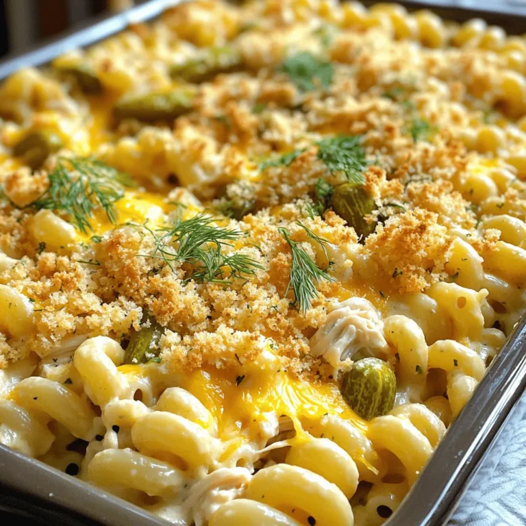 To make this tasty dish, gather these simple ingredients: - 8 ounces of elbow macaroni - 1 cup dill pickles, chopped - 1 cup cooked chicken, shredded (optional for protein) - 1 cup ranch dressing - 1 cup cheddar cheese, shredded - 1/2 cup cream cheese, softened - 1/2 teaspoon garlic powder - 1/2 teaspoon onion powder - 1/2 teaspoon black pepper - 1/2 cup breadcrumbs - Fresh dill for garnish (optional) These ingredients come together to create a creamy and tangy pasta bake. The pickles add a unique flavor, making this dish stand out. You can elevate your Pickle Ranch Pasta Bake with these optional ingredients: - Cooked bacon pieces for a smoky taste - Green onions for a fresh crunch - Extra cheese on top for a gooey finish Feel free to mix and match these options to suit your family's taste. Adding these can make the dish even more enjoyable. If you need to swap some ingredients, here are some easy ideas: - Use rotini or penne pasta instead of elbow macaroni. - Substitute Greek yogurt for ranch dressing to make it lighter. - Try pepper jack cheese in place of cheddar for a spicy kick. These substitutions can help you tailor the recipe to your preferences or what you have on hand. Don't be afraid to experiment! For the full recipe, check the earlier section. Start by preheating your oven to 350°F (175°C). While your oven heats up, grab a large pot. Fill it with salted water and bring it to a boil. Add 8 ounces of elbow macaroni to the boiling water. Cook the pasta until it is al dente, following the package instructions. This usually takes about 8-10 minutes. Once done, drain the pasta and set it aside. Next, gather your other ingredients. You will need 1 cup of chopped dill pickles, 1 cup of shredded cooked chicken (if you want protein), 1 cup of ranch dressing, and 1/2 cup of softened cream cheese. Also, have 1/2 teaspoon each of garlic powder, onion powder, and black pepper ready. Finally, gather 1 cup of shredded cheddar cheese and 1/2 cup of breadcrumbs for topping. In a large mixing bowl, combine the softened cream cheese and ranch dressing. Use a whisk or a spatula to mix them until smooth. Then, add the garlic powder, onion powder, and black pepper. Stir well to ensure the spices are evenly mixed in. Now, add in the chopped dill pickles and the shredded chicken, if you're using it. Finally, gently fold in the drained macaroni. Make sure every piece of pasta is coated in the creamy mixture. This step is key for flavor. After mixing, transfer the pasta mixture into a greased 9x13 inch baking dish. Spread it out evenly. Next, sprinkle the shredded cheddar cheese all over the top. In a small bowl, mix the breadcrumbs with a tablespoon of olive oil. This will help them crisp up in the oven. Sprinkle this breadcrumb mixture over the cheese layer. Place the dish in the preheated oven and bake for 25-30 minutes. You want the cheese to be bubbly and the breadcrumbs to turn golden brown. Once done, take it out of the oven and let it cool for a few minutes before serving. Enjoy your delicious Pickle Ranch Pasta Bake! For the complete recipe, check out the Full Recipe. To make your pasta bake creamy, add more cream cheese. You can mix in an extra half cup. This makes the dish richer and smoother. Another tip is to stir in a splash of milk. This keeps the pasta moist as it bakes. You can also use a blend of cheeses. Mixing cheddar with a bit of mozzarella adds both creaminess and stretch. To keep your leftovers fresh, store them in airtight containers. Make sure to cool the pasta bake before sealing it. This helps prevent moisture buildup. You can keep it in the fridge for up to three days. If you want to store it longer, freeze it. Just wrap it tightly in plastic wrap and foil. This keeps it safe for up to three months. Serve your pickle ranch pasta bake hot. It pairs well with a fresh salad or garlic bread. You can also add some sliced tomatoes or cucumbers on the side. For extra zing, offer dill pickles for garnish. A sprinkle of fresh dill on top makes it look nice too. Don't forget, some people love a little hot sauce to spice things up! For the full recipe, check out the recipe card above! {{image_2}} You can easily make Pickle Ranch Pasta Bake vegetarian. Instead of chicken, use more veggies. Try adding bell peppers, zucchini, or mushrooms. These add flavor and texture. You can also consider using plant-based cream cheese for a creamy texture without dairy. While elbow macaroni is a classic choice, you can switch it up. Try penne, fusilli, or even bowtie pasta. Each type brings a unique shape and bite. Just make sure to adjust cooking time as needed. Always cook pasta until al dente for the best bake. If you like heat, add jalapeños to the mix. Chop fresh or canned jalapeños, and stir them in with the other ingredients. This adds a spicy kick. You can also sprinkle some crushed red pepper flakes on top before baking for extra flavor. After your family meal, let the leftovers cool first. Place the pasta bake in an airtight container. It stays fresh for up to three days in the fridge. Make sure to cover it well. This helps keep the flavors intact. When you’re ready to eat, simply grab it from the fridge! If you want to store the dish for longer, freezing is a great option. First, let the pasta bake cool completely. Then, cut it into portions for easy thawing. Wrap each piece tightly in plastic wrap. After that, place them in a freezer-safe bag. It can stay in the freezer for up to three months. Label the bag with the date to track freshness. To enjoy your leftovers, preheat the oven to 350°F (175°C). Place the pasta bake in an oven-safe dish. Cover it with foil to keep it moist. Heat for about 20 minutes, or until warm. You can also reheat it in the microwave. Just heat in short bursts, stirring often. Enjoy the creamy, tangy flavors just like the first time you had it! For more details, check the Full Recipe. Yes, you can make Pickle Ranch Pasta Bake ahead of time. Prepare the dish up to the baking step. Cover it tightly with plastic wrap and store it in the fridge. You can bake it the next day. Just add extra time to bake if it's cold from the fridge. Pickle Ranch Pasta Bake pairs well with many sides. You might serve a fresh salad for crunch. Garlic bread is a great option, too. If you want more pickles, try serving extra dill pickles on the side. This adds a fun twist and extra flavor. Yes, you can make this dish gluten-free. Simply use gluten-free elbow macaroni. Most ranch dressings are gluten-free, but check the label. You can also use gluten-free breadcrumbs for the topping. This way, everyone can enjoy this tasty bake without worry. For the full recipe, check out the instructions above! In this article, we explored how to make a delicious Pickle Ranch Pasta Bake. We covered the complete ingredient list, suggested optional flavors, and smart substitutions. You learned step-by-step how to prepare, mix, and bake your dish. I shared tips for a creamier texture, storing leftovers, and serving ideas. You can also tweak the recipe with vegetarian options or a spicy kick. This dish is easy, fun, and perfect for sharing. Enjoy making it your own!