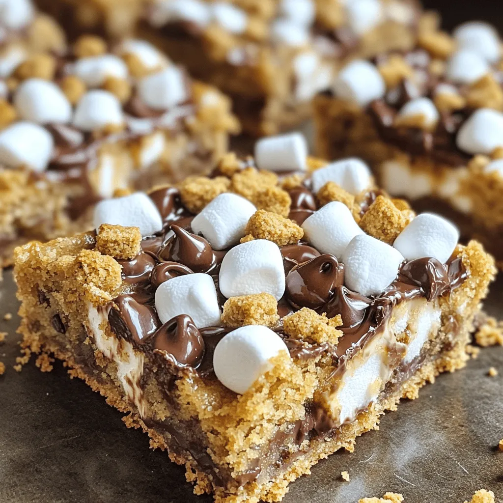 To make S'mores cookie bars, you need a few key items: - 1 cup unsalted butter - 1 cup brown sugar, packed - 1/2 cup granulated sugar - 2 large eggs - 1 teaspoon vanilla extract These ingredients create a rich, buttery base. The brown sugar adds a nice depth and moisture, while the eggs help bind everything together. You can't skip the vanilla; it brings out all the sweet flavors. Next, let's look at the dry items: - 2 1/2 cups all-purpose flour - 1 teaspoon baking soda - 1/2 teaspoon salt - 1 cup graham cracker crumbs Flour gives the bars their structure. Baking soda helps them rise, while salt balances the sweetness. Graham cracker crumbs are what make these bars taste like s'mores. They add a nice crunch and flavor. Now for the fun part—adding flavor: - 1 cup semi-sweet chocolate chips - 1 cup mini marshmallows Chocolate chips are essential. They melt and create gooey pockets of chocolate. Mini marshmallows add that classic s'mores touch. When baked, they get all soft and sweet. These additions make each bite a delight. For the full recipe, you can check the details above. - Preheat your oven to 350°F (175°C). - Grease a 9x13 inch baking pan or line it with parchment paper. - In a large bowl, cream together the softened butter, brown sugar, and granulated sugar. Mix until light and fluffy, about 3-4 minutes. - Add the eggs one at a time, mixing well after each one. - Stir in the vanilla extract. - In another bowl, whisk together the flour, baking soda, and salt. - Gradually mix this dry mix into the wet ingredients until just combined. - Fold in the graham cracker crumbs and chocolate chips. Make sure they are spread evenly in the dough. - Press about two-thirds of the cookie dough into the bottom of the prepared pan. - Sprinkle the mini marshmallows evenly over the dough. - Crumble the remaining cookie dough on top, covering the marshmallows as much as possible. - Bake in the preheated oven for 25-30 minutes. - Check for doneness when the edges are golden brown. A toothpick should come out clean, with some melted chocolate bits. - Allow the bars to cool in the pan for at least 15 minutes before slicing. For the full recipe, check the provided details. Enjoy your S'mores Cookie Bars! - Mix the butter and sugars well. This helps create the right texture. - Layer the cookie dough with marshmallows carefully. This ensures gooey bites in every bar. - Serve the bars warm. The melted chocolate and marshmallows taste best this way. - Add fun toppings! Try drizzling melted chocolate or sprinkling extra graham crumbs for a pretty look. - Do not overbake. Check the bars a few minutes early. They should be golden at the edges. - Prevent sticking by greasing the pan or using parchment paper. This makes slicing easy! For the full recipe, follow the steps closely to enjoy these delicious treats! {{image_2}} You can change up your S'mores Cookie Bars for fun. Try adding nuts or dried fruits. Walnuts or almonds can give a nice crunch. Dried cherries or cranberries add a sweet burst. You can also switch the chocolate type. Use milk chocolate for a sweet touch. Dark chocolate adds a rich flavor. White chocolate gives a creamy twist. Each choice creates a new taste experience. If you have dietary needs, you can still enjoy these bars. For gluten-free options, use gluten-free flour. This keeps the texture while making it safe. You can also make a vegan version. Replace the butter with coconut oil. Use flaxseed meal mixed with water instead of eggs. These swaps keep the yum factor high! Want to get creative? Try adding caramel or peanut butter. Swirl these into the batter before baking. This gives a delicious twist to each bite. You can also play with spices. A sprinkle of cinnamon adds warmth. Nutmeg can enhance the sweetness. These fun additions can make your S'mores Cookie Bars even more special. For the full recipe, check out the [Full Recipe]. To keep your s'mores cookie bars fresh, let them cool completely. This step is key. If you store them warm, they become soggy and lose their texture. Once cooled, place the bars in an airtight container. This will help keep them soft and chewy for days. Store your cookie bars at room temperature for up to five days. If you want them to last longer, refrigerate them. They can last up to a week in the fridge. For longer storage, freezing is a great option. Wrap the bars tightly in plastic wrap and then place them in a freezer-safe bag. They will stay fresh for up to three months. To restore the gooeyness, reheat the bars in the microwave for about 10-15 seconds. This will melt the chocolate and marshmallows a bit. You can also warm them in the oven at 350°F (175°C) for five minutes. If you want to get creative, crumble the bars over ice cream or use them in a dessert sundae. They add a fun twist to other treats! To make S'mores Cookie Bars from scratch, you need basic ingredients. Start with softened butter, brown sugar, granulated sugar, eggs, and vanilla. Mix these well in a bowl. In another bowl, combine flour, baking soda, and salt. Then, slowly mix the dry ingredients into the wet ones. Finally, add graham cracker crumbs, chocolate chips, and mini marshmallows. For exact steps, refer to the Full Recipe. Yes, you can use different cookie dough. Feel free to try chocolate chip or peanut butter dough. Each type will change the flavor, but it can still taste great. Just make sure to maintain the same amounts of butter and flour for best results. Store leftover S'mores Cookie Bars in an airtight container. This keeps them fresh and moist. Make sure they cool completely before storing. You can also layer parchment paper between bars to prevent sticking. S'mores Cookie Bars last for about one week at room temperature. If you refrigerate them, they can last up to two weeks. Always check for any signs of spoilage before eating. Yes, you can make these bars ahead of time. Bake them one or two days before you need them. Just store them in an airtight container. You can even freeze them for longer storage. Just thaw before serving for a tasty treat! Making S'mores Cookie Bars is fun and simple. You start with tasty ingredients, mix them just right, and bake until golden. Remember to layer the dough and marshmallows well for that melty goodness. Using the tips for mixing and storage will help you enjoy these bars longer. Try out fun variations to make the recipe yours. These bars can be a new favorite treat, whether you serve them warm or share with friends. Enjoy your tasty creation!