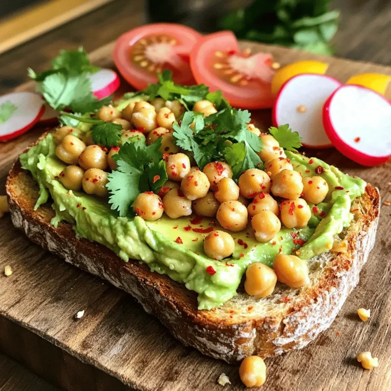 - 1 ripe avocado - 1 cup canned chickpeas, rinsed and drained - 1 tablespoon tahini - 1 tablespoon lemon juice - 1 garlic clove, minced - Salt and pepper to taste - 4 slices whole-grain bread - 1 teaspoon olive oil - 1 teaspoon red pepper flakes (optional) - Fresh cilantro or parsley for garnish To make Chickpea Avocado Toast, gather these fresh ingredients. Start with a ripe avocado. A ripe avocado feels slightly soft when you gently press it. Next, grab your canned chickpeas. Rinse and drain them well. This helps reduce sodium and improves flavor. You will also need tahini. This sesame paste adds a nice creaminess. Lemon juice brightens the dish and adds a zesty kick. Don’t forget the garlic! Minced garlic gives a warm, savory flavor. You can adjust salt and pepper to suit your taste. For the base, use whole-grain bread for added fiber. A drizzle of olive oil adds richness during toasting. If you like heat, add red pepper flakes for a spicy twist. Finally, fresh herbs like cilantro or parsley bring color and freshness to the dish. You can find the full recipe for this delightful toast [here](#). How to mash avocado To start, take a ripe avocado. Cut it in half and remove the pit. Scoop the green flesh into a medium bowl. Use a fork to mash the avocado. Aim for a smooth consistency, but leave some small chunks for texture. This adds a nice feel to your toast. Preparing chickpea mixture Next, grab another bowl. Add 1 cup of drained canned chickpeas. Use a fork to mash them slightly. You want some chickpeas whole for a nice bite. Then, add 1 tablespoon of tahini, 1 tablespoon of lemon juice, and 1 minced garlic clove. Season with salt and pepper. Mix everything well until it looks creamy. Combining avocado and chickpeas Now it’s time to mix the two. Add the mashed avocado to the chickpea mixture. Stir until it’s well combined. Taste it and adjust the seasoning if needed. Your chickpea-avocado mixture is ready! Best methods for toasting For the best toast, I recommend using a non-stick skillet. Heat the skillet over medium heat. Add a little olive oil to help crisp the bread. This method gives a nice golden-brown finish. You can also use a toaster if you prefer. Tips for achieving golden-brown toast Toast each slice for about 2-3 minutes on each side. Keep an eye on it to avoid burning. If you like extra crispiness, you can toast it longer. Just remember, you want a nice crunch without losing flavor. Spreading the mixture Once your bread is toasted, take it off the heat. Use a knife to spread the chickpea-avocado mix on each slice. Be generous! You want every bite to be packed with flavor. Adding final touches for presentation To finish, sprinkle red pepper flakes on top for a bit of spice. You can also add fresh herbs like cilantro or parsley for color and flavor. For a beautiful presentation, serve your toast on a wooden board or a bright plate. This makes it look as good as it tastes! For the full recipe, check out Chickpea Avocado Toast Delight 🥑. - Adding extra toppings: You can add sliced hard-boiled eggs for protein. Cherry tomatoes or radishes add color and crunch. Try feta cheese for a salty kick. You can also sprinkle nuts or seeds for texture. - Seasoning suggestions: Experiment with cumin or smoked paprika for warmth. Fresh herbs like basil or dill can brighten the flavor. A drizzle of balsamic glaze adds sweetness and depth. - Best side dishes: Serve with a simple green salad for freshness. Fresh fruit, like berries or melon, makes a great side too. You can also pair it with sweet potato fries for contrast. - Pairing drinks: A fresh juice, like orange or green apple, complements the toast well. Herbal tea is a nice choice for a lighter option. If you prefer, a sparkling water with lemon adds a refreshing touch. - Health advantages of chickpeas and avocados: Chickpeas are high in fiber and protein, which help with digestion and fullness. They also contain essential vitamins and minerals. Avocados are rich in healthy fats, good for heart health. They provide vitamins E, K, and B6, which support overall health. - Caloric breakdown: One serving of this toast has about 300-350 calories. The healthy fats in avocados provide energy, while chickpeas offer protein and fiber. This makes it a balanced meal that keeps you satisfied longer. {{image_2}} You can change up your chickpea avocado toast with fun toppings. Consider adding fresh veggies like sliced tomatoes, radishes, or cucumbers. They add crunch and color. You could also try some roasted red peppers or sautéed spinach for extra flavor. Cheese is another great option. Feta cheese adds a salty kick. If you prefer creaminess, try goat cheese or ricotta. Sprinkle some on top to make your toast even tastier. To spice things up, think about using different herbs and spices. You can mix in cumin for a warm flavor or a pinch of smoked paprika for a smoky twist. Fresh herbs like basil, dill, or chives can brighten each bite. Switching up the bread can also change the taste. Use sourdough for a tangy flavor or rye for a hearty option. Gluten-free bread is great for those with dietary needs. Each type of bread gives your toast a unique character. If you're vegan, good news! This recipe is already vegan-friendly. You can enjoy it without any animal products. For gluten-free folks, just use gluten-free bread. It works well and keeps the dish delicious. If you want a low-carb version, skip the bread altogether. You can serve the chickpea and avocado mix in lettuce wraps or on cucumber slices. Both options keep it light and fun while still packed with flavor. To store your leftover chickpea avocado toast, place it in an airtight container. This keeps it fresh. You can also wrap it tightly in plastic wrap. Make sure to eat it within two days for the best taste. If you store it too long, the bread may get soggy. To prevent this, store the mixture and bread separately. To safely reheat your toast, use a toaster or an oven. Set the oven to 350°F (175°C) and warm the toast for about 5-7 minutes. This keeps the bread crispy. Avoid using the microwave, as it makes the bread soggy. If you must use a microwave, try it for just 10-15 seconds. You can freeze the chickpea mixture, but not the toast itself. To freeze, put the mixture in a freezer-safe bag. Remove as much air as possible before sealing. It stays fresh for about a month. When you're ready, thaw it in the fridge overnight. To reassemble, toast fresh bread and spread the thawed chickpea mixture on top. This method keeps the dish flavorful and fresh. Enjoy your tasty meal! To make Chickpea Avocado Toast, start by mashing a ripe avocado. In a bowl, mix rinsed chickpeas with tahini, lemon juice, garlic, salt, and pepper. Mash this mix slightly for texture. Then, combine the avocado with the chickpea mixture. Toast slices of whole-grain bread in olive oil until golden. Spread the chickpea-avocado mix on the toast. For the full recipe, check the details above. Yes, you can use various bread types. Here are some great options: - Sourdough - Rye - Gluten-free bread - Pita bread These choices can add unique flavors and textures to your toast. You can add many tasty mix-ins and toppings. Consider trying: - Cherry tomatoes, sliced - Radishes, thinly sliced - Cucumber, diced - Feta cheese, crumbled - A drizzle of balsamic glaze These additions can boost flavor and nutrition. Yes, Chickpea Avocado Toast is very healthy. Here are some benefits: - Chickpeas provide protein and fiber, helping you feel full. - Avocado is rich in healthy fats, good for your heart. - Whole-grain bread adds complex carbs for energy. Together, these ingredients create a balanced meal. Chickpea Avocado Toast is best enjoyed fresh but can last about one day in the fridge. Store any leftovers in an airtight container. The bread may get soggy, so eat it quickly for the best taste. Chickpea avocado toast is simple to make and full of flavor. You start with ripe avocados and canned chickpeas, then mash, mix, and spread. Toast your bread for the perfect crunch. Don’t forget to add your own toppings and enjoy it with fresh herbs. This dish is flexible, so try new flavors! Whether you want to eat healthy or need a quick meal, this toast fits the bill. Make a batch, share it, and enjoy every bite. Happy cooking!