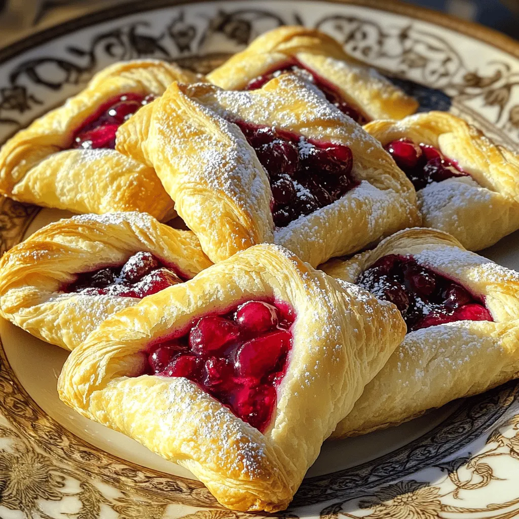 - Puff Pastry: This is the foundation of the danish. It gives a flaky, tender texture. I use one sheet that is thawed and rolled out. Look for high-quality puff pastry for the best results. - Cream Cheese Mixture: This creamy filling makes the danish rich and smooth. It consists of softened cream cheese, sugar, and vanilla. Mixing them well creates a delicious base for the cherries. - Cherry Filling: You can use canned cherry pie filling for ease. It adds a sweet and tart flavor that pairs perfectly with the cream cheese. Just a spoonful on top adds a burst of taste. - Lemon Zest: Adding zest from one lemon brightens the cream cheese mixture. It gives a fresh, zesty note that balances the sweetness. This is a great way to elevate the flavor. - Powdered Sugar for Dusting: A light dusting of powdered sugar adds a sweet finish. It also makes the danishes look beautiful and inviting. Just a sprinkle is all you need. - Best Puff Pastry Brands: I often choose brands like Pepperidge Farm or Dufour for their quality. They have great texture and flavor, making them perfect for baking. - Cream Cheese Recommendations: Philadelphia cream cheese is my go-to. It’s creamy and blends well, making it ideal for our filling. Look for full-fat versions for the best taste and texture. For the complete recipe, check out [Full Recipe]. First, you need to thaw your puff pastry. Take it out of the freezer and let it sit for about 30 minutes. It should be soft but still cool to the touch. Next, let’s focus on rolling and cutting techniques. Place the thawed pastry on a lightly floured surface. Roll it out to about 1/4 inch thick. This helps the pastry puff up nicely when baked. You can cut it into two large rectangles or four smaller squares. Choose what works best for your serving size. Now, let’s create the cream cheese filling. In a mixing bowl, add 8 oz of softened cream cheese and 1/4 cup of granulated sugar. Mix these together until the mixture is smooth and creamy. Next, you will incorporate vanilla extract and zest. Add 1 teaspoon of vanilla extract and, if you like, zest from one lemon. This adds a fresh flavor that lifts the whole dish. Time to assemble your Danish! Start by spreading a spoonful of the cream cheese mixture onto the center of each pastry piece. Leave some space around the edges to prevent overflow. Then, spoon cherry pie filling over the cream cheese. Be careful not to overfill, as this can make sealing hard. For sealing techniques, fold the corners of the pastry over the filling to create a diamond shape. Press the edges with a fork to seal them tightly. Preheat your oven to 400°F (200°C) and line a baking sheet with parchment paper. This helps prevent sticking. When you are ready to bake, brush the tops of the pastries with the egg wash. This gives them a shiny finish. Bake for 15-18 minutes. You will know they are done when they turn golden brown and puff up. This easy method will guide you through making a delightful Cherry Cream Cheese Danish. For the full recipe, check the link! To get the best puff in your cherry cream cheese danish, use cold puff pastry. Cold dough puffs better when baking. Preheat your oven to 400°F (200°C) to make sure it’s hot. Bake until golden brown and puffy. This usually takes about 15-18 minutes. For storage, keep your danishes in an airtight container. They stay fresh for up to three days in the fridge. You can also freeze them. Just wrap each one well and store for later. Cherry cream cheese danishes shine when paired with coffee or tea. The rich flavors complement each other perfectly. Try serving them warm for a cozy treat. For a nice presentation, use a decorative plate. Dust your danishes with powdered sugar before serving. You can also drizzle a thin line of icing on top for an elegant touch. It makes them look special for any gathering. One big mistake is overfilling the pastry. If you add too much filling, it can leak out during baking. Keep a small space around the edges to seal properly. Another mistake is not sealing the edges well. This can cause the filling to escape while baking. Use a fork to press down on the edges firmly. This keeps your delicious filling inside where it belongs. {{image_2}} You can switch up the fruit in your Danish. Blueberries or raspberries work well. They add a nice tartness. Fresh fruits also shine in this recipe. Try peaches or strawberries during their season. Seasonal fruits can add a burst of flavor. They bring a new twist to the classic cherry filling. You can change the cream cheese flavor too. Adding spices like cinnamon can make it warm and cozy. Just a pinch can enhance the taste. You might also infuse the cream cheese with extracts. Almond extract adds a nice nutty flavor. Vanilla is a classic but almond can make it special. If you need a gluten-free option, don't worry! You can use gluten-free puff pastry. Many brands offer this now. Just check the ingredients for allergens. You may also adjust the filling. Make sure to use gluten-free products in your cream cheese mixture. This way, everyone can enjoy a tasty treat. For the full recipe, check out the Cherry Bliss Cream Cheese Danish. To keep your leftover danishes fresh, store them in the fridge. Place them in an airtight container or wrap them tightly with plastic wrap. This helps keep moisture in while preventing them from drying out. They will last about 3 to 4 days in the fridge. If you want to store your danishes longer, freeze them. Use the flash freezing technique. Place the cooled danishes on a baking sheet and freeze them for about 1 hour. After they are frozen, wrap each one in plastic wrap and place them in a freezer bag. This way, they can last up to 3 months! To enjoy your danishes again, reheating is key. The best method is using the oven. Preheat it to 350°F (175°C). Place the danishes on a baking sheet and warm them for about 10 minutes. This keeps the pastry crisp. If you use a microwave, heat them in short bursts, about 15 seconds at a time. This might make the pastry soft, so the oven is a better choice. A Cherry Cream Cheese Danish is a sweet pastry filled with cream cheese and cherry pie filling. It has a flaky outer layer made from puff pastry. This treat is often baked until golden brown, creating a crispy texture. The cream cheese filling is smooth and rich, balancing the tartness of the cherries. The combination of flavors makes it a delightful choice for breakfast or dessert. Yes, you can prepare the Cherry Cream Cheese Danish ahead of time. You can make the cream cheese filling and store it in the fridge for up to two days. Roll out the puff pastry and cut it, then keep the pieces covered in the fridge. When you are ready to bake, simply assemble and bake as per the Full Recipe. If you can't find cherry pie filling, you can use other fruit fillings. Blueberry, raspberry, or even apple filling works great. You can also make your own filling by cooking fresh or frozen cherries with sugar and cornstarch. This way, you control the flavor and sweetness. To keep your Danish crispy, avoid overfilling them. Too much filling can make the pastry wet. Also, bake the danishes on parchment paper to allow airflow underneath. Preheating the oven ensures they cook evenly. Lastly, don't cover them while cooling, as that can trap moisture. You can find Cherry Cream Cheese Danish at many bakeries. Look for local shops known for pastries. Some grocery stores also carry them in their bakery sections. If you prefer delivery, check online services like DoorDash or UberEats. They can bring fresh danishes right to your door. In this blog post, we explored how to make a delicious cherry cream cheese Danish. We covered key ingredients like puff pastry and cherry filling, plus optional flavors like lemon zest. You learned step-by-step instructions for preparing and baking your pastry. We offered tips for perfecting your Danish and suggested tasty variations. Remember, storage matters for keeping them fresh. Making this treat is fun and rewarding. Enjoy your baking, and impress friends and family with your tasty Danish creations!