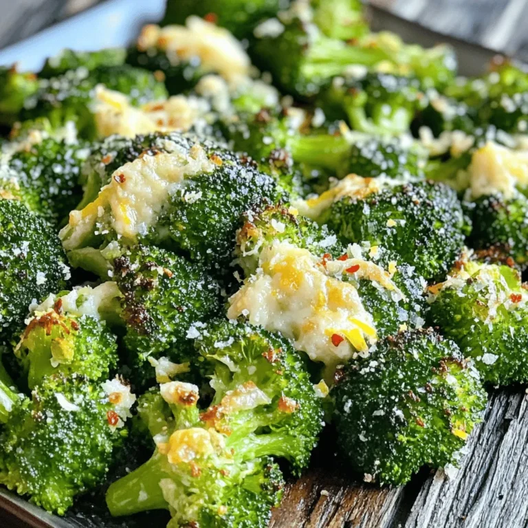 - 1 lb fresh broccoli florets - 4 cloves garlic, minced - 3 tablespoons olive oil - 1 lemon (zest and juice) - 1 teaspoon salt - 1/2 teaspoon black pepper - 1/4 teaspoon red pepper flakes (optional) - 2 tablespoons grated Parmesan cheese (optional) The main ingredient here is fresh broccoli. I love using vibrant green florets. They not only taste great but also look stunning on the plate. Garlic adds a wonderful aroma and flavor. It brings warmth and depth. Olive oil helps with roasting, making the broccoli crisp and golden. Lemon zest and juice brighten the dish. They add a fresh, tangy flavor that complements the broccoli well. Salt and pepper bring out the natural flavors. If you want a kick, add red pepper flakes. They give a nice heat without being overbearing. For an extra touch, sprinkle some Parmesan cheese on top. It melts beautifully and adds a rich, savory note. - Calories per serving: Approximately 120 - Macronutrient breakdown: - Carbohydrates: 9g - Protein: 3g - Fat: 9g This dish is not only tasty but also healthy. Each serving provides a good amount of fiber and vitamins. Broccoli is rich in Vitamin C and K. It gives your body what it needs to feel great. The olive oil adds healthy fats, which are essential for your diet. Overall, this Lemon Garlic Roasted Broccoli is a nutritious option for any meal. For the full recipe, check out the detailed instructions and tips. - Preheat the oven to 425°F (220°C). - Wash and cut 1 lb of fresh broccoli florets into bite-sized pieces. - Mince 4 cloves of garlic. - In a large bowl, mix the broccoli, garlic, 3 tablespoons of olive oil, and the zest and juice of 1 lemon. - Add 1 teaspoon of salt, 1/2 teaspoon of black pepper, and 1/4 teaspoon of red pepper flakes if you like spice. Toss everything well to coat the broccoli. - Spread the mixture out on a baking sheet in a single layer. This helps it roast evenly. - Roast the broccoli for 20-25 minutes. Toss it halfway through so it cooks evenly. Look for tender broccoli with crispy edges. - If you like cheese, add 2 tablespoons of grated Parmesan in the last 5 minutes of cooking. This makes it extra tasty. - Serve the roasted broccoli warm for the best flavor. - For a fresh touch, garnish with more lemon zest on top. This adds a nice pop of color and flavor to your dish. To get the best roasted broccoli, set your oven to 425°F (220°C). This heat helps the edges crisp up nicely. Place the baking sheet on the middle rack. This position ensures even heat all around. If you want your broccoli extra crispy, roast for 25 minutes. Keep an eye on it to avoid burning. You can make your broccoli burst with flavor. Adding lemon zest brightens the dish. A sprinkle of grated cheese, like Parmesan, adds creaminess. For a spicy kick, try red pepper flakes. Other spices, like garlic powder or smoked paprika, work well too. Feel free to mix and match. One big mistake is overcrowding the baking sheet. When you pile too much broccoli together, it steams instead of roasts. This keeps it from getting crispy. Another mistake is skipping the toss halfway through roasting. Tossing helps all sides cook evenly. Make sure to stir it around at the 10-minute mark. For the full recipe, check out the detailed instructions above. {{image_2}} You can change the flavor of your Lemon Garlic Roasted Broccoli by adding fun extras. Nuts or seeds give a nice crunch. Try chopped almonds or sunflower seeds for a tasty twist. Different cheeses can also enhance the dish. Feta or goat cheese adds a creamy touch. You can also mix in spices like cumin or paprika for a new taste. If you want to use an air fryer, it's simple! Preheat the air fryer to 400°F (200°C). Toss the broccoli with the seasonings as usual. Cook for 10 to 12 minutes, shaking the basket halfway through. This method gives you a crispy finish! Grilling is another great option. Preheat your grill to medium heat. Place the broccoli in a grill basket or on skewers. Grill for about 8 to 10 minutes, turning often. The smoky flavor adds a whole new level of taste. For a vegan version, skip the cheese or use a plant-based cheese. The rest of the recipe stays the same. Your dish will still be bright and tasty! If you need it gluten-free, this recipe is already safe. Just ensure any added ingredients, like cheese, are gluten-free. Enjoy this healthy side dish without worry! For the full recipe, check out the earlier section. For storing leftovers, I suggest using airtight containers. Glass or plastic containers work well. Make sure to let the broccoli cool down before sealing. This helps keep it fresh. Store it in the fridge for about 3 to 4 days. To keep the flavor intact, avoid adding extra seasoning until you reheat. When reheating, I like to use the oven. Preheat it to 350°F (175°C). Spread the broccoli on a baking sheet. This keeps it crispy and delicious. Bake for about 10 minutes. If you use a microwave, cover the broccoli with a damp paper towel. This helps to steam it, but you may lose some crispiness. To freeze the broccoli, first let it cool completely. Then, place it in a freezer-safe bag or container. Remove as much air as possible to prevent frost. It can stay frozen for up to 3 months. When you're ready to use it, thaw the broccoli in the fridge overnight. Reheat it in the oven to keep it crisp. To make your broccoli crispy, start with fresh florets. Cut them into similar sizes. This helps them cook evenly. Use enough olive oil to coat the broccoli well. Too little oil can lead to steaming instead of roasting. Spread the florets out on the baking sheet. This allows hot air to circulate and crisp them up. Avoid overcrowding; give them room to breathe! Toss them halfway through roasting for even crispiness. Yes, you can use frozen broccoli, but it may not crisp as well. Frozen broccoli usually has more water, which can make it soft. If you choose to use frozen, let it thaw completely. Pat it dry with a paper towel to remove excess moisture. This step helps to achieve a better texture. Lemon garlic roasted broccoli pairs well with many dishes. Try it with grilled chicken or salmon for a healthy meal. It also complements pasta dishes nicely. For a vegetarian option, serve it alongside quinoa or rice. You can add it to a grain bowl with some feta cheese and nuts for crunch. This makes for a balanced and tasty dish. For detailed instructions and ingredients, check out the [Full Recipe]. Roasting broccoli with lemon and garlic is simple and rewarding. You learned essential ingredients, step-by-step instructions, and tips to get it just right. Remember to avoid common mistakes for perfectly crunchy bites. This dish is tasty on its own or with different add-ins. Enjoy experimenting with flavors and cooking methods. Proper storage and reheating can keep your leftovers fresh. I hope this guide helps you create delicious meals with ease. Dive into the full recipe for more details and enjoy every bite!