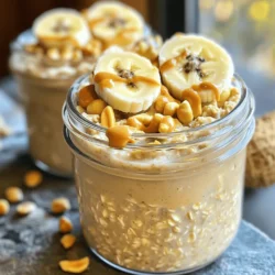 To make Peanut Butter Banana Overnight Oats, gather these simple ingredients: - 1 cup rolled oats - 2 cups almond milk (or any milk of choice) - 2 ripe bananas, mashed - 1/4 cup natural peanut butter - 2 tablespoons chia seeds - 2 tablespoons honey or maple syrup - 1 teaspoon vanilla extract - A pinch of salt - Sliced bananas and chopped peanuts for topping Each ingredient in this recipe plays a role in your health. Rolled oats are full of fiber. They keep you full longer and support digestion. Almond milk provides calcium and is low in calories. Ripe bananas offer potassium and natural sweetness. Peanut butter adds healthy fats and protein. Chia seeds boost fiber and omega-3s. Honey or maple syrup gives a touch of sweetness. Vanilla extract adds flavor and comfort. Finally, a pinch of salt enhances all the flavors. Using high-quality ingredients makes a big difference. Organic oats and natural peanut butter can enhance taste and nutrition. Fresh bananas provide the best flavor and texture. Choosing unsweetened almond milk helps control sugar levels. Quality ingredients lead to a better breakfast experience. They make your meals healthier and tastier. Always look for fresh, pure products when cooking. To make peanut butter banana overnight oats, start with a medium bowl. Add 1 cup of rolled oats. Then, pour in 2 cups of almond milk. Next, mash 2 ripe bananas and add them to the bowl. This step makes the oats sweet and creamy. Now, add 1/4 cup of natural peanut butter. It gives a rich flavor. Then, mix in 2 tablespoons of chia seeds for extra nutrition. Next, add 2 tablespoons of honey or maple syrup for sweetness. Don’t forget 1 teaspoon of vanilla extract; it adds a nice touch. Finally, sprinkle a pinch of salt to enhance the taste. Stir everything well until it is combined. Once mixed, divide the mixture into two jars or bowls. Cover them with lids or plastic wrap. This keeps the oats fresh. Refrigerate overnight or for at least 4 hours. This soaking time is key to soft oats. Mix the ingredients well to ensure each bite is tasty. If you find the mixture thick, add a splash of milk. This helps reach your preferred consistency. You can also use a fork to mash the bananas well. This will blend the flavors better. When you prepare your jars, layer the ingredients if you like a pretty look. You can also add extra peanut butter on top for a fun finish. Chilling the oats is critical. It allows the oats to soak up the milk and flavors. The longer you chill them, the creamier they become. Four hours are good, but overnight is best. During this time, the chia seeds also swell, adding thickness. This is why you want to give the oats time. When morning comes, just stir and enjoy your tasty breakfast! To boost the flavor of your Peanut Butter Banana Overnight Oats, try adding extras. You can mix in a tablespoon of cocoa powder for a chocolate twist. A sprinkle of cinnamon adds warmth and depth. If you love crunch, toss in some chopped nuts or seeds. Fresh berries also offer a burst of flavor and color. You can even use flavored yogurt for a creamy twist. These additions make the dish more fun and tasty. The thickness of your oats can change based on your taste. If you like them thick, use less milk. If you prefer a creamier texture, add more milk. Stir the oats well after chilling to mix the flavors. If it seems too thick in the morning, add a splash of milk. This will help you reach your desired consistency. Experiment until you find what you like best. You can save time in the morning by preparing your oats the night before. Mix the ingredients and let them chill overnight. This way, your meal is ready to go when you wake up. Use jars for easy storage and serving. You can even make several jars at once for a quick breakfast all week. This method keeps your mornings stress-free and delicious. For the full recipe, check the section above. {{image_2}} You can swap peanut butter for other nut butters. Almond, cashew, or sunflower seed butter work great. Each nut butter adds its own flavor. Almond butter gives a rich taste, while cashew butter is creamy. Sunflower seed butter is perfect for nut allergies. Mixing things up keeps breakfast fun! You have many choices for milk. Almond milk is popular, but try oat, soy, or coconut milk. Each type adds a unique taste. Oat milk has a sweet flavor, while coconut milk makes it creamy. You could even use regular cow’s milk. Choose what you like best! Don’t stop at bananas! You can add berries, apples, or peaches. Each fruit adds color and flavor. Chopped nuts, seeds, or granola make great toppings too. They add crunch and extra nutrients. Try a drizzle of honey or maple syrup for sweetness. Get creative and enjoy your mix! For the full recipe, check out Peanut Butter Banana Bliss Overnight Oats. To keep your Peanut Butter Banana Overnight Oats fresh, store them in airtight jars. Glass jars work well and look nice too. Make sure the lids seal tightly to avoid any spills. Place your jars in the fridge right after you prepare them. This will keep the oats cool and tasty. You can freeze these oats if you want a quick breakfast later. Divide the mixture into individual jars. Leave some space at the top, as the oats will expand. Seal the jars well and label them with the date. When you’re ready to eat, thaw them in the fridge overnight. Do not freeze topped oats, as fresh fruit doesn’t freeze well. Prepared oats last about 3 to 5 days in the fridge. After that, they may lose their flavor and texture. If you see any signs of spoilage, like an off smell or mold, throw them away. Always trust your nose and eyes; they help keep you safe. For the best taste, enjoy them within the first few days. Check the [Full Recipe] for tips on how to prepare them perfectly. Yes, you can use instant oats. They cook faster but may turn mushy. I prefer rolled oats for a chewy texture. Instant oats absorb liquid quickly, so adjust the milk amount. If you choose instant oats, watch the soaking time closely. You can try soaking them for just a couple of hours. You can store overnight oats in the fridge for up to five days. Keep them in a sealed container. The oats stay fresh and tasty. Just stir before you eat. If you see any liquid separation, that’s normal! Just mix it back in for a smooth bite. Yes! These oats are a great start to your day. They have fiber from oats and bananas. Peanut butter adds protein and healthy fats. Chia seeds boost your omega-3s and protein. Together, they make a balanced meal that keeps you full. Absolutely! To make it vegan, simply swap honey for maple syrup. Use any plant-based milk, like almond or oat milk. All other ingredients are already vegan-friendly. This way, you can enjoy the same great taste while keeping it plant-based! For the full recipe, check out the Peanut Butter Banana Bliss Overnight Oats. In this blog post, we covered how to make delicious overnight oats. We explored the best ingredients and their health benefits. Quality matters, as fresh ingredients enhance taste and nutrition. I provided step-by-step instructions for perfect prep and tips for the best flavor. You learned how to customize your oats with different nut butters and milks. Finally, we discussed storage tips to keep your oats fresh. Enjoy making your healthy breakfast and feel free to get creative!