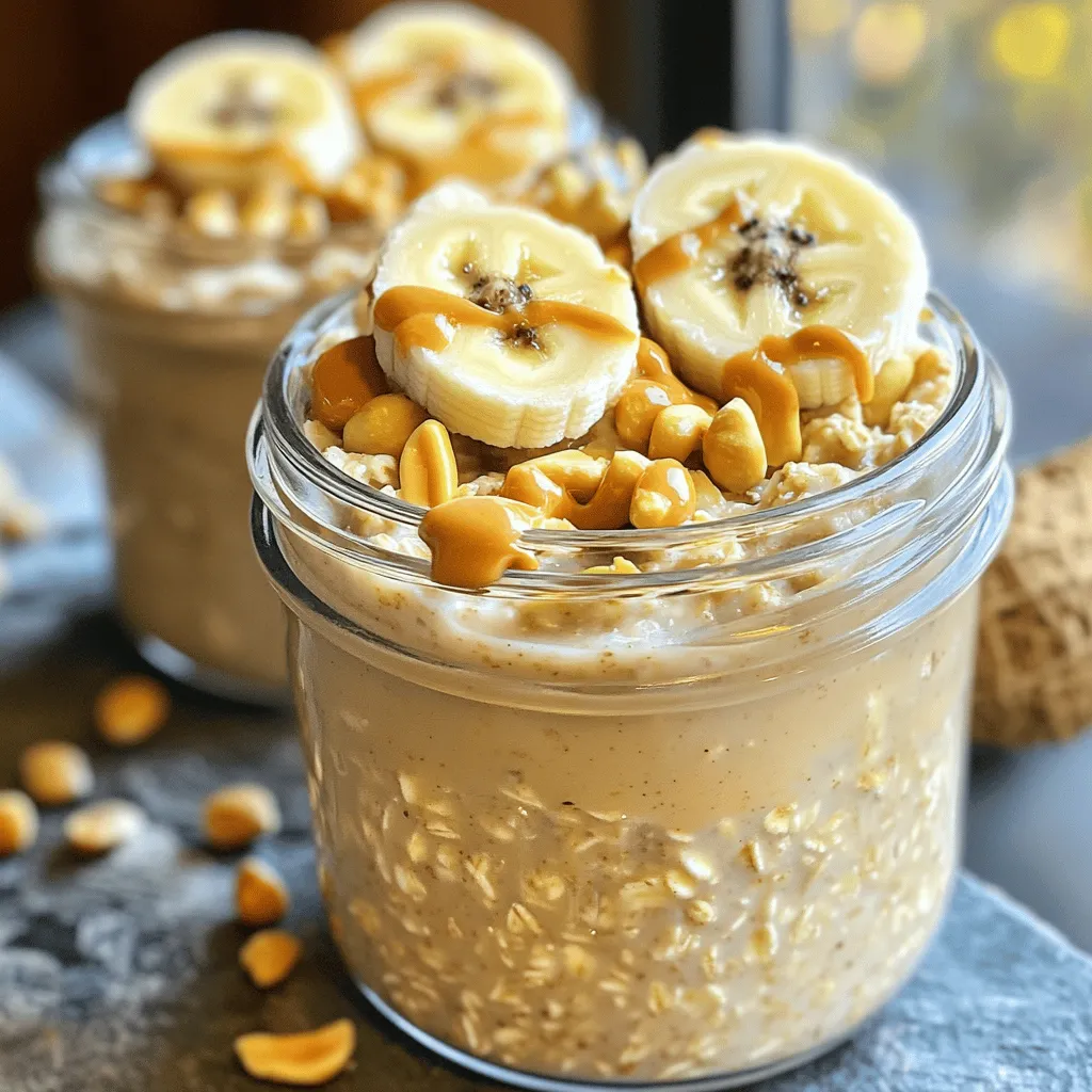 To make Peanut Butter Banana Overnight Oats, gather these simple ingredients: - 1 cup rolled oats - 2 cups almond milk (or any milk of choice) - 2 ripe bananas, mashed - 1/4 cup natural peanut butter - 2 tablespoons chia seeds - 2 tablespoons honey or maple syrup - 1 teaspoon vanilla extract - A pinch of salt - Sliced bananas and chopped peanuts for topping Each ingredient in this recipe plays a role in your health. Rolled oats are full of fiber. They keep you full longer and support digestion. Almond milk provides calcium and is low in calories. Ripe bananas offer potassium and natural sweetness. Peanut butter adds healthy fats and protein. Chia seeds boost fiber and omega-3s. Honey or maple syrup gives a touch of sweetness. Vanilla extract adds flavor and comfort. Finally, a pinch of salt enhances all the flavors. Using high-quality ingredients makes a big difference. Organic oats and natural peanut butter can enhance taste and nutrition. Fresh bananas provide the best flavor and texture. Choosing unsweetened almond milk helps control sugar levels. Quality ingredients lead to a better breakfast experience. They make your meals healthier and tastier. Always look for fresh, pure products when cooking. To make peanut butter banana overnight oats, start with a medium bowl. Add 1 cup of rolled oats. Then, pour in 2 cups of almond milk. Next, mash 2 ripe bananas and add them to the bowl. This step makes the oats sweet and creamy. Now, add 1/4 cup of natural peanut butter. It gives a rich flavor. Then, mix in 2 tablespoons of chia seeds for extra nutrition. Next, add 2 tablespoons of honey or maple syrup for sweetness. Don’t forget 1 teaspoon of vanilla extract; it adds a nice touch. Finally, sprinkle a pinch of salt to enhance the taste. Stir everything well until it is combined. Once mixed, divide the mixture into two jars or bowls. Cover them with lids or plastic wrap. This keeps the oats fresh. Refrigerate overnight or for at least 4 hours. This soaking time is key to soft oats. Mix the ingredients well to ensure each bite is tasty. If you find the mixture thick, add a splash of milk. This helps reach your preferred consistency. You can also use a fork to mash the bananas well. This will blend the flavors better. When you prepare your jars, layer the ingredients if you like a pretty look. You can also add extra peanut butter on top for a fun finish. Chilling the oats is critical. It allows the oats to soak up the milk and flavors. The longer you chill them, the creamier they become. Four hours are good, but overnight is best. During this time, the chia seeds also swell, adding thickness. This is why you want to give the oats time. When morning comes, just stir and enjoy your tasty breakfast! To boost the flavor of your Peanut Butter Banana Overnight Oats, try adding extras. You can mix in a tablespoon of cocoa powder for a chocolate twist. A sprinkle of cinnamon adds warmth and depth. If you love crunch, toss in some chopped nuts or seeds. Fresh berries also offer a burst of flavor and color. You can even use flavored yogurt for a creamy twist. These additions make the dish more fun and tasty. The thickness of your oats can change based on your taste. If you like them thick, use less milk. If you prefer a creamier texture, add more milk. Stir the oats well after chilling to mix the flavors. If it seems too thick in the morning, add a splash of milk. This will help you reach your desired consistency. Experiment until you find what you like best. You can save time in the morning by preparing your oats the night before. Mix the ingredients and let them chill overnight. This way, your meal is ready to go when you wake up. Use jars for easy storage and serving. You can even make several jars at once for a quick breakfast all week. This method keeps your mornings stress-free and delicious. For the full recipe, check the section above. {{image_2}} You can swap peanut butter for other nut butters. Almond, cashew, or sunflower seed butter work great. Each nut butter adds its own flavor. Almond butter gives a rich taste, while cashew butter is creamy. Sunflower seed butter is perfect for nut allergies. Mixing things up keeps breakfast fun! You have many choices for milk. Almond milk is popular, but try oat, soy, or coconut milk. Each type adds a unique taste. Oat milk has a sweet flavor, while coconut milk makes it creamy. You could even use regular cow’s milk. Choose what you like best! Don’t stop at bananas! You can add berries, apples, or peaches. Each fruit adds color and flavor. Chopped nuts, seeds, or granola make great toppings too. They add crunch and extra nutrients. Try a drizzle of honey or maple syrup for sweetness. Get creative and enjoy your mix! For the full recipe, check out Peanut Butter Banana Bliss Overnight Oats. To keep your Peanut Butter Banana Overnight Oats fresh, store them in airtight jars. Glass jars work well and look nice too. Make sure the lids seal tightly to avoid any spills. Place your jars in the fridge right after you prepare them. This will keep the oats cool and tasty. You can freeze these oats if you want a quick breakfast later. Divide the mixture into individual jars. Leave some space at the top, as the oats will expand. Seal the jars well and label them with the date. When you’re ready to eat, thaw them in the fridge overnight. Do not freeze topped oats, as fresh fruit doesn’t freeze well. Prepared oats last about 3 to 5 days in the fridge. After that, they may lose their flavor and texture. If you see any signs of spoilage, like an off smell or mold, throw them away. Always trust your nose and eyes; they help keep you safe. For the best taste, enjoy them within the first few days. Check the [Full Recipe] for tips on how to prepare them perfectly. Yes, you can use instant oats. They cook faster but may turn mushy. I prefer rolled oats for a chewy texture. Instant oats absorb liquid quickly, so adjust the milk amount. If you choose instant oats, watch the soaking time closely. You can try soaking them for just a couple of hours. You can store overnight oats in the fridge for up to five days. Keep them in a sealed container. The oats stay fresh and tasty. Just stir before you eat. If you see any liquid separation, that’s normal! Just mix it back in for a smooth bite. Yes! These oats are a great start to your day. They have fiber from oats and bananas. Peanut butter adds protein and healthy fats. Chia seeds boost your omega-3s and protein. Together, they make a balanced meal that keeps you full. Absolutely! To make it vegan, simply swap honey for maple syrup. Use any plant-based milk, like almond or oat milk. All other ingredients are already vegan-friendly. This way, you can enjoy the same great taste while keeping it plant-based! For the full recipe, check out the Peanut Butter Banana Bliss Overnight Oats. In this blog post, we covered how to make delicious overnight oats. We explored the best ingredients and their health benefits. Quality matters, as fresh ingredients enhance taste and nutrition. I provided step-by-step instructions for perfect prep and tips for the best flavor. You learned how to customize your oats with different nut butters and milks. Finally, we discussed storage tips to keep your oats fresh. Enjoy making your healthy breakfast and feel free to get creative!