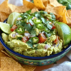 To make the best classic guacamole, you need some key ingredients. Here’s what you’ll need: - 3 ripe avocados - 1 medium tomato, diced - 1 small onion, finely chopped - 1 jalapeño, minced (seeds removed for less heat) - 3 tablespoons fresh cilantro, chopped - 1 lime, juiced - Salt to taste - 1/4 teaspoon garlic powder (optional) - Freshly ground black pepper to taste These ingredients come together to create a fresh and tasty dip. The ripe avocados are the star of the show. Their creamy texture makes the dip smooth. Each ingredient adds flavor and color, making your guacamole pop. Selecting the right avocados is key. Here are some tips to help you pick the best ones: - Look for softness: Gently squeeze the avocado. It should feel soft but not mushy. - Check the skin: Dark green skin often means a ripe Hass avocado. Fuerte avocados are lighter and smooth. Hass avocados are common for guacamole. They have a rich flavor and smooth texture. Fuerte avocados are milder and less creamy. Either type works, but I prefer Hass for its taste. If you want to mix things up, consider these substitutions: - Tomato alternatives: Try diced bell peppers or corn for a sweet twist. - Jalapeño alternatives: Use green bell pepper for a milder taste or skip it altogether. You can also add extras to your guacamole. Sweet corn adds crunch, while black beans give protein. These add-ons can make your guacamole even more exciting. For the full recipe to create this classic guacamole, check out the detailed instructions in the link provided. To make great guacamole, start with ripe avocados. 1. Halving and Pitting the Avocados: Cut each avocado in half. Carefully twist to separate the halves. Use a spoon to scoop out the pit. Be careful not to cut yourself. 2. Mashing Techniques for Desired Texture: Scoop the creamy flesh into a bowl. Use a fork or a potato masher. You can create a smooth or chunky dip, depending on your taste. Now it's time to mix in the fresh veggies. 1. Combining Fresh Vegetables with Avocado: Add diced tomatoes, chopped onions, minced jalapeño, and cilantro to the avocado. Each adds a burst of flavor. 2. Importance of Lime Juice to Prevent Browning: Squeeze the juice of one lime over the mixture. This brightens the flavor and stops the guacamole from turning brown. The final steps bring everything together. 1. Adjusting Flavors and Seasonings for Optimal Taste: Sprinkle in salt, garlic powder, and black pepper. Mix gently to combine without overdoing it. Taste and adjust the seasoning as needed. 2. Presentation Suggestions for Serving: Serve your guacamole in a colorful bowl. Add extra cilantro on top and lime wedges on the side. Tortilla chips make a great dip partner. For the full recipe, check out Guac & Roll! 🥑. To get the right texture in your guacamole, you need to mash the avocados just right. If you want it creamy, mash it more. For a chunkier dip, stop mashing sooner. Use a fork or a potato masher. You can also mix in the other ingredients gently, which helps keep some nice chunks of avocado. This balance makes every bite fun and tasty. Guacamole can brown quickly. To keep it fresh, press plastic wrap directly onto the surface. This minimizes air exposure. You can also add lime juice before storing. The acid helps slow down browning. If you have leftovers, store them in an airtight container in the fridge. Enjoy your guacamole for up to two days, but it's best fresh. Guacamole shines with great pairings. Tortilla chips are classic. They add crunch and flavor. Fresh veggies like carrot sticks or cucumber slices also work well. You can even spread guacamole on sandwiches or burgers for a twist. For a fun touch, serve it in a colorful bowl and add lime wedges on the side. This makes your dip look as good as it tastes! {{image_2}} You can make guacamole spicy by adding more jalapeños or hot sauce. If you love heat, try using two jalapeños instead of one. Just remember to taste as you go. This way, you can control how spicy you want your dip to be. If you want a different heat level, use a hot sauce you enjoy. A few dashes can change the flavor and add a kick! Want to add a twist? Incorporate fruits like mango or pineapple. These fruits bring a sweet, juicy contrast to the creamy avocado. Dice them small to mix well. The sweetness pairs nicely with the lime and cilantro. You can even add a pinch of chili powder for a fun flavor boost! For a vegan twist, try using different herbs or spices. You can swap cilantro for parsley if you prefer a different taste. Some people like to add black beans for extra fiber and protein. Think outside the box! The goal is to enjoy your guacamole however you like. Check out the Full Recipe for more ideas! To keep your guacamole fresh, place it in a bowl. Press plastic wrap directly onto the dip. This helps keep air out. Store it in the fridge for up to two days. You may notice some browning. This is normal but can be fixed. If you want to save guacamole for later, freezing is a great choice. Use an airtight container or a freezer bag. Try to remove as much air as possible. Guacamole will last about three months in the freezer. Thaw it in the fridge before use. The texture may change, but the taste stays good. Oxidation causes guacamole to brown. To avoid this, cover it tightly. You can also use lime juice. The acid helps slow down the browning process. Another tip is to add a thin layer of water on top. Just pour it off before serving. These tricks keep your guacamole looking fresh and tasty. Yes, you can make guacamole ahead of time. To prep in advance, follow these steps: - Prepare your guacamole as usual. - Place it in a bowl and press plastic wrap directly onto the surface. This helps prevent air from reaching it. - Store in the fridge for up to a day. This method keeps your guacamole fresh and green. Just remember to stir it before serving. Homemade guacamole lasts about 2-3 days in the fridge. Here are some signs of spoilage: - Discoloration: If it turns brown, it's still good if covered well. - Off smell: If it smells sour or odd, toss it out. - Watery texture: If liquid separates, you can stir it back in, but use your judgment. Always check before eating! If your guacamole tastes too sour, there are easy fixes: - Add a pinch of sugar to balance the acidity. - Mix in more mashed avocado to dilute the sour taste. - Blend in more diced tomato for sweetness. Taste as you go. Adjust a little at a time for the best results. Yes, guacamole is quite healthy! Here are some benefits of its ingredients: - Avocados are rich in healthy fats and fiber. - Tomatoes add vitamins and antioxidants. - Onions can boost heart health and add flavor. - Cilantro offers vitamins and can aid digestion. Overall, guacamole is a tasty and nutritious dip. Enjoy guilt-free! For the complete recipe, check out Guac & Roll! 🥑 In this blog post, we explored how to make classic guacamole. We covered essential ingredients, tips for choosing ripe avocados, and ways to customize your dip. You learned about mixing techniques, balancing textures, and proper storage. Guacamole is simple to prepare and can fit any taste. By following these steps, you can enjoy fresh and tasty guacamole at home. Keep experimenting with flavors until it’s just right for you. Enjoy your perfect guacamole!