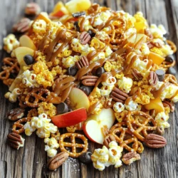 Here are the ingredients you need for Caramel Apple Snack Mix. They blend sweet and salty flavors for a tasty treat. - 2 cups apple cereal (like Apple Jacks) - 1 cup mini pretzels - 1 cup caramel popcorn - 1 cup dried apples, chopped - 1 cup pecans, chopped - 1/2 cup chocolate chips (milk or dark) - 1/4 cup caramel sauce (store-bought or homemade) - 1 teaspoon cinnamon - 1/4 teaspoon sea salt Each ingredient brings its own flavor and texture. The apple cereal gives a fruity crunch. Pretzels add saltiness and a nice bite. Caramel popcorn adds sweetness and fun. Dried apples give a chewy element that feels delightful. Pecans add richness and a nutty flavor. Chocolate chips bring a sweet finish. The caramel sauce ties everything together. Cinnamon adds warmth, while sea salt enhances the flavors. This mix has it all: sweet, salty, crunchy, and chewy. For the full recipe, follow the steps listed above. Enjoy making this fun snack! - Gather and measure all ingredients. You need apple cereal, pretzels, popcorn, dried apples, pecans, chocolate chips, caramel sauce, cinnamon, and sea salt. - Prepare your workspace and equipment. Clear your counter and grab a large mixing bowl, a small bowl, and a baking sheet. - Combine dry ingredients in a large mixing bowl. Add the apple cereal, mini pretzels, caramel popcorn, chopped dried apples, and chopped pecans. Mix well. - Whisk together the caramel sauce, cinnamon, and sea salt in a small bowl until smooth. This step adds great flavor. - Drizzle and fold everything together. Pour the caramel mixture over the dry mix. Gently stir to coat all the pieces evenly. If using chocolate chips, fold them in last to keep them intact. - Spread out on a baking sheet and cool down. Use parchment paper for easy cleanup. Let the snack mix cool for about 15 minutes to let the caramel set. This is important for forming clusters. For the full recipe, refer to the earlier section. Enjoy creating this delicious treat! To boost the taste, use homemade caramel sauce. It brings a richer flavor than store-made. You can also add spices. A pinch of nutmeg or a dash of ginger can add a fun twist. You can pair this mix with fresh fruits. Slices of apple or pear work great. Try using it as a topping on ice cream or yogurt too. The mix adds a sweet crunch and fun texture. Serve your snack mix in fun containers. Small jars or colorful bowls make it festive. You can also create gift bags for friends. Fill small bags with the mix for special occasions. They make lovely gifts for parties or holidays. {{image_2}} You can change the flavor by swapping nuts. Use almonds or walnuts instead of pecans. This adds a new taste and texture. For more sweetness, add cranberries or raisins. Their chewy texture pairs well with the crunch of the mix. You can switch up the base of your mix. Try fruit-flavored cereals instead of apple cereal. This gives a fruity twist to the mix. You can also experiment with popcorn flavors. Cheddar or kettle corn popcorn adds a fun new taste. If you love chocolate, try a different type. Use white chocolate in place of dark or milk chocolate. It gives a creamy sweetness that pairs well. You can also add chocolate-covered pretzels. They bring an extra crunch to the mix. For the full recipe, check the main article. Enjoy exploring these fun variations! To keep your caramel apple snack mix fresh, store it in an airtight container. This helps lock in the flavor and crunch. You can use glass jars, plastic bins, or resealable bags. Make sure the lid fits tightly to keep air out. Your snack mix can last about a week at room temperature. If you want it to last longer, you can freeze it. To freeze, place the mix in a freezer-safe bag. Remove all air before sealing. Thaw it at room temperature before eating. If your snack mix is stale, it will lose its crunch. You might also notice an off smell. To keep it fresh, store it away from heat and moisture. Check your mix every few days, and enjoy it while it’s still tasty! Yes, you can make this snack mix dairy-free. Use dairy-free chocolate chips. Instead of caramel sauce, opt for a dairy-free version or make your own with coconut milk and sugar. This keeps the treat tasty without dairy. To boost the crunch, add different nuts like almonds or walnuts. You could also mix in crispy rice cereal or some toasted coconut flakes. Each adds a fun texture and taste. This mix is great for many events! Serve it at birthday parties, Halloween gatherings, or even during movie nights. It fits well for fall festivities and casual get-togethers. Yes, you can make this recipe fit different diets. For gluten-free, use gluten-free pretzels and cereal. For a low-sugar version, reduce the caramel sauce and use unsweetened chocolate. There are many ways to enjoy it! You can use store-bought mixes for convenience. They save time but may lack the freshness of homemade. Plus, you miss out on the fun of making your own blend. Check the label for ingredients and sugar levels. This blog post covered how to make a delicious caramel apple snack mix. We explored the ingredients needed, including fruity cereal, popcorn, and nuts. You learned step-by-step instructions to create your mix and tips for enhancing flavor. Variations offered ideas for customization, while storage information helped keep your mix fresh. Remember, you can easily adapt this treat to fit any occasion. Have fun making your snack mix and enjoy sharing it with others!