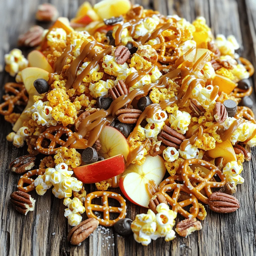 Here are the ingredients you need for Caramel Apple Snack Mix. They blend sweet and salty flavors for a tasty treat. - 2 cups apple cereal (like Apple Jacks) - 1 cup mini pretzels - 1 cup caramel popcorn - 1 cup dried apples, chopped - 1 cup pecans, chopped - 1/2 cup chocolate chips (milk or dark) - 1/4 cup caramel sauce (store-bought or homemade) - 1 teaspoon cinnamon - 1/4 teaspoon sea salt Each ingredient brings its own flavor and texture. The apple cereal gives a fruity crunch. Pretzels add saltiness and a nice bite. Caramel popcorn adds sweetness and fun. Dried apples give a chewy element that feels delightful. Pecans add richness and a nutty flavor. Chocolate chips bring a sweet finish. The caramel sauce ties everything together. Cinnamon adds warmth, while sea salt enhances the flavors. This mix has it all: sweet, salty, crunchy, and chewy. For the full recipe, follow the steps listed above. Enjoy making this fun snack! - Gather and measure all ingredients. You need apple cereal, pretzels, popcorn, dried apples, pecans, chocolate chips, caramel sauce, cinnamon, and sea salt. - Prepare your workspace and equipment. Clear your counter and grab a large mixing bowl, a small bowl, and a baking sheet. - Combine dry ingredients in a large mixing bowl. Add the apple cereal, mini pretzels, caramel popcorn, chopped dried apples, and chopped pecans. Mix well. - Whisk together the caramel sauce, cinnamon, and sea salt in a small bowl until smooth. This step adds great flavor. - Drizzle and fold everything together. Pour the caramel mixture over the dry mix. Gently stir to coat all the pieces evenly. If using chocolate chips, fold them in last to keep them intact. - Spread out on a baking sheet and cool down. Use parchment paper for easy cleanup. Let the snack mix cool for about 15 minutes to let the caramel set. This is important for forming clusters. For the full recipe, refer to the earlier section. Enjoy creating this delicious treat! To boost the taste, use homemade caramel sauce. It brings a richer flavor than store-made. You can also add spices. A pinch of nutmeg or a dash of ginger can add a fun twist. You can pair this mix with fresh fruits. Slices of apple or pear work great. Try using it as a topping on ice cream or yogurt too. The mix adds a sweet crunch and fun texture. Serve your snack mix in fun containers. Small jars or colorful bowls make it festive. You can also create gift bags for friends. Fill small bags with the mix for special occasions. They make lovely gifts for parties or holidays. {{image_2}} You can change the flavor by swapping nuts. Use almonds or walnuts instead of pecans. This adds a new taste and texture. For more sweetness, add cranberries or raisins. Their chewy texture pairs well with the crunch of the mix. You can switch up the base of your mix. Try fruit-flavored cereals instead of apple cereal. This gives a fruity twist to the mix. You can also experiment with popcorn flavors. Cheddar or kettle corn popcorn adds a fun new taste. If you love chocolate, try a different type. Use white chocolate in place of dark or milk chocolate. It gives a creamy sweetness that pairs well. You can also add chocolate-covered pretzels. They bring an extra crunch to the mix. For the full recipe, check the main article. Enjoy exploring these fun variations! To keep your caramel apple snack mix fresh, store it in an airtight container. This helps lock in the flavor and crunch. You can use glass jars, plastic bins, or resealable bags. Make sure the lid fits tightly to keep air out. Your snack mix can last about a week at room temperature. If you want it to last longer, you can freeze it. To freeze, place the mix in a freezer-safe bag. Remove all air before sealing. Thaw it at room temperature before eating. If your snack mix is stale, it will lose its crunch. You might also notice an off smell. To keep it fresh, store it away from heat and moisture. Check your mix every few days, and enjoy it while it’s still tasty! Yes, you can make this snack mix dairy-free. Use dairy-free chocolate chips. Instead of caramel sauce, opt for a dairy-free version or make your own with coconut milk and sugar. This keeps the treat tasty without dairy. To boost the crunch, add different nuts like almonds or walnuts. You could also mix in crispy rice cereal or some toasted coconut flakes. Each adds a fun texture and taste. This mix is great for many events! Serve it at birthday parties, Halloween gatherings, or even during movie nights. It fits well for fall festivities and casual get-togethers. Yes, you can make this recipe fit different diets. For gluten-free, use gluten-free pretzels and cereal. For a low-sugar version, reduce the caramel sauce and use unsweetened chocolate. There are many ways to enjoy it! You can use store-bought mixes for convenience. They save time but may lack the freshness of homemade. Plus, you miss out on the fun of making your own blend. Check the label for ingredients and sugar levels. This blog post covered how to make a delicious caramel apple snack mix. We explored the ingredients needed, including fruity cereal, popcorn, and nuts. You learned step-by-step instructions to create your mix and tips for enhancing flavor. Variations offered ideas for customization, while storage information helped keep your mix fresh. Remember, you can easily adapt this treat to fit any occasion. Have fun making your snack mix and enjoy sharing it with others!
