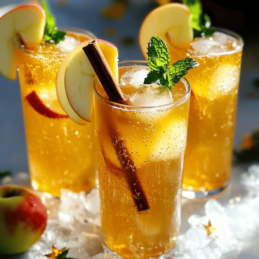 To make a delicious Sparkling Apple Cider Mocktail, you need three main ingredients: - 2 cups apple cider - 1 cup sparkling water - 1 tablespoon fresh lemon juice These ingredients blend together to create a refreshing drink. The apple cider gives sweetness and flavor. The sparkling water adds fizz, making it fun to drink. Lemon juice brings a zesty kick that brightens the mocktail. You can add more flavors and fun with these optional ingredients: - 1 tablespoon honey or agave syrup (for extra sweetness) - 1/2 teaspoon ground cinnamon (for warmth) - Garnishes like apple slices, cinnamon sticks, and fresh mint (for a pretty look) These optional ingredients let you customize your drink. The sweetener can make it more enjoyable for those who like sweet drinks. Ground cinnamon adds a nice touch, especially in the fall. The garnishes not only make the drink look great but also add extra flavor. For the full recipe, check the section above. Enjoy mixing your Sparkling Apple Cider Mocktail! Start by gathering your ingredients. In a large pitcher, combine 2 cups of apple cider, 1 tablespoon of fresh lemon juice, and 1/2 teaspoon of ground cinnamon. Stir these together well. The lemon juice adds a nice zing, while cinnamon gives warmth and depth. If you want a sweeter drink, add 1 tablespoon of honey or agave syrup. Stir until the sweetener dissolves completely. Now, it's time to add the fizz! Just before you serve, slowly pour in 1 cup of sparkling water. This helps keep the bubbles lively. Gently stir once. You don’t want to lose those lovely bubbles! Next, grab some ice-filled glasses. Pour the sparkling apple cider mixture over the ice. This keeps your drink cold and refreshing. For the finishing touch, garnish each glass with a few apple slices, a cinnamon stick, and a sprig of fresh mint. These not only look pretty but also add extra flavor. Enjoy your Sparkling Apple Cider Mocktail, perfect for any festive occasion! To make your Sparkling Apple Cider Mocktail shine, focus on how you mix and garnish it. - Best practices for mixing: Always mix the apple cider and lemon juice before adding sparkling water. This helps the flavors blend well. Gently stir after adding the sparkling water. This keeps the bubbles intact. - Tips for garnishing: Use fresh apple slices, a cinnamon stick, and mint leaves. This adds color and freshness. Place the garnishes right before serving for the best look. Picking the right ingredients makes a big difference in taste. - Selecting apple cider: Choose fresh, unfiltered apple cider. A sweeter cider brings a lovely taste. If you like a tangy kick, go for a more tart option. - Sparkling water options: Use plain or flavored sparkling water. Lemon or lime flavors add extra zest. Make sure it is well-chilled for the best fizz. For the full recipe, check out the recipe section above. {{image_2}} You can boost your Sparkling Apple Cider Mocktail with fun flavors. Try adding fall spices like nutmeg and cloves. Just a pinch will give your drink a warm, cozy feel. These spices work great with apple cider. You can also switch things up by using pear cider instead of apple cider. Pear cider adds a unique twist and pairs well with the other flavors. If you want to change the sweetness, you have options. You can use stevia or maple syrup instead of honey or agave syrup. These alternatives can help you control the sweetness level. Just add a little at a time and taste as you go. This way, you get the perfect balance for your palate. Adjusting sweetness is easy, and it makes the mocktail your own. For the full recipe, check out the Sparkling Apple Cider Mocktail recipe above and enjoy your creative variations! To keep your leftover sparkling apple cider mocktail fresh, store it in a tight container. This helps keep the bubbles and flavors intact. I recommend using a glass jar or a bottle with a lid. Make sure to leave some space at the top for the bubbles. Always put the container in the fridge. This will keep it cool and tasty. Drink the mixture within two days for the best flavor. If you wait longer, the drink may lose its fizz and taste flat. Apple cider can last up to a week when stored in the fridge. Check the label for the best-by date, as this can help you know its freshness. Sparkling water usually stays good for one to two weeks after opening. Keep it sealed tight to maintain its fizz. Watch for signs of spoilage. If the apple cider smells off or has a strange color, do not drink it. For sparkling water, if it smells bad or has an unusual taste, it’s best to toss it. Trust your senses to keep your drinks safe and delicious. Yes, you can prep this drink in advance. Start by mixing the apple cider, lemon juice, and cinnamon. This mix can sit in the fridge for a few hours. Just remember to add sparkling water right before serving. This keeps the bubbles fresh and lively. Absolutely! This mocktail is a great choice for kids. The flavors are sweet and fruity. Plus, it looks fun with the garnishes. You can let them pick their favorite toppings, like apple slices or mint. To make your mocktail pop, use beautiful glasses. Add extra garnishes like star anise or pomegranate seeds. You can also rim the glasses with sugar for a festive look. These small touches make your drink feel extra special. This blog post explored the Sparkling Apple Cider Mocktail. We went over its key ingredients, including apple cider, sparkling water, and fresh lemon juice. You learned how to prepare the drink and make it look great when serving. We also shared tips for flavor and ingredient selection. Plus, there are variations for seasonal fun and alternative sweeteners. In conclusion, this mocktail is a crowd-pleaser for everyone. With simple steps and creative options, you can impress guests or enjoy it with family. Try it out and let your taste buds enjoy the sparkle!