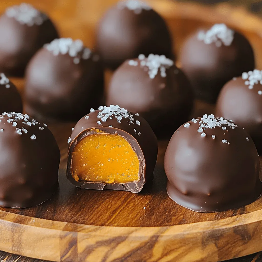 To make Chocolate Covered Pumpkin Truffles, gather these main ingredients: - 1 cup pumpkin puree (canned or homemade) - 1 ½ cups crushed graham crackers - ½ cup powdered sugar - ½ teaspoon pumpkin spice - 1 teaspoon vanilla extract - 8 oz dark chocolate (chopped) - 1 tablespoon coconut oil These ingredients create the base for our truffles. Pumpkin puree gives a smooth texture. Crushed graham crackers add crunch and sweetness. Dark chocolate provides a rich, bold flavor. Next, we enhance the flavor with these key seasonings: - ½ teaspoon pumpkin spice - 1 teaspoon vanilla extract Pumpkin spice brings warmth and a hint of fall. Vanilla extract adds depth and sweetness. Together, these make the truffles burst with flavor. For garnish, consider these options: - Sea salt - Crushed nuts or sprinkles Sprinkling sea salt on top adds a tasty contrast to the sweet truffles. You can also use nuts or colorful sprinkles for a fun touch. These garnishes not only look great but also add extra flavor. For a detailed list of how to make these delightful truffles, check out the Full Recipe. - In a mixing bowl, combine: - 1 cup pumpkin puree - 1 ½ cups crushed graham crackers - ½ teaspoon pumpkin spice - ½ cup powdered sugar - 1 teaspoon vanilla extract Mix these ingredients well. You want them to come together to form a dough-like consistency. This mixture smells great and has a nice, thick feel. - Use your hands to scoop out tablespoon-sized portions. Roll each portion into a ball. - Place the rolled truffles on a parchment-lined baking sheet. This keeps them from sticking. - Chill the truffles in the fridge for about 30 minutes. This helps them firm up. - You can melt the chocolate in two ways: - Double boiler method: Place a heatproof bowl over simmering water. Stir until smooth. - Microwave method: Melt in 20-second intervals, stirring in between. - The goal is to achieve a smooth, creamy chocolate. This makes coating easier and looks nicer. - Remove the truffles from the fridge. Dip each truffle into the melted chocolate. Make sure they are fully coated. - Use a fork to lift them out. Let the excess chocolate drip back into the bowl. - Place the coated truffles back on the parchment-lined baking sheet. - While the chocolate is still wet, sprinkle a pinch of sea salt on top of each truffle. This adds a nice touch. Let the chocolate set. You can leave them at room temperature or chill them in the fridge for about 15 to 20 minutes. Once set, enjoy your delicious truffles! For the complete recipe, check out the Full Recipe. To get the right consistency, moisture is key. If your mixture feels too wet, add more crushed graham crackers. This helps absorb extra moisture. If it is too dry, add a bit of pumpkin puree. Always check for a dough-like feel. Chilling the truffles is crucial. I like to chill them for about 30 minutes. This helps firm them up before coating. The colder they are, the easier they are to dip in chocolate. For the best flavor, use dark chocolate. It pairs well with the pumpkin. If you want a sweeter taste, try milk chocolate. You can also use white chocolate for a fun twist. Just remember, each type melts differently. To get a smooth finish, melt chocolate gently. I prefer the double boiler method. It allows the chocolate to melt slowly. If using a microwave, heat in short bursts. Stir after each burst to prevent burning. When serving, I like using a pretty platter. It makes the truffles stand out. You can also place them in cupcake liners for a pop of color. For decoration, sprinkle crushed nuts or colorful sprinkles on top. You can even drizzle extra chocolate over the truffles. This adds a nice touch and makes them look fancy. For more details, check the Full Recipe. {{image_2}} You can easily tweak flavors in your truffles. Try adding different spices for a fun twist. Cinnamon and nutmeg blend well with pumpkin. You can also explore cardamom or allspice for a unique taste. If you want your truffles sweeter, use alternative sweeteners. Maple syrup or honey works great and adds a nice touch. The type of chocolate you choose makes a big difference. For a sweeter treat, consider using white chocolate. This option gives a creamy contrast to the pumpkin. Milk chocolate is another popular choice. It adds richness and balances the flavors well. You can even mix dark and milk chocolate for a delightful blend. If you follow a vegan diet, you can still enjoy these truffles. Use dairy-free chocolate and maple syrup for sweetness. For a gluten-free version, substitute crushed graham crackers with gluten-free options. Almond flour or gluten-free cookies can work just as well. These simple changes keep the truffles tasty and enjoyable for everyone. For the full recipe, check out the [Full Recipe]. To keep your chocolate covered pumpkin truffles fresh, store them in airtight containers. This helps prevent moisture and keeps the truffles from drying out. If you want to keep them longer, refrigeration is your best choice. Make sure they are in a sealed container to avoid fridge odors. You can also freeze them for up to three months. Just make sure to wrap them tightly. These truffles stay fresh for about one week in the fridge. After that, they start to lose flavor and texture. If you notice any changes in smell or a dry, crumbly texture, it’s time to toss them. Always trust your senses. If something seems off, it’s not worth the risk. When you’re ready to enjoy your truffles, you might find them a bit firm from the fridge. To bring them back to life, let them sit at room temperature for about 15 minutes. This softens them and enhances the flavor. If they were frozen, thaw them in the fridge overnight. Avoid using heat to thaw, as it can ruin the texture. Enjoy the rich flavor and creamy texture of your chocolate covered pumpkin truffles from the [Full Recipe]. Yes, you can use fresh pumpkin. Just make sure to cook and puree it first. Fresh pumpkin may have more moisture, so adjust other ingredients if needed. Canned pumpkin is often thicker and easier to work with, which is why I prefer it. To avoid cracks, temper your chocolate. Heat it gently and let it cool slightly. Ensure each truffle is fully coated before it sets. Using a fork to lift the truffles helps keep the coating smooth. These truffles pair well with coffee, tea, or hot cocoa. You can also serve them with a scoop of vanilla ice cream. For a fun twist, try them with spiced apple cider. Absolutely! They make a great gift. Pack them in a nice box or jar. Add a ribbon for extra charm. Homemade treats show thoughtfulness and care. Everyone loves a sweet surprise! Store leftover truffles in an airtight container. Keep them in the fridge for up to a week. You can also freeze them for longer storage. Just let them thaw in the fridge before serving. Enjoy your tasty treats! For the full recipe, check out the recipe section above. In this blog post, we covered how to make delicious chocolate-covered pumpkin truffles. We discussed key ingredients like pumpkin puree, graham crackers, and chocolate. I shared step-by-step instructions to ensure your truffles come out perfect every time. Remember to experiment with flavors and toppings to make them your own. With the right storage and serving tips, you can enjoy these treats longer. Embrace your creativity, and have fun making these tasty truffles!